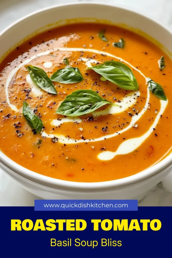 Savor the rich flavors of this roasted tomato basil soup! This easy tomato soup recipe is perfect for a cozy night in and is completely vegan. Enjoy a homemade basil soup that's both comforting and creamy. With roasted tomatoes and fresh ingredients, this creamy tomato basil soup will become a family favorite. Try it today and bring warmth to your table! Save and share for later! #TomatoSoup #VeganRecipes #SoupSeason #HomemadeGoodness