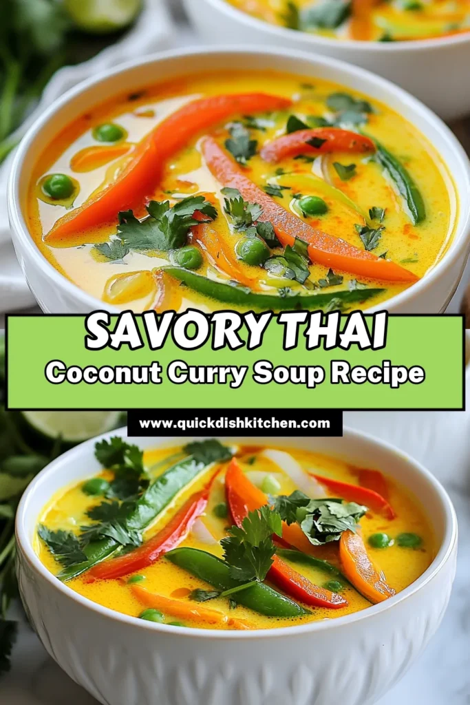Savor the incredible flavors of this Thai coconut curry soup! Perfect as a quick Thai soup recipe, it's made with creamy coconut milk, fresh veggies, and aromatic spices. This vegetarian Thai curry soup is not only delicious but also easy to make, ready in just 30 minutes. If you love a bit of spice, this spicy coconut curry soup will excite your taste buds. Try this coconut milk soup recipe today and enjoy! #ThaiCoconutCurrySoup #CoconutMilkRecipe #VegetarianCurry #QuickSoupRecipe