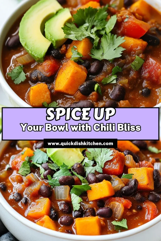 Discover the deliciousness of Sweet Potato Black Bean Chili! This vegetarian chili recipe is packed with flavor and perfect for quick chili meals. Made with tender sweet potatoes, black beans, and hearty spices, it's a healthy chili recipe the whole family will love. Whip up this black bean sweet potato stew in just 50 minutes for a nourishing dinner option. Save this recipe now for your next meal! #SweetPotatoBlackBeanChili #VegetarianChili #HealthyChiliRecipes #QuickChiliMeals