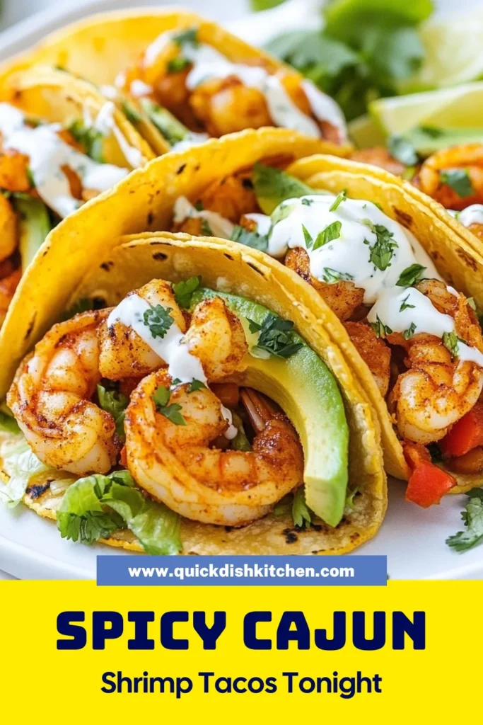 Get ready to spice up your dinner with these Spicy Cajun shrimp tacos! This easy shrimp taco recipe features perfectly seasoned shrimp cooked to perfection with Cajun seasoning shrimp. Top your tacos with fresh shrimp taco toppings like avocado, shredded lettuce, and a zesty sour cream sauce. Perfect for a quick seafood tacos meal that will impress! Save this recipe for your next taco night! #SpicyCajunShrimpTacos #SeafoodTacos #EasyRecipe #TacoNight