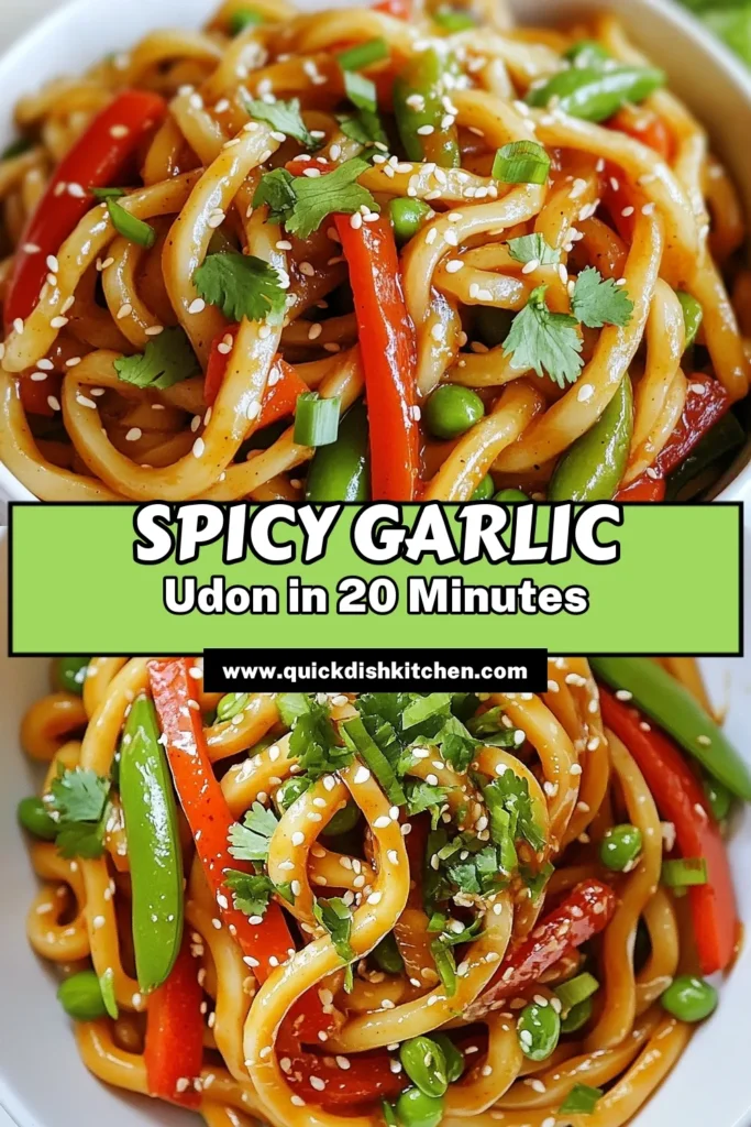 Savor the deliciousness of this Spicy Garlic Udon Stir Fry, a quick udon noodle recipe perfect for busy weeknights. This vegetarian stir fry noodles dish features vibrant veggies and a kick of flavor, making it an easy garlic udon recipe you'll love. Ready in just 20 minutes, it's a healthy stir fry with udon that satisfies your cravings. Try it today and bring excitement to your dinner table! Save the recipe! #UdonNoodles #VeganRecipes #StirFry #QuickMeals