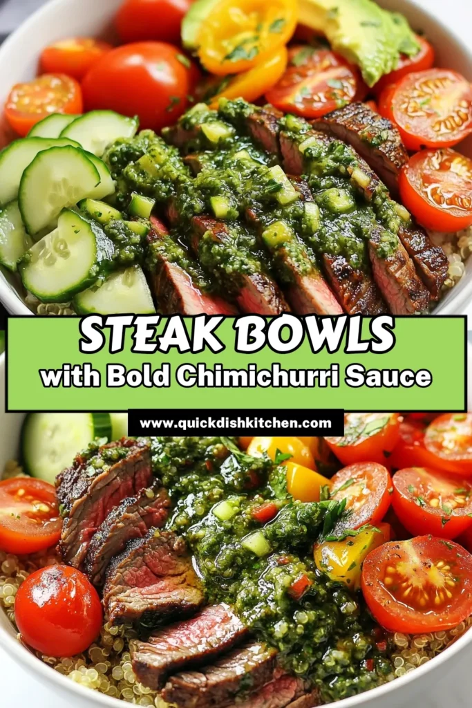 Savor a delicious and nutritious Chimichurri Steak Bowl that's perfect for any meal. This Flank Steak Recipe is quick and easy, featuring tender grilled steak atop a Healthy Quinoa Bowl. Drizzle it with a zesty Chimichurri Sauce Recipe for the ultimate flavor boost. Ideal for meal prep or a fresh dinner idea, this Grilled Steak Bowl is sure to impress. Try it today and elevate your dinner game! #Chimichurri #HealthyRecipes #Steak #QuinoaBowls