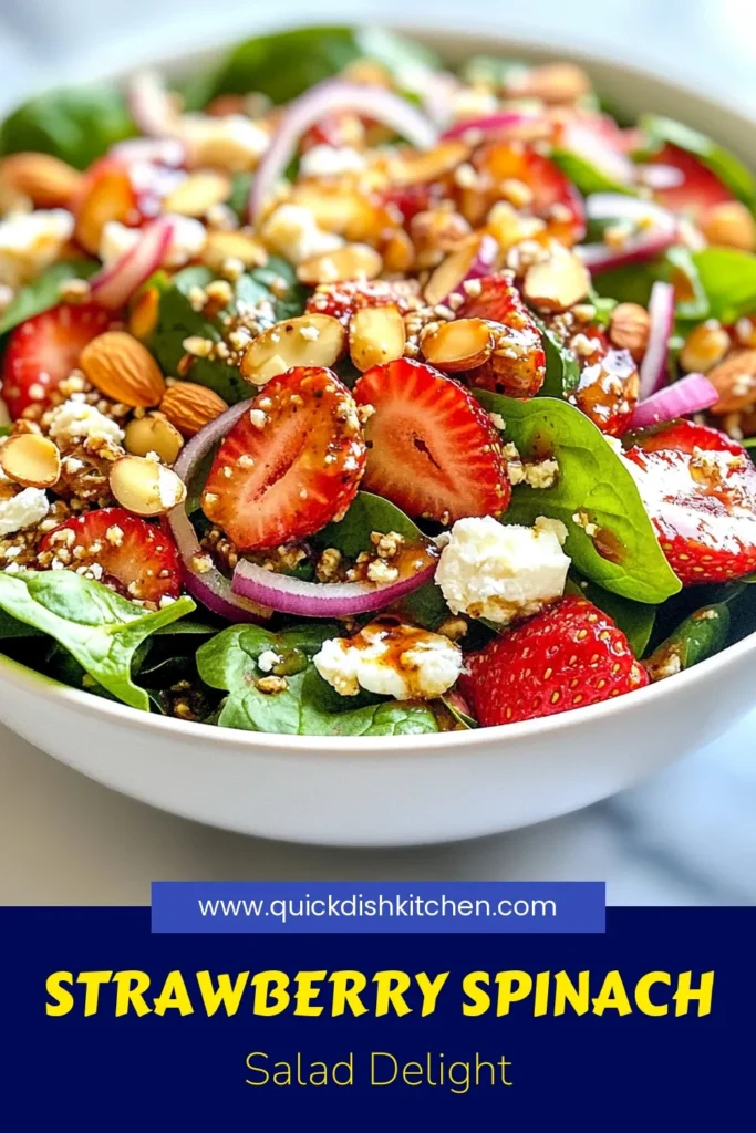 Discover the deliciousness of Strawberry Spinach Salad, a perfect blend of fresh flavors and nutrition. This healthy salad recipe features baby spinach, sweet strawberries, and creamy feta cheese, making it an easy salad with feta that everyone will love. Elevate your meals with this fresh strawberry recipe, complete with a simple dressing. Try this spinach salad with dressing today! Save for later and enjoy! #HealthyRecipes #SaladLovers #FreshIngredients #EasyRecipes