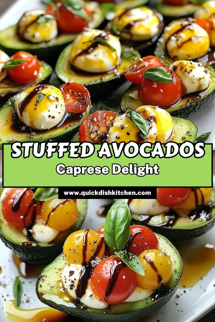 Discover the deliciousness of Caprese stuffed avocados with this easy Caprese recipe! Perfect for a fresh avocado salad, these healthy avocado recipes combine ripe avocados, juicy cherry tomatoes, and fresh mozzarella for a delightful dish. Ready in just 10 minutes, this fresh mozzarella avocado dish is not only quick but also bursting with flavor. Save this Caprese stuffed avocados recipe for your next meal! #AvocadoSaladRecipe #HealthyEating #CapreseAvocado #EasyRecipes