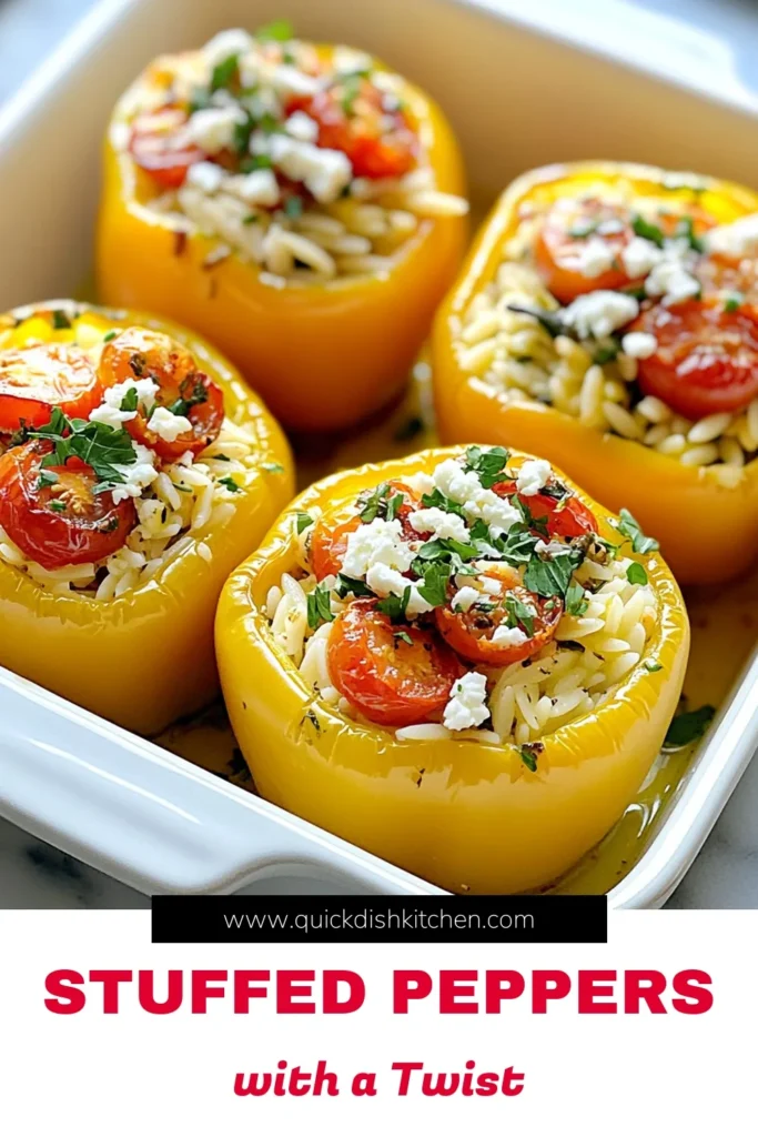 Discover a delicious Mediterranean stuffed peppers recipe that features a flavorful orzo pasta filling! This healthy bell pepper recipe combines orzo, fresh spinach, cherry tomatoes, Kalamata olives, and creamy feta cheese for a satisfying vegetarian stuffed peppers dish. Perfect for meal prep or a family dinner, these Mediterranean Orzo Stuffed Peppers are sure to impress. Try it today and savor the flavors! #MediterraneanRecipes #HealthyEating #VegetarianRecipes #StuffedPeppers