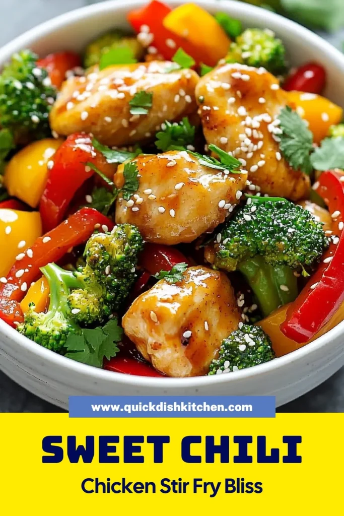 Looking for a quick dinner option? This sweet chili chicken stir fry is an easy chicken stir fry recipe packed with flavor and healthy stir fry with vegetables. In just 25 minutes, you'll have a delicious meal featuring chicken, broccoli, bell peppers, and a mouthwatering Thai sweet chili sauce chicken combination. Perfect for busy weeknights! Save this recipe for a healthy and satisfying dinner. #SweetChiliChicken #EasyStirFryRecipes #QuickDinnerRecipes #HealthyCooking