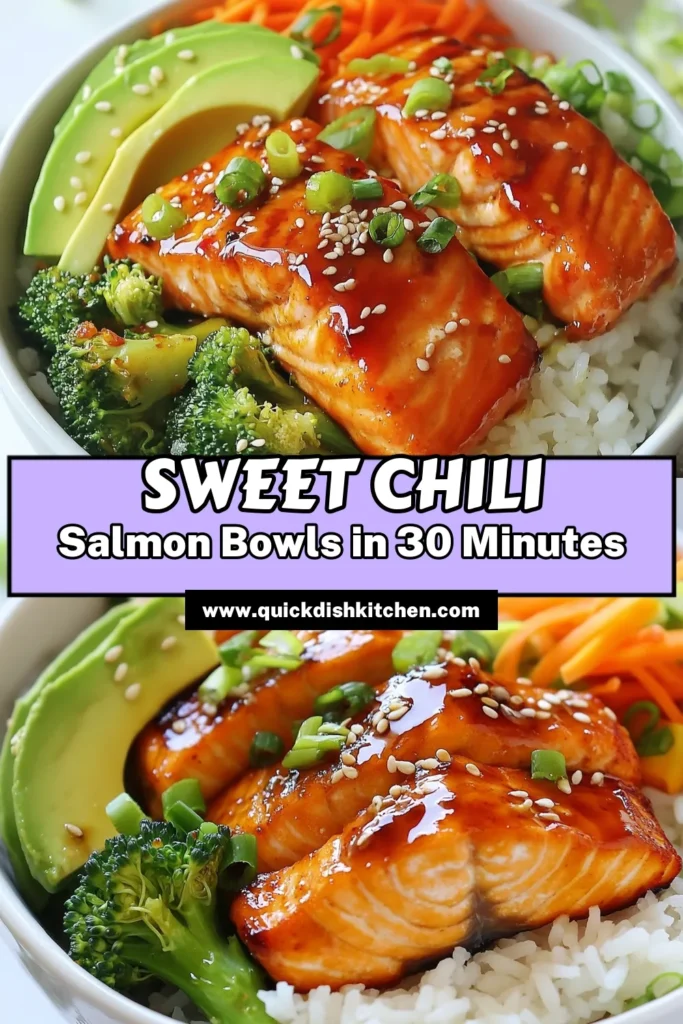 Discover this delicious Sweet Chili Salmon Bowls recipe that combines the flavors of an easy salmon dinner with the freshness of a healthy sushi bowl. This Asian inspired salmon bowl is not only simple to make but also a feast for the eyes! Perfect for busy weeknights, this salmon bowl recipe is packed with nutritious ingredients like broccoli, avocado, and jasmine rice. Try it today and impress your family! Save for later! #SweetChiliSalmon #SalmonBowl #HealthyDinner #AsianInspiredCooking
