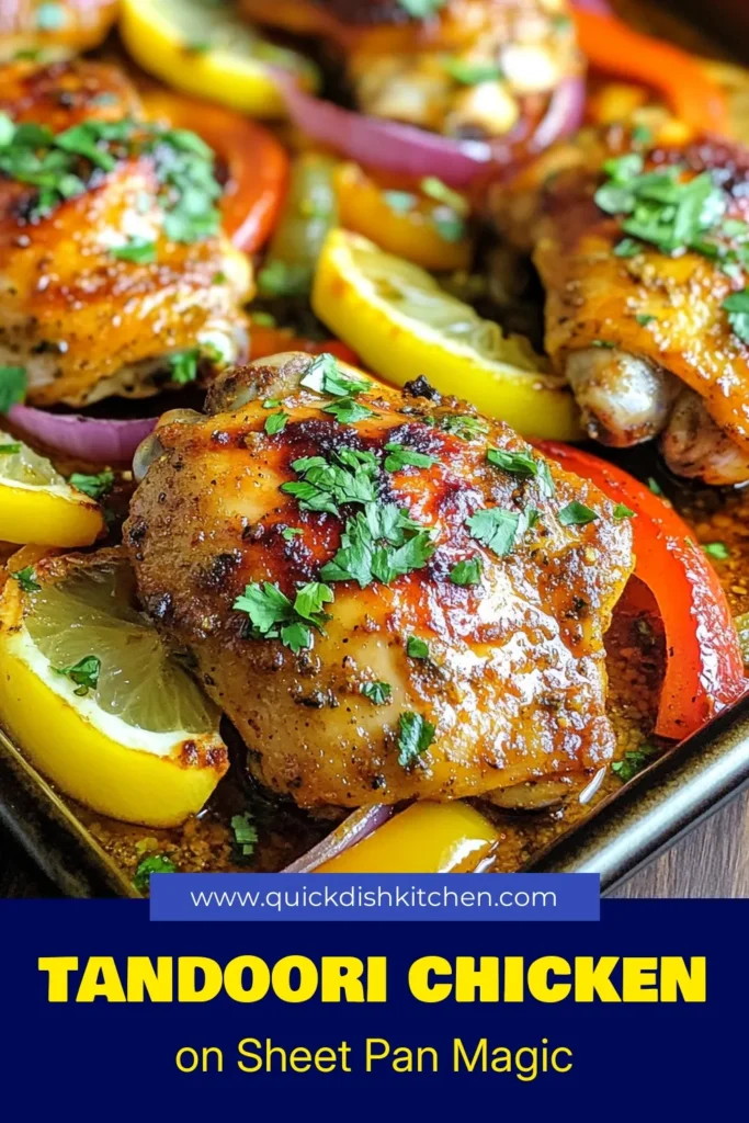 Discover this delicious Tandoori chicken recipe that's perfect for a busy weeknight! This sheet pan meal features juicy marinated chicken thighs roasted with colorful bell peppers and onion, making it an easy dinner recipe you’ll love. Enjoy a flavorful one pan chicken dinner in just 35-40 minutes. Save this recipe for a satisfying meal that everyone will crave! #TandooriChicken #SheetPanMeal #EasyDinnerRecipes #OnePanDinner
