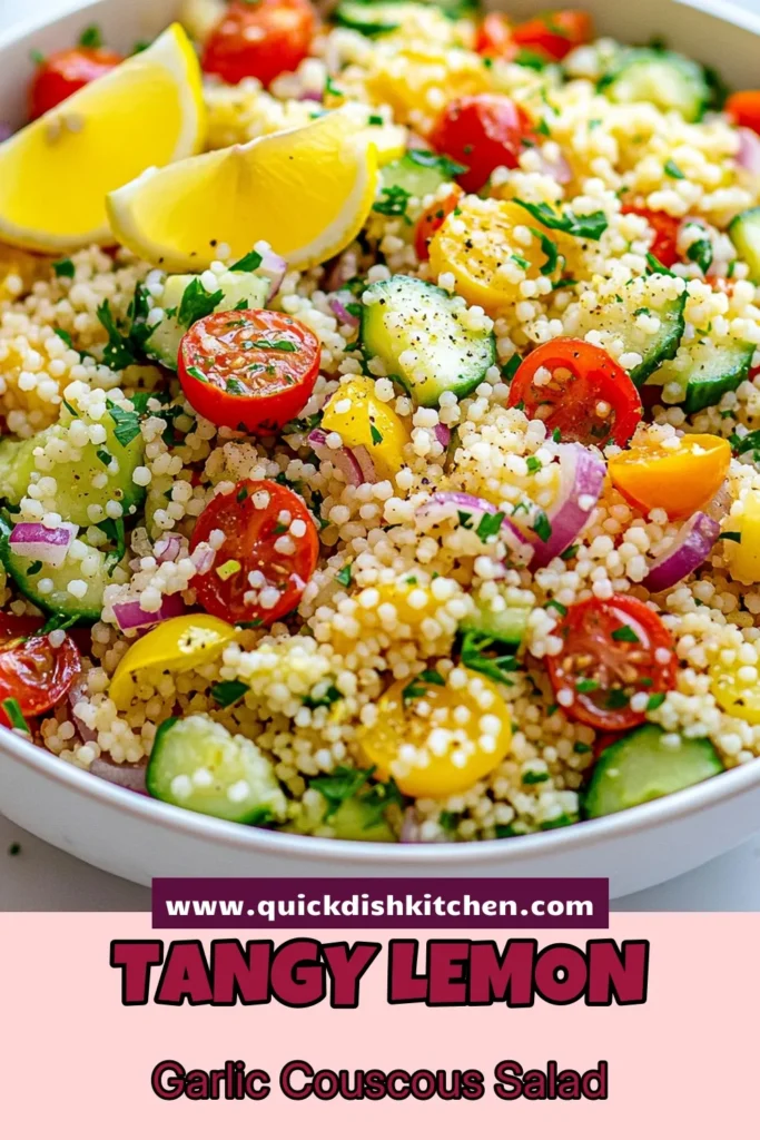 Looking for a tasty and refreshing dish? Try this Lemon Garlic Couscous Salad! Packed with zesty flavors, it's not just a delightful vegetarian side dish but also a great addition to your healthy couscous recipes. This Mediterranean couscous salad combines cherry tomatoes, cucumbers, and fresh herbs for a perfect balance. Ideal for potlucks or as a light meal. Save this recipe and elevate your salad game! #LemonGarlicCouscousSalad #HealthyCouscousRecipes #ZestySaladRecipes #MediterraneanCouscousSalad