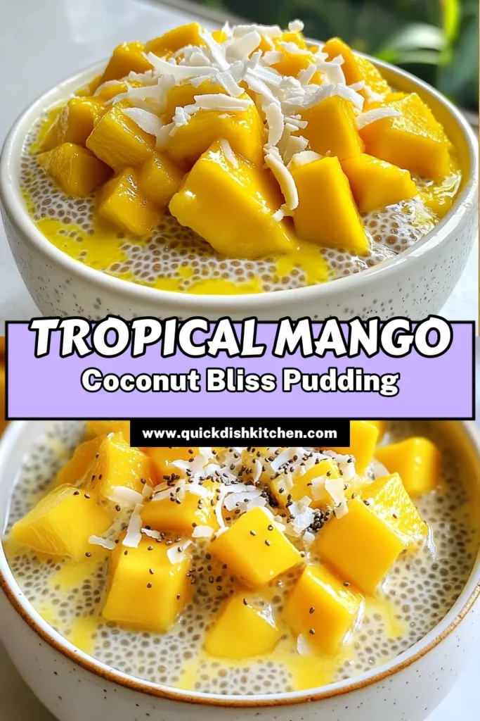 Indulge in the tropical delight of Mango Coconut Chia Pudding! This healthy dessert recipe combines creamy coconut and ripe mango for a delicious vegan chia pudding that's perfect for any occasion. Easy to make and packed with nutrients, it's a blissful treat you can enjoy guilt-free. Ready to experience a taste of the tropics? Save this mango chia pudding recipe and share your creations! #HealthyDessert #VeganChiaPudding #MangoChiaPudding #TropicalChiaPudding