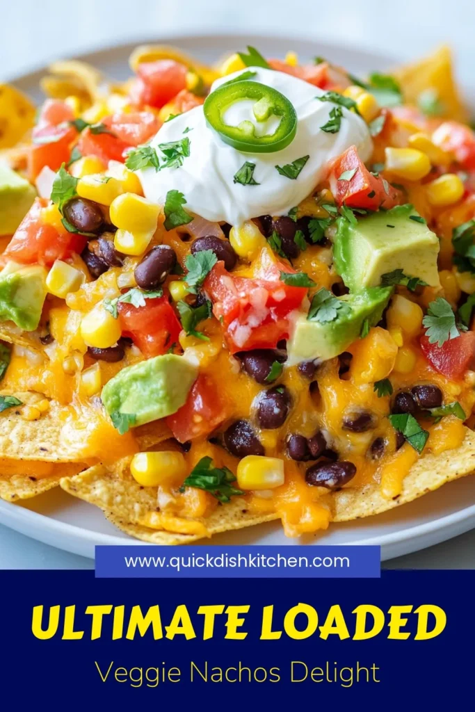 Satisfy your cravings with these loaded veggie nachos! This easy nacho recipe is perfect for a quick snack or party dish. Packed with vegetarian nachos goodness, you'll love the healthy nacho toppings like black beans, corn, fresh veggies, and creamy avocado. Whip up this crowd-pleaser in just 30 minutes! Don't miss out on trying these nachos with black beans tonight. Save this recipe for a delicious treat! #LoadedVeggieNachos #EasyNachoRecipe #VegetarianNachos #HealthyToppings