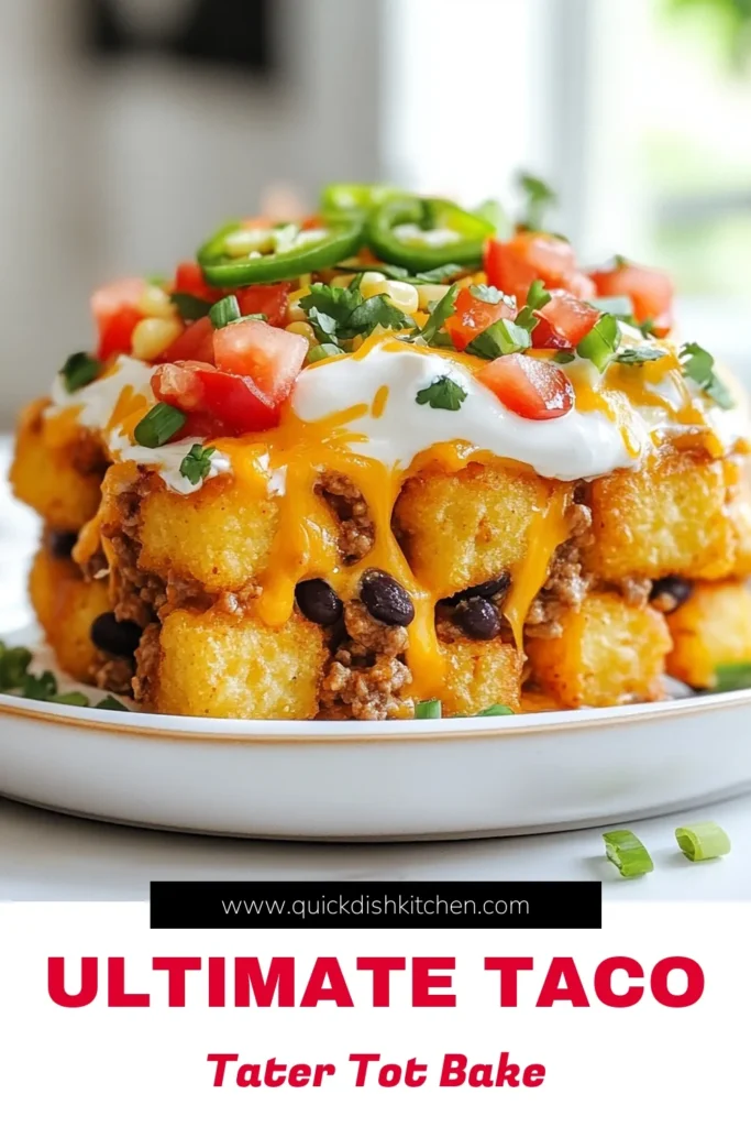 Indulge in a Loaded Taco Casserole that combines your favorite flavors into an irresistible Tater Tot Recipe! This Ground Beef Casserole is perfect for weeknight dinners and will please the whole family. With a rich blend of taco seasoning, black beans, cheddar cheese, and crispy tater tots, this Easy Taco Bake is a cheesy tater tot dish you won't want to miss. Try it today and get ready for a cozy meal! Save this recipe for later! #TacoCasserole #TaterTotRecipe #EasyTacoBake #CheesyDish