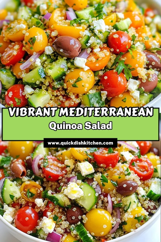 Discover the vibrant flavors of Mediterranean quinoa salad, a perfect blend of fresh ingredients and healthy goodness. This easy Mediterranean recipe features nutritious quinoa, crunchy veggies, and creamy feta, making it one of the best healthy quinoa recipes. Enjoy this delicious vegetarian quinoa dish any day of the week! Try it today and delight your taste buds! Save for later! #MediterraneanQuinoaSalad #QuinoaSaladWithFeta #HealthyRecipes #VegetarianDishes