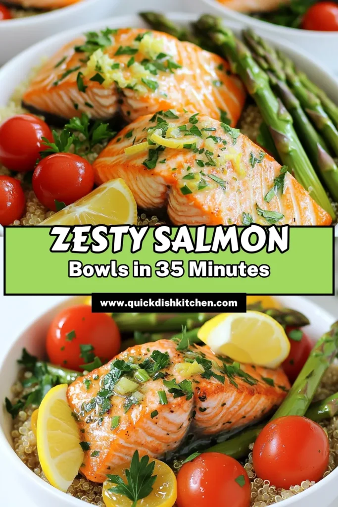 Elevate your dinner routine with these zesty lemon herb salmon bowls! This healthy recipe features tender salmon fillets baked with vibrant cherry tomatoes and asparagus, all served over a fluffy quinoa base. Perfect for a quick weeknight meal, it’s packed with flavor and nutrition. Ready to make a meal that's both delicious and easy? Click through for the full recipe and impress your family tonight! #HealthyEating #SalmonRecipe #QuinoaBowls #DinnerIdeas