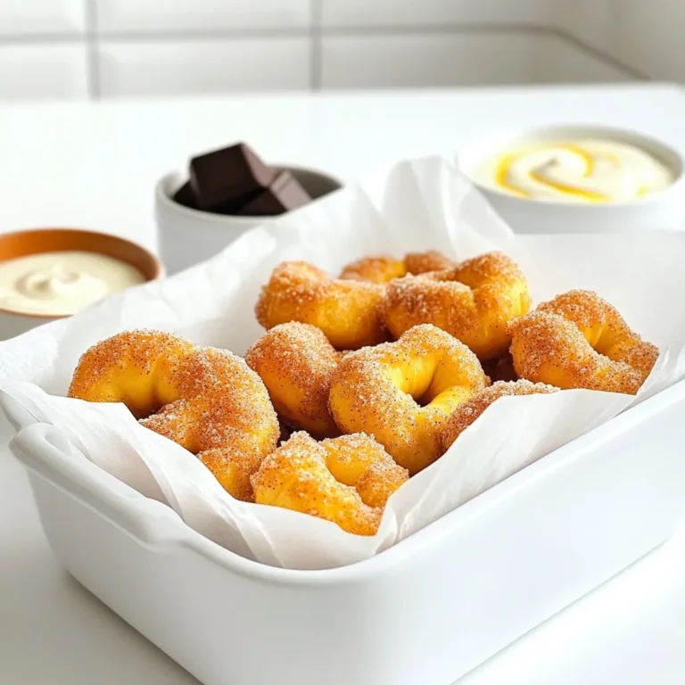 To make these tasty cinnamon sugar pretzel bites, you will need: - 1 cup warm water (110°F) - 1 packet (2 1/4 teaspoons) active dry yeast - 2 tablespoons granulated sugar - 3 cups all-purpose flour - 1 teaspoon salt - 1/4 cup baking soda (for boiling) - 1/2 cup unsalted butter, melted - 1/2 cup granulated sugar (for coating) - 1 tablespoon ground cinnamon You can enhance your pretzel bites with these extras: - Cream cheese for dipping - Chocolate sauce for a sweet touch - Extra cinnamon sugar for more flavor If you need swaps, here are some ideas: - Use bread flour instead of all-purpose flour for a chewier bite. - Swap unsalted butter for coconut oil for a dairy-free option. - For a lower-sugar treat, use a sugar substitute for the cinnamon sugar mix. Start by gathering your ingredients. In a large bowl, mix 1 cup of warm water with the yeast and 2 tablespoons of sugar. Stir gently and let it sit for 5-10 minutes. This helps the yeast activate. You want it to get frothy. Next, add 3 cups of all-purpose flour and 1 teaspoon of salt. Mix until a dough forms. Knead the dough on a floured surface for about 5 minutes. You want it smooth and elastic. After kneading, place it in a greased bowl, cover it with a towel, and let it rise in a warm spot for an hour. The dough should double in size. Once your dough has risen, punch it down. Turn it onto a floured surface and roll it into a rope, about 1 inch thick. Cut this rope into 1-inch pieces for your pretzel bites. In a large pot, boil 4 cups of water and stir in 1/4 cup of baking soda. This step gives the pretzels their classic flavor and texture. Carefully add the pretzel bites in batches to the boiling water. Let them boil for about 30 seconds, then remove them with a slotted spoon. Place the boiled bites on a parchment-lined tray to cool slightly. Preheat your air fryer to 350°F (180°C). Brush the boiled pretzel bites with melted butter. Arrange them in a single layer in the air fryer basket. Make sure there’s space between each piece. Air fry for 5-7 minutes until they turn golden brown. While they cook, mix 1/2 cup of sugar with 1 tablespoon of ground cinnamon in a bowl. When the pretzel bites are done, roll them in the cinnamon sugar mixture while they’re still warm. Enjoy the sweet, crispy bites! To get the right dough, use warm water around 110°F. This helps the yeast wake up. Mix the yeast and sugar first, then let it foam. If it doesn’t foam, your yeast might be old. When you add flour, aim for a smooth dough that isn’t too sticky. Knead it for about five minutes. This makes the dough elastic. If it feels too dry, add a tiny bit of water. If too wet, add a little flour. When boiling the pretzel bites, make sure the water is at a strong boil. Add the baking soda carefully to avoid a mess. Boil each bite for 30 seconds. This step gives them that classic pretzel taste. After boiling, place them on a parchment-lined tray. This helps prevent sticking. When air frying, keep space between the bites. They need room to puff up and cook evenly. Check them at five minutes to see how they look. Mix sugar and cinnamon in a bowl while the pretzel bites fry. As soon as they come out, roll them in the mixture while they are warm. The warmth helps the sugar stick better. For a stronger flavor, add more cinnamon to the sugar mix. If you want a fun twist, try adding a pinch of nutmeg or vanilla to the sugar. This adds depth to the flavor and makes them even more special. {{image_2}} You can create many fun flavors for your pretzel bites. Try adding garlic powder to the dough for a savory twist. You can also mix herbs like rosemary or thyme for added depth. For a cheesy treat, fold in shredded cheese before shaping the bites. You could even try a spicy kick by adding a pinch of cayenne pepper to the cinnamon sugar mix. If you need a gluten-free option, you can use a gluten-free flour blend. Make sure to choose a blend that contains xanthan gum. This will help the dough hold together well. Follow the same steps as in the original recipe. Just be sure to check for any other ingredients that may contain gluten. These pretzel bites are great on their own, but you can elevate them. Serve them warm in a basket lined with parchment paper. Add small bowls of cream cheese or chocolate dip on the side. You can also pair them with a sweet glaze made from powdered sugar and milk. This adds another layer of flavor that everyone will enjoy. To keep your leftover pretzel bites fresh, place them in an airtight container. They stay good for up to three days at room temperature. If you want to keep them longer, store them in the fridge. Just make sure they cool down first. This helps them stay soft and tasty. When you're ready to eat your leftover pretzel bites, you can reheat them easily. Preheat your air fryer to 350°F. Place the bites in the basket for about 3-4 minutes. This will make them warm and crispy again. You can also use the microwave, but they won’t be as crispy. Heat them for about 10-15 seconds, checking often. If you want to save some pretzel bites for later, freezing is a great option. Lay them out on a baking sheet and freeze them for about an hour. Once frozen, transfer them to a freezer bag. They will last for up to three months. When you're ready to eat, just pop them in the air fryer straight from the freezer. Cook for 7-9 minutes at 350°F. Enjoy your tasty snack anytime! Yes, you can use active dry yeast. Just be sure to activate it first. Mix it with warm water and sugar. Let it sit until it foams. This usually takes about 5 to 10 minutes. Instant yeast can go straight into the dough mix. It is quicker and doesn't need activation. Both types work well for this recipe. You will know they are done when they turn a nice golden brown. Check them at around 5-7 minutes in the air fryer. They should feel firm to the touch. If they look pale, give them more time. You want them crispy outside and soft inside. A fork can help you check if they are cooked through. Cinnamon sugar pretzel bites taste great with a few dips. Cream cheese dip is a classic choice. You can also try chocolate sauce for a sweet treat. For something different, warm vanilla sauce is delicious too. If you want a savory option, a cheese sauce works well. Get creative and enjoy! You learned how to make tasty pretzel bites using simple ingredients. We covered preparing the dough, boiling, and air frying. I shared tips for perfect dough and cooking. You saw flavor variations and storage tips too. Remember, practice makes perfect. Don’t hesitate to try new flavors and dips. Enjoy your pretzel bites fresh and warm for the best taste!