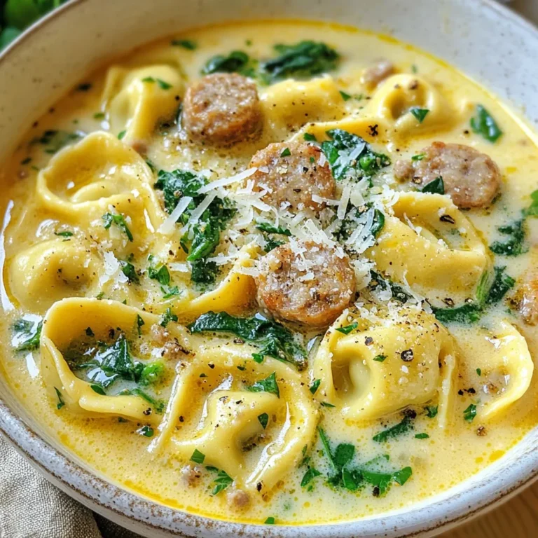 To make a tasty Creamy Sausage Tortellini Soup, you need simple ingredients. Here’s what to gather: - 1 pound Italian sausage (choose sweet or spicy) - 1 medium onion, diced - 3 cloves garlic, minced - 4 cups chicken broth - 2 cups fresh spinach - 1 package (9 oz) cheese tortellini - 1 cup heavy cream - 1 teaspoon Italian seasoning - Salt and pepper to taste These ingredients form the base of your soup. The sausage adds flavor, while the tortellini gives it heartiness. You can enhance this soup with several tasty additions. Consider these options: - Carrots, diced, for sweetness and color - Celery, diced, for extra crunch - Red pepper flakes, for some heat - Fresh herbs like thyme or basil, for freshness These additions can make your soup even richer and more enjoyable. Garnishing your soup makes it look nice and adds flavor. Here are some ideas: - Grated Parmesan cheese, for a salty touch - Chopped fresh parsley, for color and freshness - A drizzle of olive oil, for richness These garnishes not only add visual appeal but also enhance the taste. Enjoy your delicious and creamy soup! {{ingredient_image_1}} Start with a large pot over medium heat. Add 1 pound of Italian sausage. Break it up with a spatula as it cooks. You want it browned, which takes about 5-7 minutes. If there is too much fat, drain it. Now, add 1 medium diced onion to the pot. Cook it for about 3-4 minutes until it softens. Next, stir in 3 minced garlic cloves. Cook for another minute until the garlic smells great. Pour in 4 cups of chicken broth. Bring the mix to a gentle simmer. Once it simmers, add 1 package (9 oz) of cheese tortellini. Sprinkle in 1 teaspoon of Italian seasoning. Cook the tortellini according to the package, usually 3-5 minutes. You want the tortellini to be tender but not mushy. Once the tortellini is ready, stir in 2 cups of fresh spinach. Then add 1 cup of heavy cream. Let the soup simmer for another 2-3 minutes. This helps the spinach wilt and heats the soup through. Finally, season with salt and pepper to taste. Serve hot, topped with grated Parmesan cheese and fresh parsley. Enjoy your creamy sausage tortellini soup! Pick high-quality Italian sausage for great flavor. Look for fresh sausage at the store. You can choose sweet or spicy based on your taste. Sweet sausage adds a nice balance, while spicy sausage gives more kick. Check the ingredients to avoid fillers. Always go for sausage made with real meat. To get the creamiest soup, use heavy cream. Add it at the end of cooking. This keeps the cream from curdling. Stir it in slowly and let it heat gently. You can also blend a bit of the soup for extra creaminess. Using fresh spinach adds a nice touch and keeps the texture light. Avoid overcooking the tortellini. Follow package instructions closely. Overcooked tortellini can become mushy. Don’t skip draining the sausage fat if there is too much. This helps keep the soup from being greasy. Lastly, taste as you go. Adjust the salt and pepper for your perfect flavor. Pro Tips Choose Your Sausage Wisely: The type of Italian sausage you use will greatly affect the flavor of your soup. Sweet sausage offers a mild flavor, while spicy sausage adds a kick. Feel free to mix both for a balanced taste! Fresh Spinach Boost: Adding the spinach at the end of cooking ensures it retains its vibrant color and nutrients. If you prefer a stronger spinach flavor, you can add it earlier in the cooking process. Perfect Creaminess: For a richer soup, consider using half-and-half or a combination of heavy cream and whole milk. This will give you a creamy texture without being overly heavy. Garnish for Flavor: Don't skip the Parmesan and parsley garnish! They not only enhance the presentation but also add layers of flavor that elevate the overall dish. {{image_2}} If you want a meat-free version, swap the sausage for mushrooms. Use about 1 pound of sliced mushrooms. They add great flavor and texture. You can also add more veggies like zucchini or carrots for extra nutrients. For protein, use beans or lentils. They make the soup hearty and filling. To boost the flavor, try adding sun-dried tomatoes or roasted red peppers. These ingredients add sweetness and depth. You could also use vegetable broth instead of chicken broth. This makes the soup lighter and adds a nice herb taste. For a spicy kick, sprinkle in some crushed red pepper flakes. If you can’t find tortellini, don’t worry! You can use any small pasta. Try shells, ditalini, or even elbow macaroni. Just make sure to adjust the cooking time. Cook the pasta according to package directions before adding it to the soup. This way, the texture stays just right. You can store leftover creamy sausage tortellini soup in an airtight container. Let the soup cool first. Then, place it in the fridge. It stays fresh for about 3-4 days. Make sure to label the container with the date. This helps you keep track of how long it has been stored. If you want to freeze the soup, use a freezer-safe container. Leave some space at the top for expansion. You can freeze it for up to 3 months. When you want to eat it, move it to the fridge overnight. This helps it thaw slowly and safely. Reheat the soup on the stove over medium heat. Stir it often to prevent sticking. If the soup is too thick, add a splash of broth or cream. Heat until it is hot all the way through. You can also use a microwave, but stir halfway to heat evenly. Enjoy your warm bowl of soup! To make creamy sausage tortellini soup gluten-free, use gluten-free tortellini. Many stores sell this option. Also, check the chicken broth label. Some brands add gluten. This way, you still enjoy the same rich taste without gluten. Yes, you can use frozen tortellini! Just add it to the pot straight from the freezer. Increase the cooking time by a few minutes. Frozen tortellini cooks well in the soup and still tastes great. This soup stays fresh in the fridge for about 3-4 days. Store it in an airtight container. If you want to keep it longer, consider freezing it. I suggest pairing this soup with fresh bread or a side salad. Garlic bread works well too! These sides add crunch and flavor, making your meal even better. This blog post covered all you need to make creamy sausage tortellini soup. We explored the main ingredients, tasty additions, and garnishes to enhance flavor. I shared step-by-step instructions to guide you through cooking. Tips helped you choose the right sausage and avoid common mistakes. We also looked at delicious variations and storage tips for leftovers. Now, grab your ingredients and get cooking! Enjoy your warm bowl of soup.