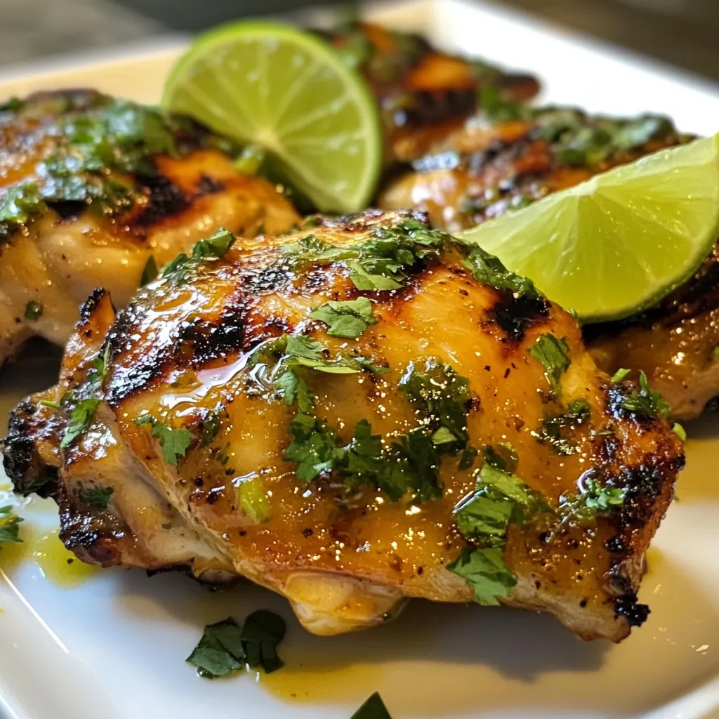 - 4 chicken thighs, skinless and boneless - 1/4 cup fresh cilantro, finely chopped - 2 tablespoons lime juice (about 1 lime) - 3 cloves garlic, minced - 1 teaspoon ground cumin - 1 teaspoon chili powder - 1 teaspoon honey - 1/2 teaspoon salt - 1/4 teaspoon black pepper - 2 tablespoons olive oil The core ingredients create a fresh and zesty flavor. Chicken thighs stay juicy, while lime and cilantro add brightness. Garlic, cumin, and chili powder round out the taste. - 1/2 teaspoon smoked paprika - 1 tablespoon soy sauce - Zest of 1 lime Adding smoked paprika gives a nice depth. Soy sauce brings umami, and lime zest boosts the citrus flavor. Feel free to mix and match these extras to suit your taste. - Lime wedges - Extra cilantro Garnishes are key to presentation. Lime wedges add color and flavor. Extra cilantro looks great and enhances the fresh taste. These simple touches elevate your dish. {{ingredient_image_1}} To start, grab a medium bowl. In this bowl, whisk together the lime juice, minced garlic, ground cumin, chili powder, honey, salt, and black pepper. Mix well until it’s smooth. The lime juice gives a bright flavor, while the spices add warmth. Finally, add the chopped cilantro. Stir again to combine everything. Next, take your chicken thighs and place them in a resealable plastic bag or a shallow dish. Pour the marinade over the chicken. Make sure each piece is covered with the mix. Seal the bag or cover the dish tightly. Place it in the fridge for at least 30 minutes. If you have more time, marinate for up to 4 hours. This helps the flavors soak in. Now it’s time to cook! You can choose between grilling or using a skillet. If you grill, preheat the grill to medium-high heat. Add olive oil to keep the chicken from sticking. Place the marinated chicken thighs on the grill. Cook for about 5-7 minutes on each side. Look for a nice brown color and grill marks. If you use a skillet, heat it over medium-high heat. Add oil and cook the chicken the same way. Always check that the chicken reaches 165°F inside. Once cooked, let it rest for a few minutes before slicing. This keeps it juicy. Serve with lime wedges and extra cilantro for a fresh touch. To get the best flavor from your cilantro lime chicken thighs, use fresh ingredients. Fresh cilantro and lime juice make a big difference. I always chop the cilantro finely to release its oil and aroma. Let the chicken marinate for at least 30 minutes. For stronger flavors, marinate for up to 4 hours. This time allows the flavors to soak in well. Cook the chicken thighs at medium-high heat. This ensures they get nice grill marks and stay juicy. Aim for about 5-7 minutes on each side. Always check the internal temperature. It should reach 165°F (75°C) to ensure they're safe to eat. Let the chicken rest for a few minutes after cooking. This helps keep the juices locked in. If your chicken turns out dry, it may have cooked too long. Keep an eye on the grill or skillet. If the flavor is too strong, try adding more lime juice to balance it out. For extra moisture, brush the chicken with olive oil while cooking. If you run out of fresh cilantro, try using parsley as a substitute. It won't give the same flavor, but it works in a pinch. Pro Tips Marinate Longer for More Flavor: For the best flavor, marinate the chicken thighs for at least 4 hours, or even overnight if you have the time. Use Fresh Ingredients: Fresh cilantro and lime juice make a significant difference in the flavor profile. Avoid bottled lime juice if possible. Check for Doneness: Always use a meat thermometer to ensure your chicken is cooked to an internal temperature of 165°F (75°C) for safety. Rest the Chicken: Let the chicken rest for a few minutes after cooking. This helps retain juices and ensures a tender bite. {{image_2}} To add some heat, you can make spicy cilantro lime chicken thighs. Start by adding sliced jalapeños or a dash of cayenne pepper to the marinade. This extra spice pairs well with the lime and cilantro. Adjust the amount based on your heat preference. The spicy kick can turn this dish into a flavor party. You can also create a colorful, healthy dish by adding vegetables. Bell peppers, zucchini, and red onion work great. Toss them in the marinade with the chicken. These veggies will soak up the flavors and cook beautifully. You can grill them alongside the chicken or sauté them in the skillet. It makes for a tasty and vibrant meal. If you don’t have a grill, don’t worry! You can cook these thighs in the oven or air fryer. For the oven, preheat it to 400°F (200°C). Place the marinated chicken on a baking sheet and cook for 25-30 minutes. Check that the internal temperature hits 165°F (75°C). For the air fryer, set it to 375°F (190°C). Cook the chicken thighs for 18-20 minutes, flipping halfway. Both methods yield juicy chicken with a delicious crust. To keep leftover cilantro lime chicken thighs fresh, place them in an airtight container. Make sure to cool them to room temperature first. Store the container in the fridge for up to three days. This will help keep the chicken juicy and full of flavor. If you notice any excess marinade in the container, pour it out to prevent sogginess. When you want to enjoy your leftovers, reheating them properly is key. Preheat your oven to 350°F (175°C). Place the chicken thighs in a baking dish and cover them with foil. Heat for about 15-20 minutes until warmed through. This method helps retain moisture and keeps the chicken tender. You can also use a microwave, but be careful not to overheat, as this can dry out the chicken. If you want to store cilantro lime chicken thighs for a longer time, freezing is a great option. First, let the chicken cool down completely. Then, wrap each thigh tightly in plastic wrap, followed by aluminum foil. This will prevent freezer burn. Label the package with the date, and store in the freezer for up to three months. When you’re ready to eat, thaw in the fridge overnight and reheat as mentioned above. This way, you can enjoy this tasty dish anytime! Yes, you can use bone-in chicken thighs. They add flavor and moisture. Just adjust your cooking time as bone-in thighs take longer to cook. Aim for an internal temperature of 165°F (75°C) to ensure they are safe to eat. To keep the chicken juicy, marinate it for at least 30 minutes. The lime juice and honey help tenderize the meat. Cook over medium-high heat and avoid overcooking. Letting the chicken rest after cooking also helps keep it tender. Cilantro lime chicken thighs pair well with many sides. Consider serving them with: - Rice or quinoa for a hearty base - Grilled vegetables for added color and nutrients - A fresh salad for crunch - Tortillas for fun wraps - Guacamole and salsa for a tasty twist These sides enhance the meal and add more flavor to your plate. Enjoy experimenting! In this post, we covered the key ingredients needed for cilantro lime chicken thighs, followed by easy steps to prepare and cook them. We shared tips for flavor, timing, and common cooking issues to help you succeed. You learned variations to try, plus storage and reheating advice. Use these insights to make a flavorful dish your family will love. Enjoy experimenting with flavors and methods. Remember, cooking should be fun and rewarding.