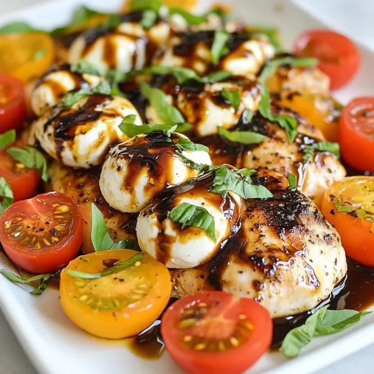 - 4 boneless, skinless chicken breasts - 1 cup cherry tomatoes, halved - 8 oz fresh mozzarella balls, halved - 1 cup fresh basil leaves - 1/2 cup balsamic glaze - 3 tablespoons olive oil - 2 cloves garlic, minced - Salt and pepper to taste - Optional: 1/4 teaspoon red pepper flakes for heat To make Balsamic Glazed Caprese Chicken, gather these simple ingredients. Each one plays a key role in creating rich flavors. The chicken breasts serve as the base, while cherry tomatoes add some sweetness. Fresh mozzarella brings creaminess, and basil adds a fresh touch. The balsamic glaze ties everything together with a tangy sweetness. Garlic enhances the aroma, and olive oil helps with cooking. You can add salt, pepper, and red pepper flakes for extra flavor. This ingredient list is easy to follow. You can find these items at any grocery store. Choosing fresh ingredients is crucial for the best taste. If you like, you can make small changes to suit your tastes. Enjoy the process of cooking and feel free to experiment! {{ingredient_image_1}} 1. First, preheat your oven to 400°F (200°C). This makes sure the chicken cooks evenly. 2. Next, grab a large oven-safe skillet. Heat three tablespoons of olive oil over medium heat. 3. Add two cloves of minced garlic and sauté for about one minute. You want it fragrant but not burnt. 1. Now, take your four boneless, skinless chicken breasts. Season them with salt, pepper, and red pepper flakes if you like a little heat. 2. Place the chicken in the hot skillet. Cook each side for about 5-7 minutes. Look for a golden brown color on both sides. 3. To check for perfect browning, ensure the chicken lifts easily from the skillet. If it sticks, give it more time. 1. While the chicken cooks, prepare the balsamic glaze. Mix half a cup of balsamic glaze with a tablespoon of water if you want it thinner. 2. Once the chicken is browned, lower the heat. Add one cup of halved cherry tomatoes around the chicken in the skillet. 3. Drizzle the balsamic glaze over the chicken and tomatoes. This adds great flavor! 4. Place eight ounces of halved fresh mozzarella balls on top of the chicken. 5. Transfer the skillet to your preheated oven. Bake for 15-20 minutes. The chicken should reach 165°F (74°C) inside. 6. In the last five minutes, sprinkle fresh basil leaves on top. This will make your dish look and taste amazing. To ensure chicken is cooked through, use a meat thermometer. Aim for an internal temperature of 165°F (74°C). This guarantees the chicken is safe to eat and juicy. If you don’t have a thermometer, cut into the thickest part of the breast. The meat should be white, not pink. You can cook this dish on the grill or stovetop. For grilling, marinate the chicken with olive oil and spices. Grill it over medium heat for about 7-8 minutes per side. On the stovetop, follow the same steps as the oven method. Just keep an eye on the heat. Fresh herbs make a big difference in flavor. Use fresh basil for a bright taste. If you have dried herbs, you can use them too, but reduce the amount. Dried herbs are stronger, so use about one-third of the amount. For a homemade balsamic glaze, combine balsamic vinegar and brown sugar in a saucepan. Heat until it thickens. This gives you a rich flavor that’s hard to beat. You can adjust the sweetness to your liking. Serve the chicken on a large platter. Scatter extra cherry tomatoes and mozzarella around it. This adds color and makes the dish look inviting. Drizzle some balsamic glaze on top for shine. Garnish with whole basil leaves for an extra pop of green. You can also add a sprinkle of freshly cracked black pepper. This adds a nice touch and makes the dish even more appealing. Pro Tips Use Fresh Ingredients: Always opt for fresh basil, mozzarella, and ripe cherry tomatoes for the best flavor and texture in your dish. Rest the Chicken: Allow the chicken to rest for a few minutes after baking. This helps retain its juices, ensuring it stays moist and flavorful. Customize the Glaze: Adjust the balsamic glaze thickness by mixing with a bit of water if desired. This can help it coat the chicken and tomatoes evenly. Experiment with Seasoning: Feel free to add different herbs such as oregano or thyme for an extra layer of flavor that complements the basil. {{image_2}} Using different types of cheese can change the dish. You might try goat cheese or feta instead of mozzarella. Each cheese adds its unique flavor. Alternatives to cherry tomatoes are also easy. You can use grape tomatoes or even diced bell peppers. These options provide a nice twist while keeping the dish fresh. Making it keto-friendly is simple. Swap the balsamic glaze for a low-carb version. You can also reduce the tomatoes to cut carbs. This keeps your meal tasty and healthy. For gluten-free variations, ensure all ingredients are gluten-free. The chicken, tomatoes, and cheese are naturally gluten-free. Just check the glaze, as some may contain gluten. Adding Mediterranean flavors gives a new touch. Consider adding olives or artichokes for depth. These ingredients can enhance the dish's taste profile. Suggestions for spice variations include using smoked paprika or cumin. These spices can add warmth and complexity to the flavors. You can adjust the spice level based on your taste. To keep your Balsamic Glazed Caprese Chicken fresh, let it cool first. Place the chicken in an airtight container. Refrigerate it for up to three days. If you want to keep it longer, freezing is a great option. Wrap the chicken tightly in plastic wrap and then place it in a freezer bag. It can last up to three months in the freezer. When it’s time to eat your leftovers, avoid drying them out. The best method is to reheat in the oven. Preheat your oven to 350°F (175°C). Place the chicken in an oven-safe dish, cover it with foil, and heat for about 20 minutes. Check to ensure it’s hot throughout. If you’re in a hurry, a microwave works too. Heat on medium power for 2-3 minutes, stirring halfway through. Enjoy your meal that tastes almost as good as fresh! Can I prepare this dish ahead of time? Yes, you can prepare parts of this dish ahead. Season and brown the chicken, then store it in the fridge. You can add the tomatoes and glaze when you are ready to bake. What can I serve with Caprese Chicken? Caprese Chicken pairs well with simple sides. Try serving it with garlic bread or a fresh green salad. Pasta tossed in olive oil is also a great option. How do I know when the chicken is fully cooked? The chicken is done when it reaches an internal temperature of 165°F (74°C). You can use a meat thermometer to check this. If you cut into the chicken, the juices should run clear. Can I use another glaze instead of balsamic? Yes, feel free to switch the glaze! A honey garlic glaze or a teriyaki sauce would work well. Each option gives a unique flavor. Just adjust the seasoning to match your glaze choice. This blog post covered a simple and tasty balsamic glazed Caprese chicken recipe. You learned about key ingredients, step-by-step cooking tips, and creative variations. We discussed storage practices and answered common questions about this dish. In summary, this recipe is easy and flexible. You can adjust it to suit your tastes. Try it out and enjoy a delicious meal that impresses everyone!