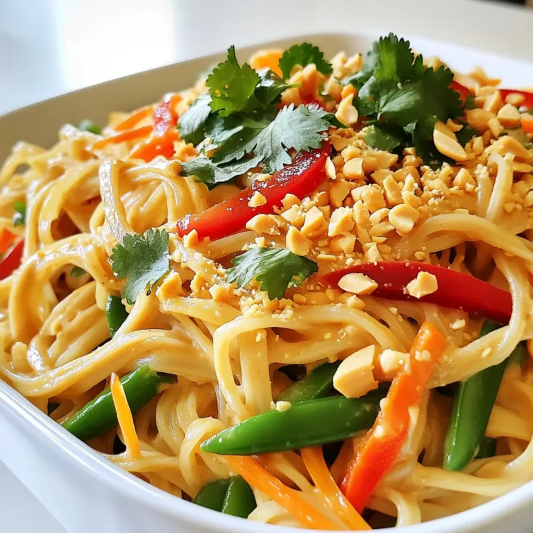 To make Spicy Thai Peanut Noodles, you need the following key ingredients: - 8 oz (225 g) rice noodles - 1 cup creamy peanut butter - 3 tablespoons soy sauce (or tamari for gluten-free) - 2 tablespoons lime juice - 1 tablespoon brown sugar - 1-2 teaspoons sriracha (adjust based on spice preference) - 1 cup coconut milk - 1 red bell pepper, sliced thinly - 1 cup shredded carrots - 1 cup snap peas - 3 green onions, chopped - 1 tablespoon sesame oil (for cooking) - Crushed peanuts and chopped cilantro for garnish These ingredients give the dish a rich flavor and great texture. If you can't find some ingredients, here are some common substitutes: - Rice noodles: Use any thin noodles like spaghetti or soba. - Soy sauce: Replace with coconut aminos for a soy-free option. - Creamy peanut butter: Almond or cashew butter works too. - Coconut milk: Use heavy cream or dairy-free milk if needed. - Sriracha: Hot sauce or chili paste can be used instead. These swaps will still keep your noodles tasty. To add a finishing touch, consider these optional garnishes: - Crushed peanuts for crunch - Chopped cilantro for fresh flavor - Lime wedges for a zesty kick These garnishes enhance the flavor and look of your dish. To start, boil water in a large pot. Once it bubbles, add 8 oz of rice noodles. Cook them according to the package directions until they are al dente. This usually takes about 4 to 6 minutes. After cooking, drain the noodles in a colander. Rinse them under cold water to stop the cooking process. Set the noodles aside while you prepare the sauce and vegetables. In a medium mixing bowl, combine 1 cup of creamy peanut butter, 3 tablespoons of soy sauce, and 2 tablespoons of lime juice. Add 1 tablespoon of brown sugar and 1 to 2 teaspoons of sriracha, depending on how spicy you want the dish. Pour in 1 cup of coconut milk. Whisk everything together until it is smooth and well-mixed. This sauce will give the noodles their rich flavor. Now, heat 1 tablespoon of sesame oil in a large skillet over medium heat. Add thinly sliced red bell pepper, shredded carrots, and snap peas. Sauté for about 5 minutes. You want the veggies to be tender but still crisp. This step adds great texture and flavor to the meal. Once your vegetables are ready, it’s time to add the noodles. Place the cooked rice noodles into the skillet with the veggies. Pour the peanut sauce over the top. Toss everything together gently. Make sure the noodles are well-coated in the sauce. Heat everything through for a couple of minutes. Remove the skillet from the heat. Stir in chopped green onions for a fresh touch. Portion the noodles into bowls. Top each bowl with crushed peanuts and chopped cilantro. This adds crunch and a burst of flavor. Enjoy your Spicy Thai Peanut Noodles hot for a quick and tasty meal! To get the sauce just right, mix the peanut butter with coconut milk first. This keeps the sauce smooth. If it feels too thick, add a bit more coconut milk. You want it creamy but pourable. The lime juice helps balance flavors and adds a fresh taste. Adjust the sriracha for more heat. If you want it sweeter, add a bit more brown sugar. When cooking rice noodles, always check the package for timing. They can turn mushy if overcooked. After boiling, rinse them under cold water to stop the cooking. This keeps them firm and prevents clumping. Toss the noodles with a little sesame oil right after cooking. This adds flavor and keeps them from sticking together. To change the spice level, simply adjust the amount of sriracha. Start with one teaspoon if you like it mild. You can always add more later. If you want a cooler dish, serve it with lime wedges. This adds freshness without the heat. If you prefer more spice, try adding chili flakes or a dash of hot sauce when serving. This gives you control over your heat level. {{image_2}} You can customize your Spicy Thai Peanut Noodles by adding proteins. Chicken, tofu, or shrimp works well. For chicken, cook bite-sized pieces until golden. Add them to the noodles after sautéing the veggies. If using shrimp, cook them until pink and tender. Tofu is an excellent choice for a vegan meal. Sauté cubed tofu until crisp before mixing it in. This not only adds protein but also enhances flavor. Feel free to mix in different vegetables for variety. Broccoli, bell peppers, and zucchini are great options. You can also try baby corn or bok choy for a fun twist. Just remember to cut them into small pieces. This helps them cook evenly. Sauté the veggies until they are bright and crisp. More veggies mean more color and nutrients in your dish. If you need gluten-free options, use tamari instead of soy sauce. Rice noodles are naturally gluten-free, making this dish easy to adapt. For vegans, ensure your peanut butter is free from animal products. Also, check that the sugar is vegan-friendly. Coconut milk adds creaminess without dairy. With these simple swaps, you can enjoy this dish while meeting your dietary needs. Store any leftovers in an airtight container. Place the noodles in the fridge. They stay fresh for about three days. Make sure to cool them before sealing. Keeping them in the fridge helps keep flavors intact. Reheat the noodles in a skillet over medium heat. Add a splash of water or coconut milk for moisture. Stir until the noodles are warm. You can also use a microwave. Heat them in a bowl for one to two minutes. Stir halfway to make sure they heat evenly. You can freeze the noodles if you want to save them for later. Place them in a freezer-safe container. They will keep for up to two months. To thaw, move them to the fridge overnight. Reheat as mentioned above. Keep in mind that veggies may lose some crunch after freezing. If you can't find rice noodles, you can use other types of noodles. Some good options are: - Spaghetti: This is a common choice. It has a similar texture. - Soba noodles: These are made from buckwheat. They offer a nutty taste. - Zucchini noodles: Also known as zoodles, they are a great low-carb option. - Whole wheat noodles: These add more fiber and are a healthier choice. Each noodle type gives a different flavor and texture. The spice level of these noodles can vary. The recipe calls for 1-2 teaspoons of sriracha. If you like more heat, add extra sriracha. Start with one teaspoon, then taste. You can always add more. If you prefer mild flavors, use less sriracha for a lighter dish. Yes, you can make the sauce ahead of time. Just mix the peanut butter, soy sauce, lime juice, brown sugar, sriracha, and coconut milk. Store it in the fridge in an airtight container. The sauce will stay fresh for about three days. When you are ready to cook, just heat it up. Yes, this recipe can easily be vegetarian. Simply use soy sauce or tamari for a gluten-free option. All the other ingredients are already vegetarian-friendly. To add protein, consider adding tofu or tempeh. Both work well with the sauce and noodles. The nutritional values may differ based on your specific ingredients. Here is a rough estimate per serving: - Calories: 450-500 - Protein: 12-15g - Carbohydrates: 50-55g - Fat: 24-28g - Fiber: 5-7g For the best results, check the labels of your specific brands. Adjustments can change these values. In this blog post, I walked you through making Spicy Thai Peanut Noodles. We covered essential ingredients, substitutes, and optional garnishes. You learned how to prepare rice noodles, make a rich peanut sauce, and sauté fresh veggies. I shared tips for perfecting the sauce and adjusting spice levels. Feel free to try variations with proteins and different vegetables. Store leftovers correctly for future meals. With this guide, you can enjoy this dish anytime. Happy cooking!