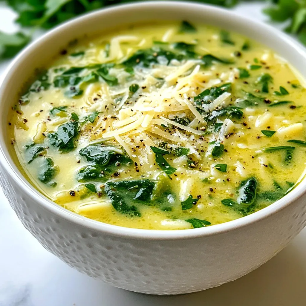 To create my creamy spinach orzo soup, you need simple yet tasty ingredients. Here’s what you'll need: - 1 tablespoon olive oil - 1 small onion, finely chopped - 2 cloves garlic, minced - 4 cups vegetable broth - 1 cup orzo pasta - 2 cups fresh spinach, roughly chopped - 1 cup heavy cream or coconut milk - 1 teaspoon dried thyme - Salt and pepper to taste - Grated Parmesan cheese (optional, for garnish) - Fresh parsley, chopped (for garnish) Each ingredient plays a key role in making this soup rich and comforting. The olive oil adds a smooth base, while the onion and garlic bring depth. Vegetable broth gives it a warm flavor, and the orzo pasta adds a nice texture that fills you up. Fresh spinach not only adds color but also packs in nutrients. The heavy cream or coconut milk makes the soup creamy and luscious. Dried thyme adds a hint of earthiness, while salt and pepper balance all the flavors. Finally, Parmesan cheese and parsley give a lovely finish to the dish. You can easily find all these ingredients at your local market. They are fresh, simple, and perfect for a cozy night in or a gathering with friends. Happy cooking! {{ingredient_image_1}} First, gather all your ingredients. You will need olive oil, onion, garlic, vegetable broth, orzo pasta, fresh spinach, heavy cream or coconut milk, dried thyme, salt, pepper, and optional garnishes like Parmesan cheese and parsley. This prep makes cooking smooth and fun. 1. Heat the olive oil in a large pot over medium heat. 2. Add the finely chopped onion. Sauté for 3-4 minutes until soft and clear. 3. Add the minced garlic. Cook for 1 more minute until it smells great. 4. Pour in the vegetable broth. Bring it to a gentle boil. 5. Add the orzo pasta. Cook it according to the package instructions, about 8-10 minutes, until it's just right. 6. Once the orzo is ready, lower the heat. Stir in the roughly chopped spinach and heavy cream or coconut milk. Mix until the spinach wilts and the soup turns creamy. 7. Season with dried thyme, salt, and pepper. Let it simmer for 5 more minutes. This step blends all the flavors together. Serve your soup hot. For a special touch, sprinkle grated Parmesan cheese on top. Add chopped parsley for a fresh look. Enjoy your creamy spinach orzo soup, which is both comforting and tasty! To make your soup even creamier, try these simple tips. First, use heavy cream for rich flavor. If you prefer a lighter option, coconut milk works great. Blend a small portion of the soup for a smooth texture. This adds depth and creaminess without extra fat. You can also stir in a dollop of cream cheese or sour cream before serving. These additions will elevate the taste and richness. This soup stores well for a few days. Place any leftovers in an airtight container. Keep it in the fridge for up to three days. When you want to reheat, add a splash of broth to thin it out. Heat it slowly on the stove until warm. You can also use the microwave, but stir often. This helps the soup heat evenly. Avoid overcooking the orzo. It can turn mushy if you cook it too long. Follow the package instructions for the best results. Also, don’t skip the seasoning. Salt and pepper bring out the flavors. Taste as you go, adjusting as needed. Lastly, remember that fresh spinach cooks down. Always add it at the end to keep some texture. Pro Tips Use Fresh Spinach: Fresh spinach adds vibrant color and flavor to your soup. If using frozen spinach, ensure it’s thoroughly thawed and drained to avoid excess water in the soup. Customize Your Creaminess: For a lighter soup, opt for coconut milk or a lower-fat cream. Adjust the amount to achieve your desired creaminess without overwhelming the flavors. Enhance Flavor with Herbs: Fresh herbs like basil or dill can elevate the taste of your soup. Add them at the end for a fresh burst of flavor. Perfectly Cooked Orzo: To prevent orzo from becoming mushy, cook it just until al dente. Remember that it will continue to cook slightly after being added to the soup. {{image_2}} You can easily make this soup vegan. Swap heavy cream for coconut milk. This keeps the soup rich and tasty. Use vegetable broth for the base. It brings all the flavors together. You can also add nutritional yeast for a cheesy flavor without dairy. This gives a nice, savory touch while keeping it plant-based. Adding fresh herbs can enhance your soup. Try basil or dill for a fresh twist. You can also add a pinch of red pepper flakes for some heat. This adds a nice kick without overpowering the dish. Don't forget about lemon juice! A squeeze before serving brightens all the flavors. Feel free to mix in other vegetables. Carrots or celery add a nice crunch. You could also add peas or corn for sweetness. If you want protein, try adding chickpeas or cooked chicken. These options make the soup heartier and more filling. Each addition brings its unique taste, making the soup your own! To keep your creamy spinach orzo soup fresh, store it in an airtight container. Let the soup cool to room temperature before sealing it. This helps to prevent moisture build-up inside the container. You can keep the soup in the fridge for up to 3 days. If you're not sure you'll eat it in that time, freezing is a great option. You can freeze this soup for up to 3 months. However, cream-based soups may change texture when thawed. To freeze, portion the soup into freezer-safe bags or containers. Remove as much air as possible to prevent freezer burn. When you're ready to eat, thaw it in the fridge overnight. Reheat on the stove over low heat. Stir well to restore creaminess. - Olive oil: Lasts for a year if stored in a cool, dark place. - Onion: Good for a few weeks in a cool, dry spot. - Garlic: Keeps for several weeks in a cool area. - Vegetable broth: Use within 1 week once opened; can last months if sealed. - Orzo pasta: Lasts for 1-2 years in a pantry. - Fresh spinach: Best used within a week of purchase. - Heavy cream or coconut milk: Check expiration; usually lasts a week after opening. - Dried thyme: Stays fresh for years if stored properly. - Salt and pepper: Indefinite shelf life if kept dry. - Parmesan cheese: Store in the fridge for about a week after opening. - Fresh parsley: Use within a week for best flavor. You can make the soup healthier by adding more vegetables. Try carrots, zucchini, or celery. You can also use whole grain orzo instead of regular pasta. For a lighter option, swap heavy cream for coconut milk or a low-fat milk. Reducing the amount of salt helps too. Use fresh herbs instead of salt for flavor. Yes, you can use different types of pasta. Small shapes like ditalini or small shells work well. You can even use gluten-free pasta if needed. Just adjust the cooking time based on the pasta you choose. Make sure it fits well in the soup. Yes, you can make this soup ahead of time. It tastes great after a day in the fridge. Just let it cool, then store it in an airtight container. When reheating, add a splash of broth or water to restore creaminess. Avoid cooking the orzo too long to keep it firm. This soup recipe uses simple and fresh ingredients to create a comforting dish. The steps make it easy to prepare, cook, and add final touches. I shared tips to enhance creaminess and avoid common mistakes. There are many variations to suit your taste, whether you want it vegan or packed with flavor boosts. Proper storage extends shelf life and keeps leftovers fresh. Try this soup for a warm meal any day. It’s both easy and satisfying, so enjoy making it!
