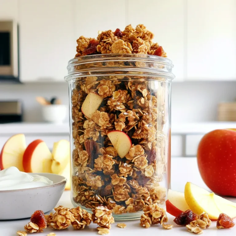 - 2 cups rolled oats - 1 cup nuts (walnuts, pecans, or almonds), roughly chopped - 1/2 cup unsweetened apple sauce The main ingredients in these granola clusters are simple yet essential. Rolled oats form the base, providing fiber and texture. Choose your favorite nuts, like walnuts, pecans, or almonds, for crunch and healthy fats. Unsweetened apple sauce adds moisture and a hint of sweetness. - 1/4 cup honey or maple syrup - 1 teaspoon vanilla extract - 1 teaspoon ground cinnamon Sweeteners and flavorings elevate your granola. Honey or maple syrup gives a natural sweetness. Both options work well, so pick what you enjoy. Vanilla extract adds depth, while ground cinnamon brings warmth and a comforting taste, making these clusters even more delightful. - 1/4 teaspoon salt - 1/2 cup dried apples, chopped - Optional: 1/4 cup pumpkin seeds - Optional: 1/4 cup chia seeds Salt balances the sweetness. Dried apples add chewy bites, enhancing the apple flavor. If you want to boost nutrition, consider adding pumpkin seeds and chia seeds. Both are optional but bring extra crunch and nutrients to your clusters. - Preheat your oven to 300°F (150°C). - Line a baking sheet with parchment paper. - In a large bowl, combine the rolled oats, chopped nuts, ground cinnamon, and salt. Stir well. - In another bowl, whisk together the apple sauce, honey or maple syrup, and vanilla extract. Make it smooth. - Pour the wet mix over the dry ingredients. Stir until all is coated. - Fold in the chopped dried apples and optional seeds. - Spread the granola mixture evenly on the baking sheet. - Bake for 20-25 minutes. Stir once halfway through. Look for a golden brown color. - After baking, let the granola cool on the sheet. This will make it crunchier. - Break the granola into clusters when cool. Store in an airtight container. Cooling your granola is key. When it comes out of the oven, let it cool on the baking sheet. The granola will get crunchier as it cools. If you skip this step, your granola may stay soft. A good texture makes each bite satisfying. You can add more spices for extra flavor. Try nutmeg, ginger, or even cardamom. Each spice gives a unique taste. You can also mix in cocoa powder for a chocolate twist. Experiment with flavors until you find your favorite. Granola clusters are tasty with yogurt. You can also top them with fresh fruit. Sliced apples or berries add color and flavor. This makes a great breakfast or snack. Serve it in a clear jar to show off those beautiful clusters! {{image_2}} If you want to skip the nuts, you have great options. Try seeds like sunflower or hemp. You can also use roasted chickpeas for a crunch. These swaps keep your granola tasty and interesting. If you love a different nut, go for cashews or hazelnuts instead. They add a nice twist to the flavor. You can mix in other dried fruits for added flavor. Try raisins or cranberries for a sweet touch. Apricots or figs also work well and give a chewy texture. If you want a tropical vibe, add dried mango or pineapple. This variety keeps your granola exciting and full of different tastes. If you want to change the sweetener, there are options. You can use agave syrup for a vegan choice. Brown sugar adds a deep flavor. For a low-calorie option, try stevia or monk fruit sweetener. Each swap gives a unique taste to your granola. Choose what fits your diet and taste preferences. To keep your apple cinnamon granola clusters fresh, store them in an airtight container. Glass jars work great, but plastic containers can also work well. Make sure the lid is tight to keep out air. This helps your granola stay crunchy and tasty for longer. When stored properly, granola clusters can last for about two weeks at room temperature. If you want them to last longer, consider freezing them. Just remember that freshness may vary, so check for any signs of spoilage. Freezing is a smart way to save your granola. To freeze, place clusters in a freezer-safe bag or container. Squeeze out as much air as you can. They can stay fresh for up to three months in the freezer. When you’re ready to eat, just take out the amount you want and let them thaw at room temperature. Enjoy your delicious snack whenever you want! Granola is usually loose and crumbly. Granola clusters are thicker and stick together. The main difference is in how you mix and bake them. For clusters, you use more liquid and bake them longer, so they bond. This creates a crunchy, satisfying snack. Clusters are perfect for snacking or topping yogurt. Yes, you can skip the nuts if you want. Just replace them with more oats or seeds. If you have nut allergies, this makes the recipe safe. The granola will still taste great and be crunchy. You can also add other ingredients like coconut or chocolate chips for flavor. Absolutely! To make gluten-free granola, use certified gluten-free oats. This ensures they haven’t come into contact with gluten. The rest of the ingredients, like apple sauce and honey, are naturally gluten-free. Enjoy your tasty snack without worry! You can create delicious and healthy granola at home using simple ingredients. We explored the main ingredients, sweeteners, and flavorings to make a tasty mix. I shared easy steps to prepare and bake, along with tips for the perfect texture. You can customize the recipe with different nuts and fruits to suit your taste. Storing granola properly ensures freshness, and making variations adds fun to your snack. With these insights, you can enjoy making granola that suits you best. Get started today for a tasty treat!