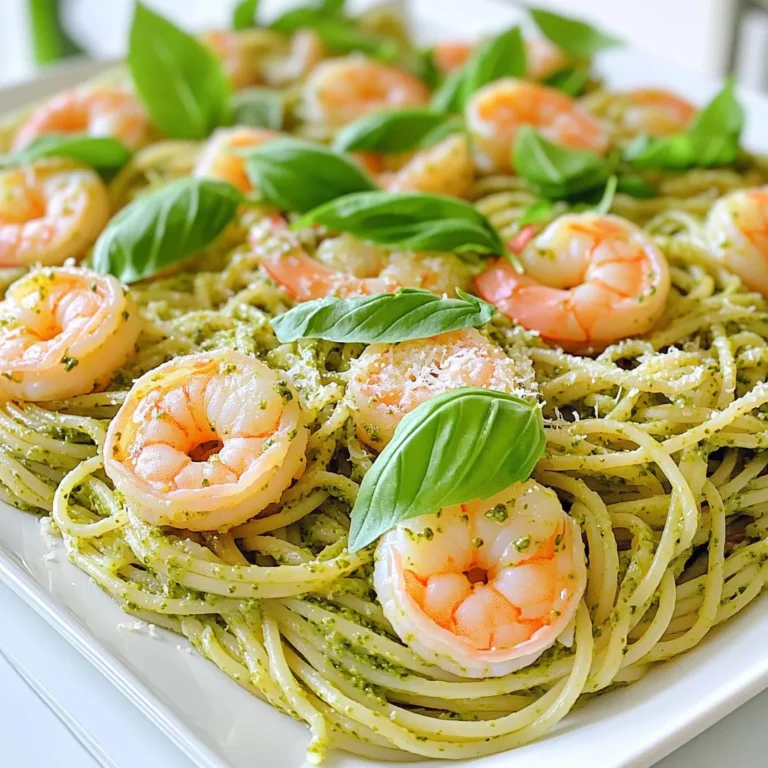 - 8 oz spaghetti or linguine - 1 lb shrimp, peeled and deveined - 1 cup heavy cream - 1/2 cup basil pesto - 1/4 cup grated Parmesan cheese - 2 tablespoons olive oil - 3 cloves garlic, minced - Salt and pepper to taste - Fresh basil leaves, for garnish In this dish, you will use simple, fresh ingredients that create a rich taste. The spaghetti or linguine serves as the perfect base. The shrimp adds protein and flavor, making the pasta filling. Heavy cream gives the sauce its creamy texture, while basil pesto brings a burst of fresh flavor. Adding grated Parmesan cheese enhances the cheese flavor and adds depth. Olive oil helps to sauté the garlic and shrimp, making everything easy to cook. You will also season with garlic, salt, and pepper to balance the flavors. Fresh basil leaves at the end provide a nice touch and a pop of color. These ingredients come together quickly to create a meal that feels gourmet but is simple enough for any night of the week. Start by boiling a large pot of salted water. Once it boils, add 8 oz of spaghetti or linguine. Cook it for about 8 to 10 minutes, or until it is al dente. This means it should still have a bit of bite. While the pasta cooks, save about 1 cup of the pasta water before draining it. This water will help make the sauce creamy later. Next, grab a large skillet and heat 2 tablespoons of olive oil over medium heat. Add 3 cloves of minced garlic to the skillet. Sauté the garlic for about 1 minute until it smells great. Then, add 1 pound of peeled and deveined shrimp. Season the shrimp with salt and pepper. Cook until the shrimp are pink and opaque, which takes about 3 to 4 minutes. Once done, take the shrimp out of the skillet and set them aside. In the same skillet, lower the heat to low. Pour in 1 cup of heavy cream. Stir in 1/2 cup of basil pesto and 1/4 cup of grated Parmesan cheese. Mix everything well until the sauce is smooth and creamy. If the sauce looks too thick, add a little of the reserved pasta water. This will help you reach the perfect consistency. Now, add the cooked pasta and the shrimp back into the skillet. Toss everything together gently. Make sure the pasta and shrimp get an even coat of the creamy pesto sauce. This is the key to a tasty dish, so take your time. Enjoy the rich flavors and the lovely texture! To cook pasta al dente, follow these steps: - Boil a large pot of salted water. - Add the spaghetti or linguine and cook it for 8-10 minutes. - Taste a piece to check if it is firm but not hard. Reserving pasta water is key for a great sauce. Here’s how: - Before draining, scoop out about 1 cup of the pasta water. - This water has starch that helps thicken your sauce and adds flavor. If you want to substitute heavy cream, try these options: - Use half-and-half for a lighter touch. - Coconut cream gives a unique twist and adds flavor. Adjusting the pesto flavor is simple: - Add more pesto for a stronger taste. - Stir in lemon juice for freshness and brightness. To avoid overcooked shrimp, follow these tips: - Cook shrimp just until they turn pink and opaque. - This usually takes about 3-4 minutes on medium heat. To tell when shrimp are done: - Check if they curl into a “C” shape. - If they form an “O,” they are overcooked. {{image_2}} You can swap shrimp for chicken or scallops. Chicken cooks fast and adds a nice flavor. Just cut it into small pieces and cook it the same way as shrimp. Scallops work great too. They are sweet and tender. Cook them for just a few minutes until they are golden. If you prefer plant-based options, use tofu or tempeh. These will soak up the creamy pesto sauce well. You can also try chickpeas for a protein boost. They add a nice bite and work well in pasta dishes. You might want to make your own pesto. Homemade pesto is fresh and tasty. Blend basil, garlic, nuts, and olive oil for a simple mix. You can also add spinach for a twist. This makes the sauce bright green and packed with flavor. Different cheeses can change the sauce too. Try using goat cheese or ricotta. They add creaminess and a unique taste. Mixing these with pesto creates a rich sauce that is delightful. Adding vegetables is easy and fun. Spinach cooks down quickly and adds nutrients. Just toss it in with the shrimp for a minute. Cherry tomatoes are also great. They burst with juice and sweetness. Add them just before serving. For a little heat, sprinkle in some red pepper flakes. This gives the dish a spicy kick. You can also use fresh herbs like parsley or thyme for extra flavor. These simple changes make your dish even better. To keep creamy pesto shrimp pasta fresh, store it in an airtight container. This helps prevent moisture loss and keeps flavors intact. Make sure to let the pasta cool before sealing it. You can keep it in the fridge for up to three days. For best results, use glass or BPA-free plastic containers. These options are safe and keep your food fresh. Avoid using metal containers, as they may react with the creamy sauce. The best way to reheat creamy pesto shrimp pasta is on the stove. Place it in a pan over low heat. Add a splash of water or cream to keep it moist. Stir often until it's heated through. If you're short on time, the microwave works too. Just place the pasta in a microwave-safe bowl. Heat it in 30-second intervals, stirring in between. This method is quick but may not keep the texture as nice as the stove. Yes, you can freeze creamy pesto shrimp pasta! However, it's best to freeze it before adding the shrimp. Cooked shrimp can become rubbery when thawed. To freeze, let the pasta cool completely. Then, portion it into freezer-safe bags or containers. Remember to remove as much air as possible before sealing. You can freeze it for up to three months. When ready to eat, thaw it in the fridge overnight before reheating. It takes about 20 minutes to make this dish. You will spend 10 minutes on prep and another 10 minutes cooking. Start by boiling water and cooking your pasta. While it cooks, you can prepare the shrimp and sauce. This quick method is perfect for busy nights! Yes, you can make this dish ahead of time. Store it in an airtight container in the fridge for up to three days. When you are ready to eat, just reheat it in a pan on low heat. If the sauce gets too thick, add a splash of pasta water to bring it back. This pasta pairs well with a simple side salad. You can also serve it with garlic bread or steamed vegetables. For a fresh touch, add a squeeze of lemon over the dish. These sides enhance the meal and add more flavor. We explored making Minute Creamy Pesto Shrimp Pasta. This dish features shrimp, pasta, and a rich creamy sauce made from heavy cream, pesto, and Parmesan cheese. I shared tips for cooking pasta, sautéing shrimp, and enhancing the sauce. You can also customize the recipe with different proteins and veggies. Proper storage and reheating tips prevent waste. This meal is quick, tasty, and perfect for busy nights. Enjoy your cooking and let the flavors shine!
