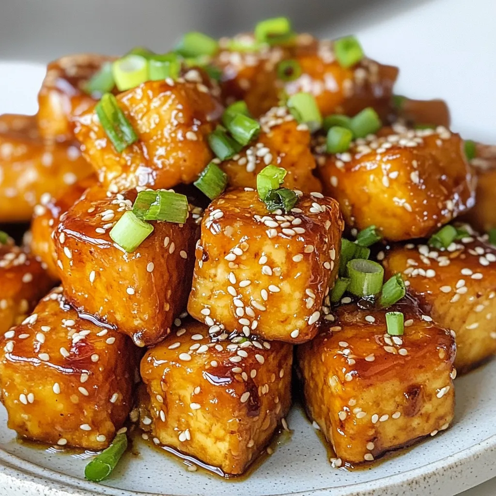 - 1 block (14 oz) firm tofu - 1/4 cup honey - 3 cloves garlic - 1 tablespoon soy sauce The main ingredients give this dish its unique taste. Firm tofu holds up well and gets crispy. Honey adds sweetness, while garlic brings strong flavor. Soy sauce gives a savory depth. - 1/2 teaspoon red pepper flakes - Sesame seeds - 3 green onions Optional ingredients can change the dish. Red pepper flakes add heat if you like spice. Sesame seeds give a nutty crunch. Chopped green onions add freshness and color. - Cutting board - Pan for frying - Small saucepan Having the right tools makes cooking easier. A cutting board helps with chopping tofu. A pan for frying ensures even cooking. A small saucepan is perfect for making the sauce. {{ingredient_image_1}} Pressing and draining the tofu Start by pressing the tofu. Wrap your block of firm tofu in a clean kitchen towel. Place something heavy on top, like a cast iron pan. Let it sit for about 15 minutes. This removes extra water and helps the tofu get crispy. Cutting tofu into cubes Once the tofu is pressed, cut it into 1-inch cubes. Place the cubes on a kitchen towel. This will help absorb any remaining moisture. Drier tofu fries better and gets a nice crunch. Coating tofu cubes with cornstarch Toss the tofu cubes in cornstarch. Make sure each piece is well-coated. This starch forms a crispy layer when fried. It gives your tofu that nice crunch we all love. Frying techniques for crispy tofu Heat vegetable oil in a large pan over medium-high heat. Once hot, add the coated tofu cubes in a single layer. Fry them for about 6-8 minutes. Turn them to get golden brown on all sides. When they are crispy, remove them and let them drain on paper towels. Combining sauce ingredients In a small saucepan, mix honey, minced garlic, soy sauce, rice vinegar, and grated ginger. If you like a little heat, add red pepper flakes. Stir well and heat over medium. Thickening the sauce Bring the mixture to a simmer for 2-3 minutes. This helps the sauce thicken. It should be sticky and glossy. Pour the honey garlic sauce over the crispy tofu. Gently toss to coat each piece. Cook for an extra 1-2 minutes for the flavors to blend. To make your tofu super crispy, removing moisture is key. Start by pressing the tofu. Place it on a towel and let it sit for about 15 minutes. This step is vital. It helps the tofu fry better. After pressing, cut the tofu into 1-inch cubes. Toss these cubes in cornstarch. Make sure each piece is covered well. The cornstarch creates a crunch when frying. It’s like a magic coat for your tofu! Do you want more flavor? Try adding spices! Red pepper flakes bring a nice heat. You can adjust the amount to fit your taste. If you want it spicier, add more flakes. You can also customize your sauce. Want a tangy kick? Add more rice vinegar. Prefer a sweeter taste? Increase the honey. Mixing these flavors makes your dish unique. Garnishing is fun! Top your tofu with chopped green onions. It adds color and freshness. A sprinkle of sesame seeds makes it look fancy too. Think about how you serve it. This dish is great for parties or family dinners. Pair it with rice or noodles for a full meal. Your guests will love the beautiful spread! Pro Tips Press Your Tofu: Make sure to press your tofu for at least 30 minutes to remove excess moisture. This helps achieve a crispier texture when frying. Coat Evenly: Ensure each tofu cube is evenly coated with cornstarch for a consistent crunch. Shake off any excess cornstarch before frying. Control the Heat: Fry the tofu on medium-high heat. If the oil is too hot, the outside may burn before the inside is heated through. Customize the Sauce: Feel free to adjust the sweetness or spiciness of the honey garlic sauce by adding more honey or red pepper flakes to suit your taste. {{image_2}} You can easily make this dish vegan. Instead of honey, use maple syrup or agave nectar. Both options offer sweetness and keep the sauce tasty. For protein, consider using tempeh or seitan. They have great textures and absorb flavors well. Crispy honey garlic tofu pairs wonderfully with rice or noodles. The sauce soaks into the grains, making each bite more flavorful. You can also add vegetables like broccoli, bell peppers, or snap peas. This adds color and nutrition to your meal. Explore other sauces for variety. Try a sweet chili sauce for a spicy kick. You can also make a teriyaki sauce for a different flavor. Asian-inspired sauces like hoisin or sesame sauce can also work well. Just mix and match to find your favorite! To store your crispy honey garlic tofu, let it cool first. After it cools, place it in an airtight container. This keeps the tofu fresh and tasty. You can store it in the fridge for up to three days. Just remember, the longer it sits, the less crispy it gets. When you are ready to enjoy your leftovers, use the oven or a skillet to reheat. Preheat your oven to 375°F (190°C) and bake for about 10 minutes until crispy again. If using a skillet, heat it over medium heat and add a little oil. Cook the tofu for a few minutes on each side until warm and crispy. Avoid the microwave; it makes the tofu soft. Yes, you can freeze crispy tofu. However, the texture may change. To freeze, place cooled tofu in a freezer-safe bag or container. It can last for up to three months in the freezer. When you want to eat it, thaw it in the fridge overnight. Reheat it using the oven or skillet for the best results. This way, you can still enjoy your tasty dish later! To achieve crispy tofu, follow these key techniques: - Press the Tofu: Remove excess moisture by pressing the tofu. This helps it crisp up well. - Cut into Cubes: Slice the tofu into 1-inch cubes. Smaller pieces fry better. - Cornstarch Coating: Toss the tofu cubes in cornstarch. This creates a crunchy outer layer when fried. - Hot Oil: Use a hot pan with vegetable oil. Fry the tofu in a single layer to get even crispiness. - Avoid Overcrowding: Fry in batches if needed. Overcrowding the pan steams the tofu, making it soggy. These steps ensure your tofu comes out crunchy and golden. Honey garlic tofu is not vegan due to honey. Honey is an animal product. If you want a vegan option, use maple syrup or agave nectar instead. Both add sweetness without animal ingredients. Yes, you can use other types of tofu. Here are some options: - Extra-Firm Tofu: This variety works well for frying, just like firm tofu. - Soft or Silken Tofu: While softer, these types can be used for sauces or soups, not frying. - Tofu Alternatives: You might also try tempeh or seitan. Both provide great texture and can soak up flavors well. Each type offers a different taste and texture, giving you choices for your dish. This blog post covered how to make delicious honey garlic tofu step by step. You learned about key ingredients, tools needed, and tips for perfecting your dish. Remember, pressing tofu is key for crispiness and flavor. Don't forget the fun variations you can try, from sauces to pairings. Whether you are cooking for yourself or for guests, this dish is sure to impress. Enjoy your cooking adventure and explore new flavors!