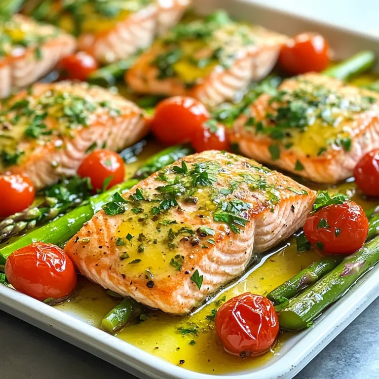 - 4 salmon fillets - 2 tablespoons butter, melted - 4 cloves garlic, minced - 1 lemon, zested and juiced - 2 cups asparagus spears, trimmed - 1 cup cherry tomatoes, halved The star of this dish is the salmon fillets. They provide a rich flavor and are packed with nutrients. The butter and garlic make a sauce that adds a tasty punch. The lemon brings brightness, while asparagus and cherry tomatoes add color and nutrition. - 1 tablespoon olive oil - Salt and pepper to taste - Fresh parsley for garnish Olive oil helps the veggies roast nicely, while salt and pepper bring out all the flavors. Fresh parsley adds a pop of color and freshness on top once the dish is ready. This simple mix of ingredients creates a delicious meal that is easy to prepare. {{ingredient_image_1}} First, you need to preheat your oven to 400°F (200°C). This step is key for cooking the salmon perfectly. Next, let’s make the garlic butter sauce. In a small bowl, mix two tablespoons of melted butter, four minced garlic cloves, the zest of one lemon, and the juice of that same lemon. This sauce will add great flavor to your dish. Now, grab a large sheet pan lined with parchment paper. Place four salmon fillets in the center of the pan. Make sure they have some space around them. Next, add two cups of trimmed asparagus spears and one cup of halved cherry tomatoes around the salmon. This colorful mix will look great and taste even better. Drizzle the garlic butter sauce evenly over both the salmon and vegetables. Don’t forget to drizzle a little olive oil over the asparagus and tomatoes too. Season everything with salt and pepper to taste. Bake in the preheated oven for 12 to 15 minutes. You’ll know the salmon is ready when it flakes easily with a fork and the veggies are tender. Once done, take it out and garnish with fresh parsley. Enjoy your meal! To know when your salmon is done, look for a few signs. The salmon should flake easily with a fork. The center should be opaque and not shiny. If you see this, your salmon is ready. If you have thicker fillets, adjust the time slightly. Thicker pieces may need 1-2 more minutes. Keep an eye on them to avoid overcooking. Use a fork to check for flakiness in the middle. You can switch up the garlic and lemon if you like. Try shallots instead of garlic for a milder taste. For lemon, lime juice can add a fun twist. Adding herbs can give extra depth. Fresh dill or parsley brightens the dish. A pinch of red pepper flakes adds a kick. Experiment with spices that you enjoy. Plating is all about color and arrangement. Place the salmon in the center of the plate. Surround it with asparagus and cherry tomatoes. This creates a feast for the eyes. Use colorful veggies for vibrancy. Bright red tomatoes and green asparagus make the dish pop. Garnish with fresh parsley for a touch of green. This adds both flavor and beauty to your meal. Pro Tips Use Fresh Ingredients: Fresh salmon and seasonal vegetables will enhance the flavor of the dish significantly. Don’t Overcook the Salmon: Keep an eye on the salmon while it bakes; it should be just opaque and flake easily when done. Customize Your Vegetables: Feel free to swap in your favorite vegetables, such as broccoli or bell peppers, for a personal touch. Garnish for Presentation: Fresh parsley not only adds flavor but also makes the dish visually appealing. {{image_2}} You can swap out salmon for other proteins. Chicken breasts work well and stay juicy. Shrimp is another great option. It cooks quickly and adds a nice touch. Feel free to change the veggies too! You can use broccoli, bell peppers, or zucchini. Keep the mix colorful for a fun meal. Want to change the flavor? Add spices like paprika or dill to the garlic butter. These spices give the dish a nice kick. You can also try different sauces. Teriyaki adds sweetness, while pesto brings a fresh taste. Mix and match to find your favorite combination! If you need gluten-free options, check your sauces. Many are gluten-free. You can use gluten-free soy sauce as an easy swap. For keto-friendly choices, skip the cherry tomatoes. Instead, add more asparagus or other low-carb veggies. This will keep your meal tasty and in line with your diet. To keep your garlic butter salmon fresh, use an airtight container. Glass or plastic containers work well. Make sure to seal them tightly. Store leftovers in the fridge for up to 3 days. If you want to keep them longer, consider freezing. However, salmon is best enjoyed fresh. To reheat salmon without drying it out, use the oven. Preheat it to 275°F (135°C). Place the salmon on a baking sheet and cover it with foil. Heat for about 15 minutes, or until warm. You can also use the microwave. Set it to low power and heat for short bursts. Check often to avoid overcooking. With leftovers, you can create new meals. Flake the salmon into salads or pasta dishes. It also works in tacos or on top of rice bowls. These ideas help you enjoy your meal in different ways. You bake salmon in the oven for 12-15 minutes at 400°F (200°C). This time gives you tender, flaky fish. The salmon is done when it flakes easily with a fork. If your fillets are thicker, you may need a minute or two more. Keep an eye on it to avoid overcooking. Yes, you can use frozen salmon for this recipe. Just make sure to thaw it first. Thawing helps it cook evenly. You can leave it in the fridge overnight or place it in cold water for quicker thawing. Adjust the baking time slightly if the fillets are still cold. I like to serve garlic butter salmon with simple sides. Here are some great options: - Steamed rice - Quinoa - Mashed potatoes - A fresh salad These sides complement the flavors of the salmon and make for a well-rounded meal. Absolutely! Sheet pan cooking is perfect for meal prep. It saves time and cuts down on cleanup. You can cook a full meal in one pan. Plus, it allows for easy portioning. This method works well for busy weeknights or prep for lunch. You can make a tasty garlic butter salmon dish with ease. We covered key ingredients, like salmon, butter, and veggies. I shared step-by-step instructions to make cooking simple. We also explored tips for flavor and presentation. Plus, I offered ideas for variations and storage. In summary, this meal is quick, healthy, and flexible. I hope you feel inspired to try this recipe. Happy cooking!