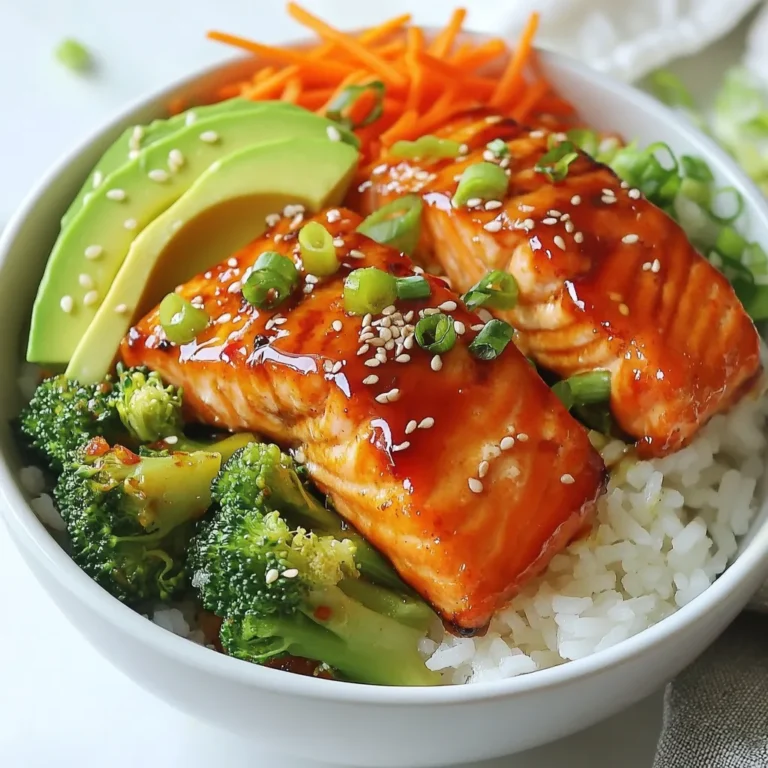 - 2 salmon fillets (6 oz each) - 1/4 cup sweet chili sauce - 1 tablespoon soy sauce - 1 teaspoon grated ginger - 1 tablespoon sesame oil Salmon fillets are the star of this dish. They are rich in omega-3 fatty acids, which are great for heart health. The sweet chili sauce brings a lovely balance of sweet and spicy. Soy sauce adds depth, while sesame oil gives a nutty flavor. Grated ginger adds a fresh zing to the marinade. - 1 cup cooked jasmine rice - 1 cup broccoli florets - 1/2 cup shredded carrots - 1/2 avocado, sliced - 2 green onions, chopped Jasmine rice serves as the base for the bowl. It has a light, floral aroma and a sticky texture that holds everything together. Broccoli florets and shredded carrots not only add color but also provide crunch and nutrients. Sliced avocado adds creaminess, while green onions give a fresh bite. - Salt and pepper to taste - Optional garnishes (sesame seeds) Seasoning with salt and pepper enhances the flavors of the dish. You can sprinkle sesame seeds on top for added texture and a touch of crunch. These simple ingredients come together to create a meal that is both tasty and nutritious. {{ingredient_image_1}} 1. Preheating the oven: Start by preheating your oven to 400°F (200°C). This step ensures that your salmon cooks evenly and develops a nice crust. 2. Marinating the salmon: In a small bowl, mix together 1/4 cup sweet chili sauce, 1 tablespoon soy sauce, 1 teaspoon grated ginger, and 1 tablespoon sesame oil. This marinade will add rich flavor to your fish. Place the two salmon fillets in a baking dish and pour the marinade over them. Make sure they are fully coated. Let the salmon marinate for about 15 minutes to absorb all the tasty flavors. 1. Baking the salmon: Line a baking tray with parchment paper. Place the marinated salmon fillets on the tray. Bake in the preheated oven for 12 to 15 minutes. The salmon will be ready when it flakes easily with a fork. 2. Blanching the broccoli: While the salmon cooks, bring a pot of water to a boil. Add the broccoli florets and blanch them for about 3 minutes. They should be bright green but still crisp. Drain the broccoli and set it aside for later. 1. Building the sweet chili salmon bowls: In serving bowls, divide 1 cup of cooked jasmine rice evenly. Top the rice with the baked salmon, the blanched broccoli, 1/2 cup of shredded carrots, and 1/2 avocado sliced. 2. Presentation tips for serving: For a colorful look, arrange the components neatly in the bowl. Sprinkle chopped green onions and sesame seeds on top. Season with salt and pepper to taste. A drizzle of extra sweet chili sauce on top adds flavor and makes your dish look even better. To get the best flavor, marinate the salmon for at least 15 minutes. This time allows the marinade to soak in well. You can grill or pan-sear the salmon if you want a different texture. Both methods add a great taste and keep the salmon juicy. To make fluffy jasmine rice, rinse it under cold water until the water runs clear. This helps remove extra starch. Cook it with a 1:1 ratio of water to rice for the best results. For blanching broccoli, bring water to a boil, then add the florets for about 3 minutes. They should be bright green and still crisp. You can add extra seasonings like garlic powder or lime juice. These add depth and brightness to the dish. Layer flavors by drizzling more sweet chili sauce on top or adding a sprinkle of sesame seeds. This not only enhances taste but also improves the dish's look. Pro Tips Marinate for Depth: Allow the salmon to marinate for at least 15 minutes, but you can let it sit for up to 1 hour in the refrigerator for even more flavor penetration. Perfect Rice: For fluffy jasmine rice, rinse the rice under cold water until the water runs clear before cooking. This removes excess starch and prevents it from becoming sticky. Colorful Presentation: Arrange your ingredients in the bowl by layering each component. This not only looks appealing but also allows for a delightful mix of flavors with each bite. Customize Your Veggies: Feel free to swap out the broccoli and carrots for other vegetables like snap peas or bell peppers based on your preference or seasonal availability. {{image_2}} You can try other proteins in your sweet chili salmon bowls. For a lighter option, use chicken breast. If you want a plant-based choice, tofu works well too. Just remember to adjust the cooking time. Sauces can also change your dish's flavor. You can swap sweet chili sauce for teriyaki for a different taste. Sriracha adds heat if you like spicy food. Mix and match to find your favorite flavor! Think about what to serve with your salmon bowls. Edamame adds a nice crunch and is packed with protein. A fresh salad can brighten up the meal, too. For toppings, consider adding nuts for extra crunch. Sprouts can bring a fresh taste and look nice on top. These small additions can make your bowls more exciting and tasty! If you need gluten-free options, choose tamari instead of soy sauce. It's a great substitute that keeps the flavor. For a vegan version, use tofu instead of salmon and a vegan sweet chili sauce. This way, you can enjoy the same flavors while staying true to your dietary needs. To store leftovers, let the bowls cool to room temp. Place salmon, rice, and veggies in separate containers. This keeps each part fresh. Use airtight containers for best results. Glass or plastic ones work well. You can refrigerate leftovers for up to 3 days. For reheating salmon and rice, use a microwave. Heat in 30-second bursts. Stir between each burst to ensure even warming. For crispy veggies, reheat them in a skillet. Add a splash of water and cover. This keeps them crunchy. You can freeze salmon and rice for later use. Wrap salmon tightly in plastic wrap and then in foil. This prevents freezer burn. For rice, use a freezer-safe bag and remove excess air. Salmon lasts up to 3 months in the freezer. Rice can stay good for about 2 months. You can enhance your Sweet Chili Salmon Bowls with tasty side dishes. Here are some great options: - Edamame: These young soybeans add protein and a fun texture. - Cucumber salad: A refreshing side that balances the spicy salmon. - Roasted sweet potatoes: Their sweetness complements the salmon's flavor. - Seaweed salad: Adds a unique umami taste and is rich in nutrients. Yes, you can use frozen salmon in this recipe. Here are some tips: - Thaw the salmon overnight in the fridge for best results. - If you must cook it frozen, add a few extra minutes to the cooking time. - Pat the salmon dry before marinating. This helps the marinade stick better. - Always check that the internal temperature reaches 145°F (63°C) for safe eating. Want to kick up the heat? Here are simple ways to add spice: - Add sriracha or chili paste to the marinade. Start with a small amount and adjust to taste. - Sprinkle red pepper flakes over the finished bowl for extra heat. - Include sliced jalapeños or serrano peppers as a topping. They add fresh flavor and heat. - Try a spicy sesame oil instead of regular sesame oil for a unique twist. This blog covered all you need to create delicious sweet chili salmon bowls. We explored the main and additional ingredients, cooking steps, and tips for perfecting the dish. You learned how to customize flavors and variations, making it easy to adapt this meal to your taste. Remember, whether you’re using fresh salmon or changing up the veggies, small tweaks can lead to great outcomes. Keep experimenting with flavors and textures. Enjoy crafting your next flavorful bowl!