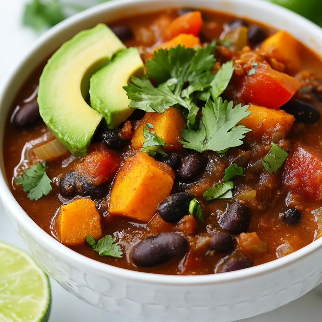- 2 medium sweet potatoes, peeled and diced - 1 can (15 oz) black beans, drained and rinsed - 1 can (15 oz) diced tomatoes (with juices) - 1 onion, diced - 3 cloves garlic, minced - 2 cups vegetable broth - 1 red bell pepper, diced - 1 green bell pepper, diced - 2 teaspoons ground cumin - 1 teaspoon smoked paprika - 1 teaspoon chili powder - ½ teaspoon cayenne pepper (optional, for heat) - Salt and pepper, to taste - 2 tablespoons olive oil - Fresh cilantro, for garnish - Avocado slices, for topping (optional) - Lime wedges, for serving Sweet Potato Black Bean Chili is packed with nutrients. Each serving offers: - Calories: About 250 - Protein: 10 grams - Carbohydrates: 45 grams - Fiber: 12 grams - Fat: 5 grams This chili provides vitamins A and C from sweet potatoes and peppers. The black beans add protein and fiber, making it a filling meal. You can adjust this recipe to fit your needs. Some options include: - Use quinoa instead of black beans for a grain boost. - Swap sweet potatoes for butternut squash for a different flavor. - Use low-sodium vegetable broth to reduce salt intake. - For a vegan version, ensure your broth is plant-based. - Replace olive oil with avocado oil for a different taste. Feel free to mix and match these options to make this chili your own! {{ingredient_image_1}} Start by gathering all your ingredients. You'll need: - 2 medium sweet potatoes, peeled and diced - 1 can (15 oz) black beans, drained and rinsed - 1 can (15 oz) diced tomatoes (with juices) - 1 onion, diced - 3 cloves garlic, minced - 2 cups vegetable broth - 1 red bell pepper, diced - 1 green bell pepper, diced - 2 teaspoons ground cumin - 1 teaspoon smoked paprika - 1 teaspoon chili powder - ½ teaspoon cayenne pepper (optional) - Salt and pepper to taste - 2 tablespoons olive oil - Fresh cilantro for garnish - Avocado slices (optional) - Lime wedges for serving Make sure your sweet potatoes are diced evenly. This helps them cook at the same time. Dice the onion and bell peppers small for a nice texture in the chili. 1. In a large pot, heat olive oil over medium heat. 2. Add the diced onion and sauté for about five minutes until it becomes soft and clear. 3. Stir in minced garlic and cook for one to two minutes until you smell it. 4. Add the diced red and green bell peppers, cooking for another three to four minutes until they start to soften. 5. Next, stir in the diced sweet potatoes, ground cumin, smoked paprika, chili powder, and cayenne pepper if you like heat. Cook for two to three minutes to let the spices mix well. 6. Pour in the canned diced tomatoes with juices and vegetable broth. Bring this to a boil, then lower the heat. 7. Cover the pot and let it simmer for 25 to 30 minutes. Check the sweet potatoes to see if they are soft. 8. Once the sweet potatoes are cooked through, stir in the black beans. Cook for another five minutes to warm them up. 9. Season with salt and pepper. If you want more spice, feel free to add more cayenne or chili powder. To check if your sweet potatoes are done, use a fork. It should easily pierce the sweet potatoes. If not, let them cook a bit longer. Remember, the sweet potatoes should be soft but not mushy. You want each bite to have some texture. Enjoy your chili hot, topped with fresh cilantro and avocado slices, with lime wedges on the side for a bright touch. To make your sweet potato black bean chili even better, try these tips. First, use fresh herbs like cilantro. They add a bright taste. Consider adding a splash of lime juice. It gives a nice zing. You can also roast your sweet potatoes before adding them. This brings out their natural sweetness. For a smoky flavor, try adding a bit more smoked paprika. If you love heat, add more cayenne pepper or fresh jalapeños. Storing leftover chili is easy. Let it cool to room temperature. Then, place it in an airtight container. You can keep it in the fridge for up to five days. If you want to store it longer, freeze it. Use freezer-safe bags or containers. Label them with the date. This way, you can enjoy it later. Reheating chili is simple. If it’s in the fridge, use the stove or microwave. For the stove, pour the chili into a pot. Heat it over medium heat and stir often. For the microwave, place it in a microwave-safe bowl. Cover it with a lid or paper towel. Heat it in short bursts, stirring in between. If it’s frozen, let it thaw in the fridge overnight. Then, follow the same reheating steps. Enjoy your warm, comforting chili! Pro Tips Use Fresh Herbs: Fresh cilantro adds a vibrant flavor to the chili. Consider using it as a garnish right before serving for maximum freshness. Adjust the Heat: If you prefer a spicier chili, increase the cayenne pepper or add a dash of hot sauce to taste. Start with a little and add more until you reach your desired heat level. Sweet Potato Alternatives: For a different twist, try using butternut squash or pumpkin in place of sweet potatoes. They will add a unique flavor and texture to the chili. Make it Ahead: This chili tastes even better the next day! Prepare it in advance and store it in the fridge to allow the flavors to meld together. {{image_2}} You can easily boost the protein in your chili. Tofu or tempeh works well. For tofu, use firm or extra firm. Press it to remove extra water. Dice it into small cubes and add it with the sweet potatoes. Tempeh adds a nutty flavor. Crumble it into the pot when you add the beans. Both options make the dish heartier. Sweet potatoes and black beans are great, but feel free to change things up. You can add corn for a sweet crunch. Zucchini or carrots also add nice texture and flavor. Try spinach or kale for a green boost. These veggies cook well and add nutrition. Mix and match to find your favorite combo. You can adjust the spice level to fit your taste. If you like it mild, skip the cayenne pepper. You can also reduce the chili powder to keep it light. For heat lovers, add more cayenne or some chopped jalapeños. You can also toss in a dash of hot sauce at the end. Adjust the spices as you go for the perfect kick. Sweet potato black bean chili pairs well with simple sides. I love serving it with: - Cornbread: This adds a nice, sweet touch. - Rice: White or brown rice soaks up the chili's flavor. - Tortilla Chips: Crunchy chips bring a fun texture. - Green Salad: A fresh salad adds a crisp contrast. These sides make the meal more filling and enjoyable. Toppings can change the whole dish. Here are my favorites: - Avocado slices: Creamy and rich, they balance the spice. - Fresh cilantro: This adds a burst of freshness. - Lime wedges: A squeeze of lime gives a zesty kick. - Sour cream or yogurt: A dollop cools the heat. Feel free to mix and match these options to suit your taste. The right drink can enhance your meal. For sweet potato black bean chili, consider: - Light beer: A crisp lager complements the flavors well. - Sparkling water: This cleanses your palate between bites. - Red wine: A medium-bodied red matches the dish's richness. - Iced tea: Unsweetened tea is refreshing and balances the spice. Choose a drink that you enjoy, and it will elevate your dining experience. Yes, you can freeze this chili. Just let it cool first. Then, pour it into freezer-safe bags or containers. Make sure to leave some space for the chili to expand. You can freeze it for up to three months. When you're ready to eat, thaw it in the fridge overnight. Then, heat it on the stove or in the microwave until hot. You can serve this chili with many sides. Here are some great options: - Cornbread: This pairs well and adds a sweet touch. - Rice: Both white and brown rice work nicely. - Tortilla chips: They add a fun crunch. - Salad: A fresh salad can balance the meal. - Avocado: Slices or guacamole add creaminess. To add heat, you have a few easy options: - Cayenne pepper: You can add more than the recipe calls for. - Hot sauce: Stir in your favorite hot sauce while cooking. - Jalapeños: Fresh or pickled jalapeños boost the spice level. - Chili flakes: These can be sprinkled in for an extra kick. Feel free to mix and match these ideas to find your perfect spice level! This blog post covered key aspects of making Sweet Potato Black Bean Chili. We listed ingredients, shared cooking steps, and offered storage tips. We also explored variations, like proteins and spice levels, and suggested sides and toppings. In closing, enjoy this hearty dish that's flexible and easy to make. Dive into your kitchen and create a bowl of chili that suits your taste!