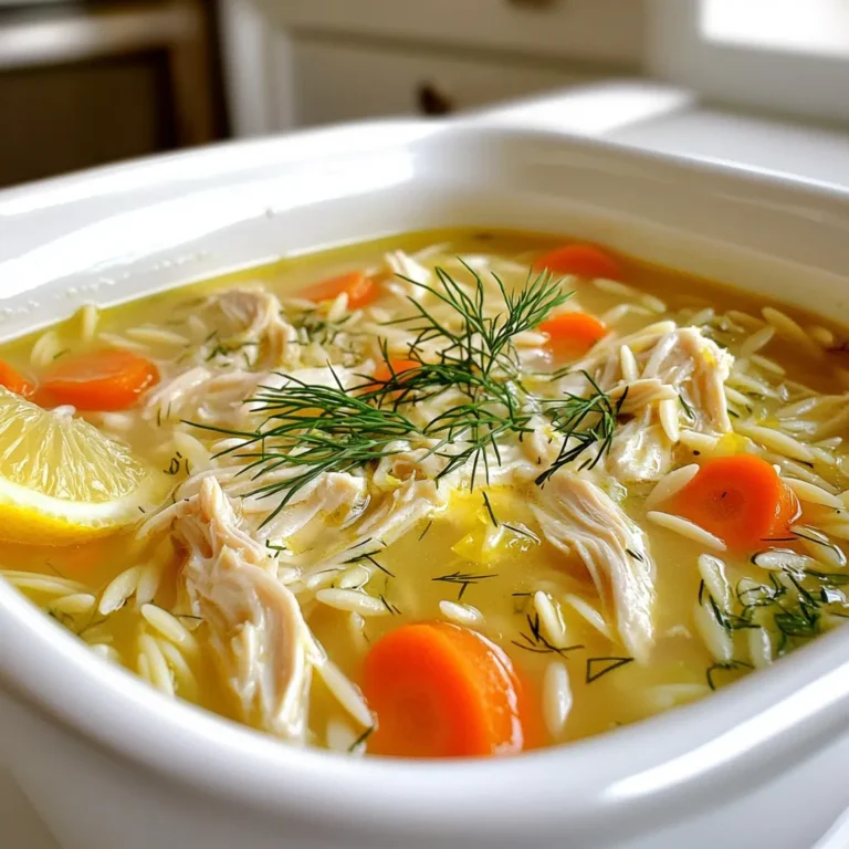To make Greek Lemon Chicken Soup, gather these simple, fresh ingredients: - 1 lb boneless, skinless chicken breasts - 6 cups chicken broth - 1 cup orzo pasta - 2 medium carrots, diced - 1 celery stalk, diced - 1 small onion, finely chopped - 3 cloves garlic, minced - 2 large eggs - 1/4 cup fresh lemon juice (about 2 lemons) - Zest of 1 lemon - 1 teaspoon dried oregano - Salt and pepper to taste - Fresh dill or parsley for garnish Each ingredient plays a key role. The chicken adds protein and flavor. The broth gives a warm base. Orzo adds a nice texture. Fresh veggies like carrots and celery bring color and crunch. Garlic and onion provide depth. The eggs create a creamy finish. Lemon juice brightens the flavor. Oregano adds a hint of earthiness. Finally, salt, pepper, and herbs enhance every bite. Make sure to use fresh ingredients. They will make your soup taste better. With these items, you can create a bowl of comfort that warms the heart. - Step 1: Combining Ingredients Start by taking a large pot. Pour in 6 cups of chicken broth. Add 2 diced carrots, 1 diced celery stalk, 1 finely chopped onion, and 3 minced garlic cloves. Stir well and bring it all to a boil over medium-high heat. - Step 2: Cooking Chicken Once the broth boils, add 1 pound of boneless, skinless chicken breasts. Lower the heat to medium-low. Cover the pot and let it simmer for about 20 minutes. The chicken should be fully cooked. - Step 3: Adding Orzo and Seasoning After 20 minutes, take the chicken out of the pot and let it cool. In the same pot, add 1 cup of orzo pasta and 1 teaspoon of dried oregano. Cook the orzo according to the package instructions, usually around 8-10 minutes, until it's tender. - Step 6: Whisking Eggs and Lemon While the orzo cooks, grab a small bowl. Whisk together 2 large eggs, 1/4 cup of fresh lemon juice, and the zest of 1 lemon until it’s smooth. - Step 7: Tempering the Egg Mixture To prevent the eggs from curdling, add a few spoonfuls of hot broth to the egg mixture while whisking. This is called tempering. Keep whisking until it’s well mixed. - Step 8: Mixing Ingredients Slowly pour the tempered egg mixture back into the pot. Stir continuously for a creamy texture. Add the shredded chicken back in and mix well. Season with salt and pepper to your liking. - Step 9: Serving Suggestions Let the soup heat for a few minutes, then remove it from the heat. Serve hot in bowls. Garnish with fresh dill or parsley for a nice touch. Enjoy your warm bowl of Greek lemon chicken soup! Ensuring Chicken is Juicy To keep your chicken juicy, cook it at a low heat. Start with boiling broth, then lower the heat. This slow cooking helps lock in moisture. Always check the chicken after 20 minutes. It should be firm and no longer pink inside. Shred the chicken gently to avoid drying it out. Cooking Orzo Perfectly Cooking orzo is simple but requires attention. Add the orzo to the broth when it is boiling. Stir it well to stop it from sticking. Cook it for about 8-10 minutes, until it's tender but still has a slight bite. Drain if needed, but usually, the soup will absorb the extra liquid. Garnishing with Fresh Herbs Garnishing boosts flavor and looks great. Fresh dill or parsley adds color and taste. Chop the herbs finely and sprinkle them on top right before serving. This small touch makes the soup look more inviting. Choosing the Right Bowl Choose a bowl that holds heat well. A deep bowl keeps the soup hot longer. White or light-colored bowls show off the soup's golden color. This makes your dish look more appealing and ready to enjoy. {{image_2}} You can change the soup by using quinoa instead of orzo. Quinoa is a great choice. It adds protein and a nutty taste. It also makes the soup gluten-free. You might also want to add more vegetables. Think about peas, spinach, or bell peppers. These veggies make the soup colorful and even more healthy. You can mix and match to find what you like best. If you need a gluten-free option, quinoa is your friend. You can swap orzo pasta for it without losing flavor. Just make sure to cook it until it’s soft. To reduce sodium, use low-sodium broth. You can also skip the salt in your cooking. The lemon juice gives great flavor without adding more salt. This makes the soup better for your heart and health. - Recommended Storage Containers: Use airtight containers for best results. Glass containers work well too. They keep the soup fresh and let you see what's inside. - How Long to Keep: You can store Greek Lemon Chicken Soup in the fridge for up to four days. If you want to keep it longer, consider freezing it. In the freezer, it stays good for about three months. - Best Methods for Reheating: The stovetop is my favorite way to reheat this soup. It warms evenly and keeps the soup creamy. You can also use the microwave if you're in a hurry. Just heat it in short bursts and stir often. - Tips to Maintain Flavor and Texture: Add a splash of broth or water when reheating to keep the soup from getting too thick. Stir well to mix in the flavors. If you have fresh herbs, add them just before serving for a burst of freshness. What is the history of Greek Lemon Chicken Soup? Greek Lemon Chicken Soup, known as Avgolemono, has roots in ancient Greece. It combines chicken, lemon, and eggs. This dish reflects the simple yet rich flavors of Greek cooking. Many families have their unique recipes passed down through generations. Can I use another type of pasta? Yes, you can switch orzo for another small pasta. Try ditalini or acini di pepe. They both work well and add a nice texture to the soup. How can I make this soup ahead of time? You can prepare the soup a day before serving. Just store it in the fridge after it cools. When ready to eat, reheat it gently on the stove. Is it possible to freeze Greek Lemon Chicken Soup? Yes, you can freeze this soup. However, the orzo may become soft when thawed. To keep it fresh, consider freezing the soup without the pasta. Add fresh orzo when you reheat it. Can I add more spices or herbs for extra flavor? Definitely! You can add more dried oregano or even thyme. Fresh herbs like parsley or dill also enhance the taste. Just be careful not to overpower the lemon flavor. This article detailed how to make Greek Lemon Chicken Soup with step-by-step instructions. You learned about essential ingredients, cooking tips, and variations to fit your needs. Remember, storing leftovers properly keeps the soup fresh and tasty. Enjoy experimenting with flavors and twists on this classic dish. With practice, you’ll create a warm bowl of soup that family and friends will love. Dive into this recipe and let your kitchen adventures begin!