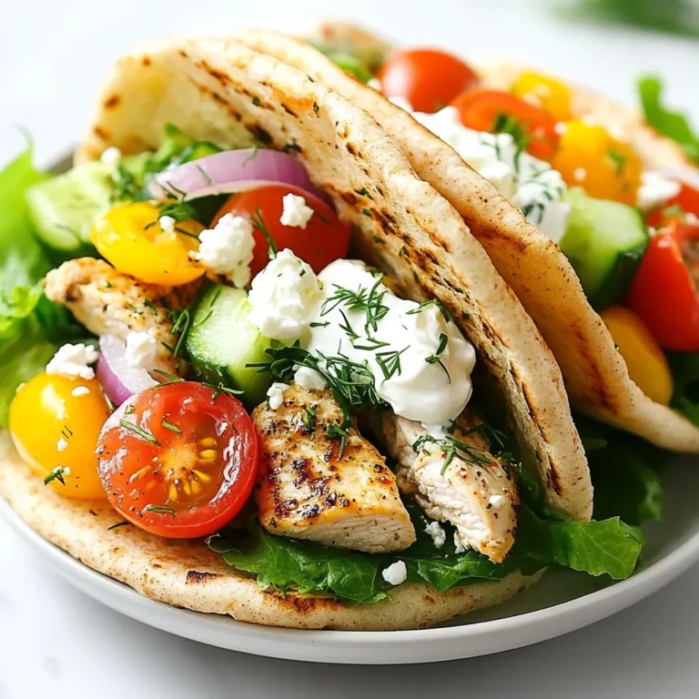 - 2 boneless, skinless chicken breasts - 4 whole wheat pita pockets - 1 cup cherry tomatoes, halved - 1 cucumber, diced - 1/2 red onion, thinly sliced - 1 cup romaine lettuce, chopped - 1/2 cup Greek yogurt - 1/4 cup feta cheese, crumbled - 2 tablespoons olive oil - 1 teaspoon dried oregano - 1 teaspoon garlic powder - 1 teaspoon paprika - Salt and pepper to taste - Fresh dill for garnish - Extra lemon juice When I make Greek Chicken Pita Pockets, I focus on fresh, high-quality ingredients. The chicken provides protein, while the veggies add crunch and flavor. Whole wheat pita pockets are healthy and filling. Greek yogurt and feta cheese bring a creamy, tangy touch that ties everything together. The marinade is simple but essential. I love using olive oil, oregano, garlic powder, and paprika. These spices enhance the chicken’s taste and keep it juicy. Adding salt and pepper is key to bringing out all the flavors. For garnishes, fresh dill adds a nice touch. A squeeze of lemon juice brightens the dish and enhances the taste. This meal is not only quick to prepare, but it also bursts with flavor. You'll enjoy every bite! {{ingredient_image_1}} To start, we need to marinate the chicken. This step adds a lot of flavor. - In a bowl, mix together: - 2 tablespoons olive oil - 1 teaspoon dried oregano - 1 teaspoon garlic powder - 1 teaspoon paprika - Salt and pepper to taste Make sure to blend these ingredients well. - Next, coat the chicken breasts in this marinade. Let the chicken sit for at least 30 minutes. If you have more time, letting it marinate for 2 hours makes it even tastier. Now, it’s time to cook the chicken. - Preheat your grill or grill pan over medium-high heat. This helps the chicken cook evenly. - Cook the marinated chicken for about 6-7 minutes on each side. Use a meat thermometer to check that the chicken reaches 165°F (75°C). Once cooked, remove it from the heat and let it rest for a few minutes. This keeps the chicken juicy. While the chicken rests, we can prepare the filling. - In a large bowl, combine: - 1 cup cherry tomatoes, halved - 1 cucumber, diced - 1/2 red onion, thinly sliced - 1 cup romaine lettuce, chopped - 1/4 cup feta cheese, crumbled Toss these fresh veggies gently to mix them. - Slice the cooked chicken into strips and add it to the bowl. Drizzle with 2 tablespoons of fresh lemon juice. You can add more salt and pepper if you like. Mix everything well. The last step is assembling the pita pockets. - Warm the pita pockets in the oven for about 5 minutes, or until soft. This makes them easier to fill. - Carefully open each pita pocket and fill it with the chicken and vegetable mix. Top it with a dollop of Greek yogurt and garnish with fresh dill if you want. Enjoy your tasty Greek Chicken Pita Pockets! - Recommended marinating time: I suggest marinating the chicken for at least 30 minutes. For more flavor, let it sit for up to 2 hours. - Alternative marinade options: If you want to mix it up, try using yogurt as a base. You can also add lemon zest or herbs like thyme for a fresh twist. - Ensuring the chicken is cooked through: Use a meat thermometer to check the chicken. It should reach 165°F (75°C) inside. This keeps it safe and juicy. - Best practices for grilling chicken: Preheat your grill or pan to medium-high heat. This helps get nice grill marks and keeps the chicken from sticking. - How to properly fill pita pockets: Open each pita gently. Fill them with chicken and veggies, but don’t overstuff. This helps prevent spills. - Serving suggestions: Serve with a side of extra lemon wedges or a simple salad. This adds freshness and color to your plate. Pro Tips Marinate for Maximum Flavor: Allow the chicken to marinate for at least 2 hours. This enhances the flavor and tenderness of the meat. Perfectly Cooked Chicken: Use a meat thermometer to check that the chicken reaches an internal temperature of 165°F (75°C) for safe consumption. Warm Pita for Softness: Warm the pita pockets in the oven just before serving to make them soft and pliable, making it easier to fill them. Fresh Ingredients Matter: Use fresh, high-quality vegetables and herbs for the best taste and nutritional value in your pita pockets. {{image_2}} You can easily swap chicken for chickpeas or grilled vegetables. Chickpeas add protein and fiber. Simply toss canned chickpeas with olive oil, lemon juice, and spices. For grilled veggies, try zucchini, bell peppers, or eggplant. Grill them until soft and charred. To change up the taste, add different spices or herbs. Try cumin or coriander for warmth. Fresh herbs like parsley or mint can brighten flavors. You can also use flavored Greek yogurt. Add herbs or garlic to plain yogurt for a tasty twist. Serve your Greek chicken as a salad instead of in pita pockets. Use the same filling and toss it with greens. You can also serve pita pockets with sides. Try hummus, tzatziki, or a fresh Greek salad. These pair well and add extra flavor. To keep your Greek Chicken Pita Pockets fresh, store them properly. First, remove the filling from the pita. This helps prevent the bread from getting soggy. Place the chicken and vegetables in an airtight container. You can store them in the fridge for up to three days. For the pitas, wrap them in foil or plastic wrap. They can last about two days in the fridge. When it's time to enjoy your leftovers, reheat the chicken and veggies carefully. The best way is in a skillet over medium heat. Stir them for about five to seven minutes until they are warm. You can also use the microwave. Heat in 30-second intervals until warm. Don't forget to check the chicken's temperature. It should be at least 165°F (75°C) to be safe to eat. If you want to save your Greek Chicken Pita Pockets for later, freezing is a great option. You can freeze the cooked chicken and filling separately. Place them in freezer-safe containers or bags. They can stay fresh for up to three months. When you are ready to eat, thaw them in the fridge overnight. Then, reheat as mentioned above. Enjoy your tasty meal whenever you want! Cooking the chicken takes about 12 to 14 minutes. You need to grill it for 6 to 7 minutes on each side. Make sure the internal temperature reaches 165°F (75°C). This ensures it is safe to eat and juicy. Yes, you can use chicken thighs or even ground chicken. Chicken thighs are more tender and juicy. If you prefer, you can also use shredded chicken from a rotisserie bird. Adjust cooking times if needed. If you need a substitute for Greek yogurt, try sour cream or a dairy-free yogurt. These options work well in taste and texture. You can also use tzatziki sauce for a twist in flavor. In this blog post, we explored how to make delicious Greek chicken pita pockets. You learned about key ingredients, step-by-step instructions, and useful tips for success. We also covered tasty variations and storage options. Greek chicken pita pockets are not only easy to prepare, but they also offer great flavors. Try these tips and enjoy a healthy meal that delights. Your kitchen will be filled with fresh tastes!