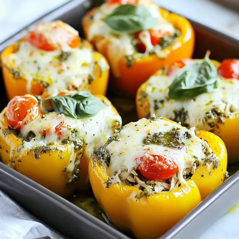 To make delicious pesto chicken stuffed peppers, gather these simple ingredients: - 4 large bell peppers (any color) - 2 cups cooked chicken, shredded - 1 cup basil pesto - 1 cup cooked quinoa or rice - 1 cup cherry tomatoes, halved - 1/2 cup mozzarella cheese, grated - 1/4 cup parmesan cheese, grated - Salt and pepper to taste - Olive oil for drizzling These ingredients come together to create a colorful and tasty dish. The bell peppers serve as a vibrant vessel, while the chicken and pesto mix brings flavor and nutrition. You can choose any color of bell peppers, like red, green, yellow, or orange. Each adds a unique touch to your meal. With cooked chicken, you can save time by using leftovers or rotisserie chicken. The pesto adds a rich, herby taste that pairs perfectly with the other ingredients. The quinoa or rice gives the filling a hearty base, making it filling. Cherry tomatoes add a burst of freshness, and the cheeses provide that gooey, melty goodness we all love. Don't forget the salt and pepper! They enhance all the flavors in the dish. A drizzle of olive oil helps to keep everything moist while baking. These ingredients are easy to find and make this meal fun to prepare. Enjoy creating this colorful dish that brings joy to your table! {{ingredient_image_1}} First, preheat your oven to 375°F (190°C). This step is key for even cooking. While the oven heats, grab your bell peppers. Slice off the tops and remove the seeds and membranes inside. This helps the peppers cook well and hold the filling. Set them aside for now. In a large mixing bowl, combine the shredded chicken and basil pesto. Add your cooked quinoa or rice to the bowl. This adds a nice texture and makes the dish filling. Next, toss in the halved cherry tomatoes. These add sweetness and color. Mix in half of the mozzarella and all of the parmesan cheese. Season the mixture with salt and pepper to your taste. This adds flavor to the filling. Now, it's time to stuff the peppers. Take each bell pepper and fill it with the chicken and pesto mixture. Press down gently to pack the filling inside. Arrange the stuffed peppers upright in a baking dish. Drizzle a bit of olive oil over the tops. This helps keep them moist while baking. Cover the dish with foil and bake for about 25 minutes. After that, remove the foil and sprinkle the remaining mozzarella cheese on top of each pepper. Bake uncovered for another 10 to 15 minutes. You want the peppers to be tender and the cheese to be bubbly and slightly golden. Let them cool for a few minutes before serving. To make your peppers tender, bake them long enough. This allows the flavors to blend well. I recommend checking them after 25 minutes. If your peppers are larger, add 5 to 10 more minutes. You want the cheese bubbly and golden. For a vibrant platter, place the stuffed peppers upright. Use colorful peppers for a fun look. You can garnish with fresh basil leaves for a pop of green. Drizzle extra pesto around the platter for a tasty touch. You can customize the flavors easily. Try adding spices like garlic powder or red pepper flakes. Other ingredients, like olives or spinach, can boost the taste too. Mix and match to find your favorite combination! Pro Tips Choose Colorful Peppers: Using a mix of red, yellow, and green bell peppers not only adds visual appeal but also a variety of flavors. Make It Ahead: Prepare the stuffed peppers in advance and store them in the refrigerator. Bake them right before serving for a quick meal. Flavor Variations: Experiment with different proteins like turkey or sautéed mushrooms, and try adding spices like red pepper flakes for heat. Garnish for Presentation: A sprinkle of fresh herbs or a drizzle of balsamic glaze can elevate the dish visually and add a fresh taste. {{image_2}} You can swap chicken for ground turkey or meat substitutes. Ground turkey makes a lighter option. It cooks quickly and blends well with pesto. If you want a plant-based choice, try lentils or jackfruit. Both options absorb flavors nicely. They add a hearty texture to your stuffed peppers without meat. To make a fully vegetarian stuffed pepper, skip the chicken. Use extra vegetables instead. Zucchini, mushrooms, or spinach work well. Mix these veggies with pesto, quinoa, and cheese for flavor. You can also add black beans for protein. This gives you a tasty and filling meal. If you want to change the grain, try couscous or farro. Couscous cooks fast and has a light texture. It pairs nicely with pesto. Farro offers a chewy bite and nutty flavor. Both grains add variety while keeping the dish healthy. You can use them in place of quinoa or rice easily. To keep your pesto chicken stuffed peppers fresh, place them in an airtight container. Store them in the fridge for up to three days. Make sure the peppers are cool before sealing the container. If you have extra filling left over, store it separately. This prevents the peppers from getting soggy. When you are ready to eat, you can easily reheat them. When reheating, I recommend using the oven. Preheat your oven to 350°F (175°C). Place the stuffed peppers in a baking dish and cover with foil. Heat for about 15-20 minutes. Check that the filling is hot. If you want the cheese to be melty again, remove the foil for the last five minutes. This keeps the flavor and texture delicious. For future meals, you can freeze these stuffed peppers. First, let them cool completely. Wrap each pepper tightly in plastic wrap, and then place them in a freezer bag. Remove as much air as possible. They can last in the freezer for up to three months. When you are ready to eat, thaw them in the fridge overnight. Reheat them as mentioned before for the best taste. You can tell when the peppers are done by looking for a few signs. First, they should be tender and soft to the touch. You can poke them gently with a fork. The cheese on top should be bubbly and slightly golden. If you see those signs, your stuffed peppers are ready to eat! Yes, you can make these stuffed peppers ahead of time! Here are the steps: 1. Prepare the filling and stuff the peppers as usual. 2. Instead of baking right away, cover the peppers with foil. 3. Store them in the fridge for up to 24 hours. 4. When ready, bake them as directed. Just add a few extra minutes if they are cold. If you want to change the protein, there are great options. You can use ground turkey or beef. For a vegetarian choice, try black beans or lentils. Both will add protein and flavor to your dish. Choose what you like best! Stuffed peppers are easy and fun to make. You learned about the key ingredients and how to prepare them. The steps to fill and bake the peppers help you create a tasty dish. Remember the tips for cooking and serving to impress anyone. You can personalize your recipe with different meats or grains. Don't forget to store leftovers right. With these ideas, you'll enjoy stuffed peppers often. Try making them your way and share your results!
