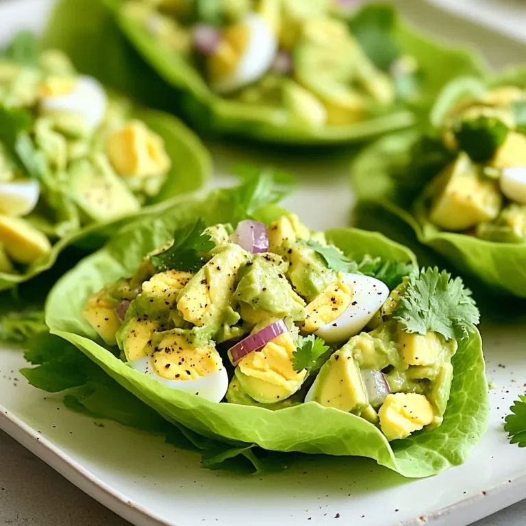 - 4 large eggs - 1 ripe avocado - 2 tablespoons plain Greek yogurt - 1 tablespoon Dijon mustard - 1 teaspoon lemon juice - 1/4 teaspoon garlic powder - Salt and pepper to taste - 1/4 cup red onion, finely chopped - 1/4 cup celery, finely chopped - 1/4 cup fresh cilantro or parsley, chopped - 8 large romaine or butter lettuce leaves To make my avocado egg salad lettuce wraps, gather these simple ingredients. Start with four large eggs. The eggs add protein and richness. Next, grab one ripe avocado. It brings creaminess and healthy fats. You'll need two tablespoons of plain Greek yogurt for extra creaminess and tang. One tablespoon of Dijon mustard adds a nice zing. Don't forget one teaspoon of lemon juice. It brightens the flavors and keeps the avocado fresh. A pinch of garlic powder, about 1/4 teaspoon, gives depth. Add salt and pepper to taste for seasoning. For crunch and flavor, chop 1/4 cup of red onion and 1/4 cup of celery. Finally, use 1/4 cup of fresh cilantro or parsley for a fresh touch. You'll need eight large romaine or butter lettuce leaves as your wraps. With these ingredients, you can create a fresh and healthy meal that is easy to prepare. To boil the eggs for the perfect texture, start by placing four large eggs in a pot. Cover them with water, then bring the water to a boil. Once it boils, cover the pot and remove it from heat. Let the eggs sit for 12 minutes. This method gives you hard-boiled eggs that are not overcooked. After 12 minutes, carefully drain the hot water. Then, place the eggs in a bowl of ice water for about 5 minutes. This cooling method helps with easy peeling. The cold water shocks the eggs, making the shells come off smoothly. While the eggs cool, you can prepare the avocado mixture. In a mixing bowl, take one ripe avocado and mash it with a fork until it is smooth. Add two tablespoons of plain Greek yogurt, one tablespoon of Dijon mustard, one teaspoon of lemon juice, and a quarter teaspoon of garlic powder. Season with salt and pepper to taste. Mix these ingredients until they are well combined. This mixture will be creamy and full of flavor. Once the eggs are cool, peel and chop them into small pieces. Now, gently fold the chopped eggs into the avocado mixture. Add a quarter cup of finely chopped red onion, a quarter cup of finely chopped celery, and a quarter cup of fresh herbs like cilantro or parsley. Make sure everything is well incorporated. To serve, take a large romaine or butter lettuce leaf. Scoop a generous amount of the avocado egg salad onto the leaf. Wrap the leaf around the filling like a taco. Enjoy your fresh and healthy avocado egg salad lettuce wraps! To get the right creamy consistency, use ripe avocado. It should be soft but not brown. Mash it well with a fork until it's smooth. Mix in Greek yogurt and Dijon mustard for extra creaminess. This combo brings a rich texture, perfect for your egg salad. You can add more yogurt if you like it creamier. For more flavor, consider adding spices. A pinch of paprika gives a nice kick. You can also try a dash of cayenne pepper for heat. Fresh herbs like dill or chives add brightness. If you want more crunch, toss in diced pickles or capers. They bring a tangy twist to your salad. These wraps look great on any table. Use large romaine or butter lettuce leaves for a nice shape. Place a generous scoop of the egg salad in the center of each leaf. Fold them like tacos for easy eating. You can also serve them on a platter with extra herbs for a pop of color. Add some lemon wedges on the side for a fresh squeeze. {{image_2}} You can easily adjust this avocado egg salad to fit your needs. If you want a vegan option, try using tofu instead of eggs. Mash firm tofu and mix it with the avocado. For a lighter version, swap Greek yogurt for a plant-based yogurt. If you need a nut-free option, use sunflower seed butter in place of tahini. While romaine or butter lettuce works best, other greens can add fun flavors. Try using collard greens for a sturdy wrap. You can also use Swiss chard for a colorful touch. Even large spinach leaves can be a tasty alternative. Mix and match to find your favorite! You can boost the protein content in your wraps with easy swaps. Try adding cooked chicken or turkey for a heartier meal. Canned tuna or chickpeas work well too. For a nutty flavor, consider adding chopped walnuts or sliced almonds. Each option gives your salad a unique twist! To keep your avocado egg salad fresh, use an airtight container. This helps to lock in moisture and flavor. Glass or plastic containers work well. Make sure to seal the container tightly before placing it in the fridge. This keeps out air and moisture that can spoil the salad. Store your avocado egg salad in the fridge for up to three days. Check for any signs of spoilage before eating. If the salad starts to brown, it’s best to toss it. Keep the salad in a cool part of the fridge, away from heavy or hot foods. This helps maintain its freshness longer. It’s not recommended to freeze avocado egg salad. The texture of the avocado changes when frozen. This can make the salad watery and mushy. If you have leftovers, it’s best to enjoy them fresh rather than freeze them. Yes, you can prepare this avocado egg salad ahead of time. To do this, follow these steps: - Boil and cool the eggs as directed. - Mash the avocado and mix it with yogurt, mustard, lemon juice, and spices. - Chop the eggs and fold them into the avocado mix. - Store it in an airtight container in the fridge. This makes it easy to assemble the wraps later. Just scoop the salad into the lettuce leaves right before serving. These wraps taste best fresh, but they can last up to two days in the fridge. To keep them fresh: - Store the avocado egg salad separately from the lettuce leaves. - Wrap the lettuce leaves in a damp paper towel and place them in a plastic bag. - Keep everything in an airtight container. This method helps maintain the crispness of the lettuce. Yes, this recipe is gluten-free. The main ingredients are eggs, avocado, and vegetables. However, always check labels on any condiments, like mustard, to ensure they are gluten-free. This is important for anyone with gluten sensitivity. Absolutely! You can experiment with different options: - Swap plain Greek yogurt for regular yogurt for a lighter taste. - Use avocado oil mayo for a creamy texture. - Add a bit of sour cream for a tangy flavor. These alternatives can give your salad a unique twist while keeping it delicious. This blog post outlined how to make a tasty avocado egg salad wrap. We discussed key ingredients, cooking steps, and helpful tips. You learned how to customize the recipe to fit your taste and dietary needs. In closing, this dish is not only easy to prepare but also really healthy. Try it out for a quick lunch or snack! Enjoy making it your own, and savor every bite.
