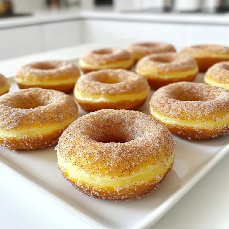 - 2 cups all-purpose flour - 1 cup granulated sugar - 1 tablespoon baking powder - 1/2 teaspoon salt - 1 teaspoon ground cinnamon - 1/4 teaspoon nutmeg (optional) - 1/2 cup unsweetened applesauce - 1/2 cup milk (any kind) - 2 large eggs - 1 teaspoon vanilla extract - 1/4 cup melted butter When making these baked cinnamon sugar donuts, the ingredients matter. Each one plays a role in the final taste and texture. Choosing the right type of flour Use all-purpose flour for the best results. This flour gives the donuts a soft and fluffy texture. Best milk alternatives for donuts You can use any milk you like, such as whole, almond, or oat milk. Each type adds a unique flavor. Importance of fresh spices Always use fresh ground cinnamon and nutmeg. Fresh spices bring out the best flavors in your donuts. If you use old spices, the flavor will not be as strong or tasty. These tips help you choose the best ingredients for your donuts. Quality ingredients lead to delicious, soft, and fluffy treats. Enjoy the process of making these delightful baked cinnamon sugar donuts! First, preheat your oven to 350°F (175°C). This step helps the donuts bake evenly. While the oven heats up, grease your donut pan with non-stick spray. This will help the donuts come out easily after baking. In a large bowl, combine 2 cups of all-purpose flour, 1 cup of granulated sugar, 1 tablespoon of baking powder, 1/2 teaspoon of salt, and 1 teaspoon of ground cinnamon. If you want, add 1/4 teaspoon of nutmeg. Whisk these ingredients well. This mixture gives the donuts their sweet and spiced flavor. In another bowl, blend together 1/2 cup of unsweetened applesauce, 1/2 cup of milk, 2 large eggs, 1 teaspoon of vanilla extract, and 1/4 cup of melted butter. Mix until smooth. This mixture adds moisture and richness to the donuts. Now, pour the wet ingredients into the dry ingredients. Stir gently until just combined. It’s okay if there are a few lumps. Do not overmix, as this will make the donuts tough. You want them soft and fluffy. Use a piping bag or a large zip-top bag with a snipped corner to transfer the batter. Pipe the batter into the donut pan, filling each cavity about 3/4 full. Bake in the preheated oven for 10-12 minutes. Check if they are done by inserting a toothpick in the center. If it comes out clean, they are ready. While the donuts bake, prepare the cinnamon sugar mixture. In a bowl, mix 1/2 cup of granulated sugar with 1 tablespoon of ground cinnamon. Once the donuts cool for about 5 minutes, remove them from the pan. Dip the tops in melted butter, then roll them in the cinnamon sugar mixture. This gives them a sweet and crunchy topping. Enjoy your delicious baked donuts warm! To get soft and fluffy donuts, avoid common mistakes. First, do not overmix your batter. It’s okay if some lumps remain; they help keep your donuts light. Second, make sure your baking powder is fresh. Old baking powder can make your donuts dense. Ingredients also play a big role in texture. For example, using unsweetened applesauce adds moisture and keeps the donuts soft. The eggs help bind everything together, while the flour gives structure. Always measure your flour correctly. Too much flour can lead to dry donuts. Want to boost the flavor of your donuts? You can add more spices. Try adding a pinch of ginger or cloves for warmth. If you love chocolate, mix in cocoa powder or mini chocolate chips. For a fruity twist, consider adding orange or lemon zest to the batter. These simple additions can take your donuts to the next level. For maximum appeal, serve your donuts warm. Arrange them on a pretty plate or a tiered stand. This makes them look inviting. You can also sprinkle some extra cinnamon sugar on top for a nice touch. Garnishing options are fun too! Try drizzling chocolate or caramel sauce over the donuts. You can even add chopped nuts for crunch. Choose toppings that match your flavor choices. This way, your donuts will look as great as they taste! {{image_2}} You can make these baked donuts in many fun flavors. One popular choice is pumpkin spice. Just add pumpkin puree and pumpkin pie spice to the mix. This gives the donuts a warm, cozy taste perfect for fall. Another option is chocolate glazed donuts. You can make a rich chocolate glaze with cocoa powder, sugar, and milk. Drizzle it on top after the donuts cool. Each bite will be a sweet treat. If you need gluten-free options, use a gluten-free flour blend. This will keep the donuts soft and tasty. Make sure the blend has xanthan gum for the best texture. For vegan donuts, swap out the eggs and milk. Use flax eggs and almond milk instead. The applesauce in the recipe already helps keep the donuts moist, so it works well in this version. You can switch up the cinnamon sugar coating for a new twist. Try using powdered sugar or a mix of cocoa powder and sugar for chocolate lovers. Ganaches and frostings are also great options. A simple vanilla frosting or a rich chocolate ganache can add extra fun. These toppings let you enjoy your donuts in many different ways. You can store baked donuts at room temperature or in the fridge. If you keep them at room temperature, place them in an airtight container. This keeps them soft for about two days. If you want them to stay fresh longer, store them in the fridge. They can last up to a week this way. Just remember, refrigeration can make them a bit dry. Freezing donuts is simple and great for later. To freeze, let them cool completely. Then, wrap each donut in plastic wrap. After that, place them in a freezer bag. This method keeps them fresh for up to three months. When you want to enjoy one, take it out and let it thaw at room temperature. You can also warm it in the oven for a few minutes. To reheat donuts, use the oven for the best results. Preheat the oven to 350°F (175°C). Place the donuts on a baking sheet and heat for about 5-7 minutes. This helps bring back the soft and fluffy texture. You can also use a microwave, but be careful. Heat them for only 10-15 seconds to avoid making them tough. Enjoy your delicious donuts warm! Yes, you can make baked cinnamon sugar donuts without eggs. Here are some great egg substitutes: - Flaxseed meal: Mix 1 tablespoon of flaxseed meal with 3 tablespoons of water. Let it sit until it thickens. - Chia seeds: Use 1 tablespoon of chia seeds mixed with 3 tablespoons of water. Let it sit until it forms a gel. - Mashed banana: Replace each egg with 1/4 cup of mashed banana. This adds a slight banana flavor. - Yogurt: You can use 1/4 cup of plain yogurt for each egg. This keeps the donuts moist. These options help keep the donuts soft and fluffy. Baked cinnamon sugar donuts stay fresh for about 2 to 3 days. To keep them tasty: - Room temperature: Store them in an airtight container on your counter. - Refrigeration: You can refrigerate them for a longer life but may lose some fluffiness. - Freezing: For longer storage, freeze the donuts. Wrap each donut in plastic wrap and place them in a freezer bag. They can last for up to 3 months. Always let them cool before storing to keep them fresh! If you need to replace applesauce, here are a few options: - Mashed bananas: This adds sweetness and moisture. Use the same amount as applesauce. - Yogurt: Plain yogurt can work well. Use the same quantity to keep the texture. - Pumpkin puree: This adds a nice flavor. Again, use the same amount as applesauce. - Silken tofu: Blend silken tofu until smooth. Use 1/2 cup for 1/2 cup of applesauce. These substitutes help you keep the right texture and moisture in your donuts. Yes, you can make baked cinnamon sugar donuts in a regular muffin pan. Here’s how: - Fill the cups: Fill each cup about halfway with batter. - Baking time: Bake for about 15-18 minutes instead of 10-12 minutes. - Check for doneness: Insert a toothpick; it should come out clean when done. This adapts the recipe nicely for muffin lovers while keeping the taste! This blog post gave you the steps to make delicious baked donuts. We covered the right ingredients, mixing techniques, and baking details. You learned tips to enhance flavor and achieve perfect texture. The variations offered fun ideas for different flavors and dietary needs. Don’t forget how to store your donuts to keep them fresh. With this guide, you can bake, enjoy, and impress everyone with your skills! Now, it’s time to get baking and share your yummy creations!