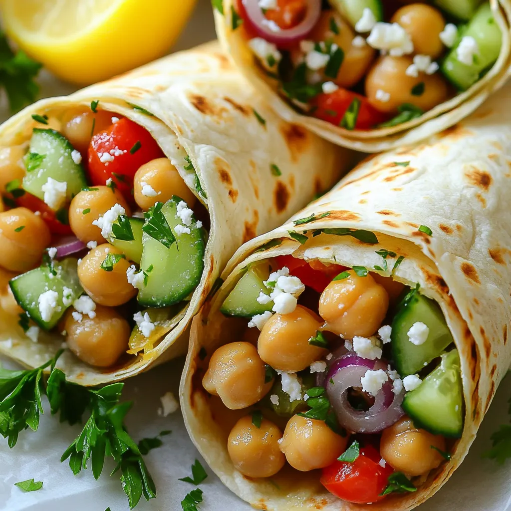 To make Mediterranean Chickpea Salad Wraps, you need these key ingredients: - 1 can (15 oz) chickpeas, drained and rinsed - 1 cup cherry tomatoes, halved - 1 cucumber, diced - ½ red onion, finely chopped - ¼ cup Kalamata olives, pitted and sliced - ½ cup feta cheese, crumbled - 2 tablespoons fresh parsley, chopped - 2 tablespoons fresh lemon juice - 2 tablespoons olive oil - 1 teaspoon dried oregano - Salt and pepper, to taste - 4 large whole wheat or spinach wraps Each ingredient adds flavor and texture. The chickpeas provide protein and fiber. The fresh veggies bring crunch and color. Feta cheese adds a creamy touch, while olives give a salty bite. If you can’t find some ingredients, here are great substitutes: - Use canned white beans instead of chickpeas. - Swap cherry tomatoes for diced red or yellow tomatoes. - Try bell peppers in place of cucumbers. - Use red wine vinegar instead of lemon juice. - Replace feta cheese with goat cheese or vegan feta. - Choose any wrap, like lettuce leaves for a low-carb option. These substitutes will keep your wraps delicious and fun. Mediterranean Chickpea Salad Wraps are healthy and full of nutrients. Here are some highlights: - Chickpeas provide protein and fiber, which help keep you full. - Fresh veggies like cucumbers and tomatoes are low in calories but high in vitamins. - Feta cheese adds calcium and healthy fats. - Olive oil offers heart-healthy monounsaturated fats. This meal is not only tasty but also good for your health. Enjoy these wraps as a light lunch or dinner. {{ingredient_image_1}} Start with one can of chickpeas. Rinse and drain them well. Then, place the chickpeas in a large mixing bowl. Next, add one cup of halved cherry tomatoes. Chop one cucumber and add it to the bowl. Finely chop half a red onion and toss it in too. Now, slice a quarter cup of Kalamata olives and add those as well. Crumble half a cup of feta cheese over the top. Finally, add two tablespoons of fresh parsley, chopped. This mix gives a bright and fresh taste. In a small bowl, whisk together two tablespoons of fresh lemon juice. Pour in two tablespoons of olive oil. Add one teaspoon of dried oregano, along with salt and pepper to taste. This dressing brings all the flavors together. Whisk until everything blends well. Pour this dressing over your chickpea salad. Gently toss the mixture until it is well coated. Let the salad sit for about ten minutes. This rest time helps the flavors meld together. Lay out four large whole wheat or spinach wraps on a clean surface. Spoon an equal amount of the chickpea salad mixture onto the center of each wrap. Make sure to not overfill, or it will be hard to wrap. Next, fold the sides of each wrap inward. Then, roll it up from the bottom to enclose the filling completely. For a nicer look, slice each wrap in half diagonally. Serve them on a colorful plate with a lemon wedge or extra parsley for a pop of color. Enjoy this healthy and tasty meal! To boost the flavor, try adding a splash of balsamic vinegar. This makes the salad more tangy. You can also mix in some diced bell peppers for extra crunch and sweetness. Fresh herbs are key. Use mint or dill along with parsley. They add bright notes to the dish. Don't forget to taste your salad before serving. Adjust the salt and pepper to your liking. These wraps are perfect for meal prep. You can make the salad a day in advance. Just keep it in the fridge. This allows the flavors to blend well. When you’re ready to eat, just assemble the wraps. If making for lunch, pack the salad and wraps separately. This keeps the wrap from getting soggy. Presentation matters! Serve the wraps on a colorful plate. You can slice each wrap in half for a lovely look. Add a sprinkle of parsley on top for color. A lemon wedge on the side adds a fresh touch. Consider using a fun garnish like edible flowers. This makes your meal even more inviting. Pro Tips Chickpea Preparation: For a creamier texture, mash half of the chickpeas before mixing them into the salad. Fresh Herbs: Experiment with other fresh herbs like mint or basil for a different flavor profile. Wrap Alternatives: Try using lettuce leaves instead of wraps for a low-carb option. Make Ahead: Prepare the salad a few hours in advance for even more developed flavors, but wrap just before serving to keep the wraps fresh. {{image_2}} You can easily make this wrap even more veggie-packed. Try adding roasted red peppers or artichoke hearts. These will boost the taste and color. Spinach or arugula can replace the wraps. This adds a fresh and nutritious twist. If you need a gluten-free option, use corn tortillas instead of wraps. You can also serve the salad in lettuce cups. Romaine or butter lettuce works well. These options keep the meal light and fun. Experiment with different ingredients to change the flavor. Add diced avocado for creaminess. You could also mix in some chopped bell peppers for a crunchy bite. If you like spice, try adding diced jalapeños or a sprinkle of red pepper flakes. For a sweet touch, toss in some raisins or dried cranberries. Each of these ideas makes the salad unique! Store your Mediterranean chickpea salad wraps in an airtight container. Use parchment paper between layers to keep them fresh. Keeping them cool helps the flavors stay bright. Place them in the fridge for up to three days. For best taste, eat them sooner rather than later. You can freeze the salad mix, but not the wraps. Place the chickpea salad in a freezer-safe bag. Remove as much air as possible before sealing it. It will stay good for about two months. When ready to eat, thaw it in the fridge overnight before using. These wraps are best served cold, but you can warm them up if you like. Unwrap them and place them on a skillet over medium heat. Heat for about 3-4 minutes on each side. Check to see if they are hot all the way through. Enjoy them warm if you prefer! Yes, you can use canned chickpeas. They save time and effort. Just drain and rinse them well. This helps remove extra salt and improves the taste. Canned chickpeas are ready to use, making them perfect for quick meals. The wraps last about 2 to 3 days in the fridge. Store them in an airtight container. If you want the wraps to stay fresh, keep the dressing separate until you are ready to eat. This keeps the wraps crisp and tasty. You can serve these wraps with many sides. Try fresh fruit, like grapes or melon, for a sweet touch. A side of chips gives a nice crunch. You can also add a simple yogurt dip for extra flavor. Enjoy these wraps with your favorite drink for a complete meal. Mediterranean chickpea salad wraps are simple and tasty. You learned about key ingredients, substitutes, and their nutrition. I shared step-by-step instructions for prep and assembly. Plus, tips for flavor, storage, and presentation will help you enjoy these wraps longer. Remember, you can make them your own with variations and add-ins. Now it’s time to get creative in the kitchen and enjoy a healthy meal!