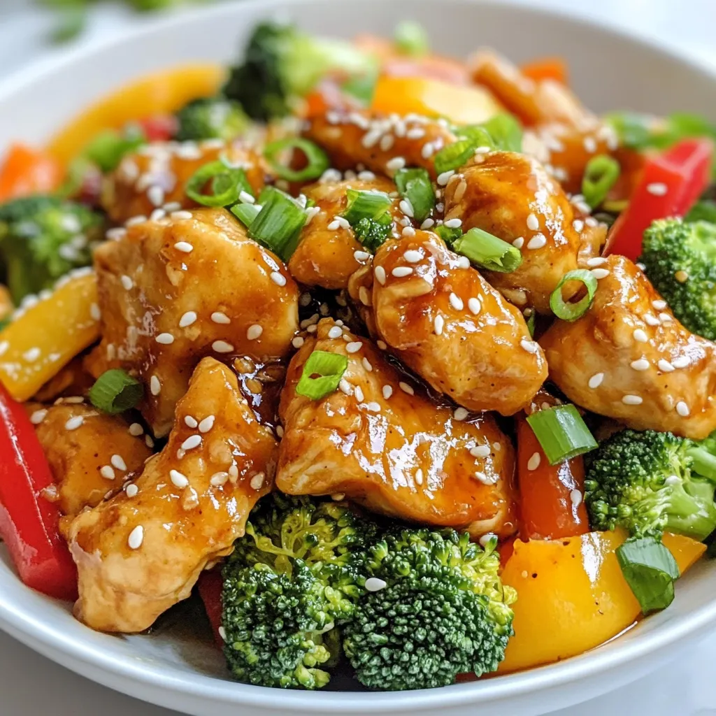 - 2 boneless, skinless chicken breasts, sliced thin - 1 medium bell pepper, thinly sliced (any color) - 1 cup broccoli florets - 1 carrot, julienned - 2 cloves garlic, minced - 1 inch fresh ginger, grated - 3 tablespoons soy sauce - 1/4 cup fresh orange juice - 2 tablespoons honey - 1 teaspoon cornstarch mixed with 2 tablespoons water (for thickening) - 2 tablespoons vegetable oil - Salt and pepper to taste - Soy sauce - Cornstarch - Honey - Sesame seeds - Green onions The main ingredients in this stir fry create a tasty dish. The chicken is lean and cooks quickly. Bell peppers add color and crunch. Broccoli provides a healthy touch, while carrots bring sweetness. Garlic and ginger add depth to the flavor. For the sauce, soy sauce gives umami. Fresh orange juice adds brightness. Honey sweetens the glaze. Cornstarch thickens the sauce and makes it sticky. Vegetable oil helps fry everything nicely. You may already have some pantry staples on hand. Soy sauce is a must for many dishes. Cornstarch is great for thickening sauces. Honey adds a sweet note that balances flavors. Finally, garnishing with sesame seeds and green onions makes it look pretty. These are small touches that elevate your dish. Enjoy making this easy weeknight meal! {{ingredient_image_1}} Marinating the chicken Start by mixing the orange juice, soy sauce, honey, and black pepper in a bowl. This is your marinade. Slice the chicken breasts thin. Add the chicken to the marinade and let it sit for at least 10 minutes. This step builds great flavor. Preparing vegetables While the chicken marinates, wash and slice the bell pepper and carrot. Cut the broccoli into small florets. Mince the garlic and grate the ginger. Having your veggies ready makes cooking quick and easy. Sautéing chicken Heat 1 tablespoon of vegetable oil in a large skillet over medium-high heat. Add the marinated chicken slices. Sauté for about 5 to 7 minutes. Cook until browned and fully cooked. Remove the chicken from the skillet and set it aside. Stir-frying vegetables In the same skillet, add another tablespoon of vegetable oil. Toss in the minced garlic and grated ginger. Sauté for about 30 seconds until fragrant. Then, add the bell pepper, broccoli, and carrot to the skillet. Stir-fry these veggies for about 3 to 5 minutes. They should be tender but still crisp. Combining ingredients Return the cooked chicken to the skillet. Pour in the orange sauce mixture. Stir well to coat all the ingredients. Allow everything to cook together for a few minutes. Thickening the sauce Once the sauce simmers, mix 1 teaspoon of cornstarch with 2 tablespoons of water. Pour this into the skillet, stirring continuously. This will thicken the glaze. Cook for another 2 to 3 minutes until the sauce coats the chicken and vegetables. Serving suggestions Remove the stir fry from heat. Taste and adjust seasoning with salt and pepper if needed. Serve this delicious dish over cooked rice or noodles. Garnish with sesame seeds and sliced green onions for extra flair. Enjoy your meal! - Ensuring chicken stays juicy: Start with thin slices of chicken. This helps it cook fast. Don't overcook; 5-7 minutes on medium-high heat is perfect. - Perfectly cooking vegetables: Keep veggies crisp by stir-frying them for just 3-5 minutes. Add them after garlic and ginger to avoid burning. - Adding spices or herbs: A pinch of red pepper flakes can give a nice kick. Fresh herbs like cilantro or basil add bright flavor, too. - Alternative sauce options: You can swap soy sauce for tamari to make it gluten-free. Adding a splash of rice vinegar gives it an extra zing. - Serving dishes: Serve the stir fry in a large bowl. This lets everyone see the colorful veggies and chicken. Use white dishes to make the colors pop. - Garnishing techniques: Scatter sesame seeds and sliced green onions on top. This adds a nice crunch and fresh look to your dish. Pro Tips Marinate the Chicken: For extra flavor, marinate the chicken slices in the orange juice and soy sauce mixture for at least 30 minutes before cooking. Use Fresh Ingredients: Fresh garlic and ginger provide the best flavor, so avoid using pre-minced or powdered versions if possible. Adjust the Sweetness: Depending on your preference, you can adjust the amount of honey in the sauce to make it sweeter or less sweet. Serve with a Side: This dish pairs wonderfully with steamed rice or noodles, and you can add a side of stir-fried greens for a complete meal. {{image_2}} You can easily swap chicken for shrimp or tofu. Shrimp cooks fast and adds a nice texture. Just sauté it until pink and tender. Tofu is a great choice for plant-based diets. Choose firm tofu, press it to remove water, and sauté until golden. Both options work well with the orange glaze. Feel free to use other colorful veggies. Snow peas, zucchini, or snap peas add crunch and color. You can also try seasonal veggies like asparagus or bell peppers in different colors. This keeps the dish fresh and exciting every time. You can adjust the sweetness or acidity of the sauce. If you like it sweeter, add more honey. For a tangy twist, add a splash of rice vinegar. Want some heat? A dash of red pepper flakes or sriracha will spice things up. Customize the sauce to your taste for a fun twist! To keep your Orange Glazed Chicken Stir Fry fresh, store leftovers in an airtight container. This prevents air from spoiling the food. You can refrigerate it for up to three days. After that, the taste and quality start to fade. Always let the stir fry cool before sealing it up. This helps avoid extra moisture inside the container. If you want to keep it longer, freezing is a great option. Divide the stir fry into smaller portions and place them in freezer bags. Be sure to remove as much air as possible. This keeps the meal fresh for up to three months. When you are ready to eat, thaw it in the fridge overnight. For reheating, use a skillet over medium heat. Stir often until it's heated through. Meal prepping is a smart way to save time. You can chop the vegetables and slice the chicken a day ahead. Store them in separate containers in the fridge. This makes cooking quick and easy. For convenience, portion out the stir fry into lunch boxes. You'll have ready-to-eat meals for busy days. Just heat and enjoy! You can serve this dish with rice or noodles. White rice, brown rice, or even jasmine rice work well. Noodles like chow mein or udon also pair nicely. For a fresh touch, add a side salad or steamed veggies. Yes, you can make it gluten-free. Use gluten-free soy sauce or tamari instead of regular soy sauce. Check all your ingredients to ensure they are gluten-free. This way, everyone can enjoy this tasty meal! If the sauce is too thin, mix cornstarch with water. Add this mixture to the stir fry while it simmers. Stir continuously for a few minutes until it thickens to your liking. This will give you a nice, glossy glaze. Absolutely! You can substitute the chicken with tofu or tempeh. Use the same method to cook the tofu or tempeh. You can also add more veggies for extra flavor and texture. Leftovers will last about 3 to 4 days in the fridge. Store them in an airtight container for best results. When ready to eat, reheat in a pan or microwave until hot. Enjoy your tasty meal again! This blog post shared a simple orange glazed chicken stir fry recipe. You learned about the key ingredients, preparation steps, and cooking tips. We also explored variations for proteins, vegetables, and sauces. Remember to store leftovers properly to keep them fresh. Cooking can be fun and rewarding. With a few tweaks, you can make this dish fit your taste. Enjoy trying new ingredients and methods. Happy cooking!