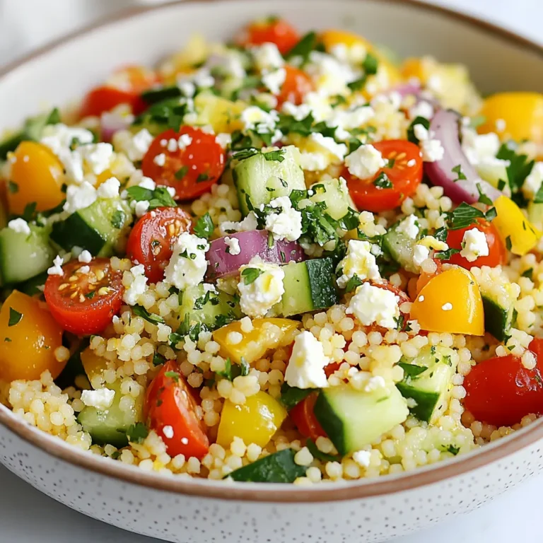 - 1 cup couscous - 1 1/4 cups vegetable broth - 1 cup cherry tomatoes, halved - 1 cucumber, diced - 1/2 red bell pepper, diced - 1/4 red onion, finely chopped - 1/4 cup fresh parsley, chopped - 1/4 cup fresh mint, chopped - 1/4 cup feta cheese, crumbled Couscous is the star of this dish. It cooks quickly and absorbs flavor well. I love using vegetable broth instead of water for added taste. Fresh veggies like cherry tomatoes, cucumber, and red bell pepper give a crunchy texture. Red onion adds a nice bite. The herbs, parsley and mint, add freshness. Feta cheese brings a creamy finish that ties everything together. - 3 tablespoons olive oil - 2 tablespoons lemon juice - Salt and pepper to taste The dressing is simple yet full of flavor. Olive oil is rich and smooth, while lemon juice gives a bright kick. Salt and pepper enhance all the taste. I like to whisk these together to blend the flavors. Pour this over the salad just before serving for the best effect. - Calories per serving: About 230 - Macronutrients breakdown: - Protein: 6 grams - Carbohydrates: 30 grams - Fat: 10 grams This salad is not just tasty; it is also nutritious. Each serving packs around 230 calories, making it a light meal or side dish. It has a good amount of protein, thanks to couscous and feta. The balance of carbs and fats makes it a well-rounded choice. {{ingredient_image_1}} First, boil 1 1/4 cups of vegetable broth in a medium saucepan. This broth gives couscous great flavor. Once the broth is boiling, remove it from the heat. Add 1 cup of couscous to the broth and stir briefly. Cover the pot and let it sit for 5 minutes. This allows the couscous to soak up the broth. After 5 minutes, fluff the couscous with a fork. Let it cool to room temperature before using it in the salad. In a large mixing bowl, combine the cooled couscous with fresh veggies. Add 1 cup of halved cherry tomatoes, 1 diced cucumber, 1/2 diced red bell pepper, and 1/4 finely chopped red onion. These veggies add color and crunch to your salad. Next, toss in 1/4 cup of chopped parsley and 1/4 cup of chopped mint. Gently mix everything together. This will help all the flavors blend well. In a small bowl, whisk together 3 tablespoons of olive oil and 2 tablespoons of lemon juice. Add salt and pepper to taste. This dressing brings a zesty touch to the salad. Pour the dressing over the couscous salad. Toss everything gently to coat all the ingredients evenly. Finally, sprinkle 1/4 cup of crumbled feta cheese on top. Give it one last gentle toss before serving. Enjoy your fresh and flavorful salad! To make great couscous, start by fluffing it well. After it sits for five minutes, use a fork to gently separate the grains. This step is key. Avoid clumping by being light and careful. Next, let the couscous cool. Spread it out on a baking sheet. This helps it cool faster. Once cool, it will mix better with the veggies. Choosing the right herbs can lift your salad. Fresh parsley and mint work great. They add bright and fresh notes. You can also try dill or basil for a twist. Adding a splash of acidity is important too. Lemon juice brightens the flavors. Spice can add depth. A pinch of red pepper flakes or black pepper can make it lively. Plating your salad can be fun! Serve it in a large bowl for sharing. Or, you can use small bowls for individual servings. Sprinkle some feta on top for a nice touch. Pair this salad with grilled chicken or fish. It also goes well with pita bread or hummus. Enjoy it as a light lunch or a side dish. Pro Tips Use Fresh Herbs: Fresh herbs like parsley and mint can significantly enhance the flavor of your salad. Always opt for fresh instead of dried for the best taste. Chill Before Serving: Allow the salad to chill in the refrigerator for at least 30 minutes after mixing. This helps the flavors meld together beautifully. Customize Your Veggies: Feel free to add or substitute other vegetables based on your preference or seasonal availability, such as bell peppers, zucchini, or even avocado. Feta Cheese Alternatives: If you don't have feta cheese, try using goat cheese or even a dairy-free alternative for a similar creamy texture. {{image_2}} You can easily make this salad vegetarian. One great option is to add beans or legumes. Chickpeas or black beans work well. They boost protein and make the salad heartier. Another idea is to substitute feta cheese. Try using goat cheese or a creamy avocado instead. Both options add richness that complements the salad. For a vegan version, simply omit the dairy. Leave out the feta cheese, and you still have a fresh dish. You can also use alternative dressings. A simple mix of olive oil, lemon juice, and a splash of vinegar brightens the flavors without dairy. Get creative with your salad by adding different vegetables. Try bell peppers in various colors or roasted zucchini. You can also mix in nuts and seeds. Almonds or sunflower seeds add crunch and extra nutrition. These variations can make your salad unique and fun to eat. To keep your Lemon Herb Couscous Salad fresh, store it in an airtight container. This helps to seal in the flavors. Place it in the fridge right after serving. It can stay fresh for up to four days. If you want to freeze it, pack it in a freezer-safe bag. Remove as much air as possible before sealing. This helps prevent freezer burn. You can freeze it for up to three months. In the fridge, the salad lasts about four days. Look for any changes in color or smell. If the salad smells sour or has a slimy texture, it’s best to toss it out. Also, check the feta cheese. If it looks moldy, it’s time to discard it. You can enjoy this salad cold or warm. For a cold dish, just take it straight from the fridge. If you want it warm, use a microwave. Heat it in short bursts, around 30 seconds, stirring in between. This way, you warm it evenly without cooking it too much. Remember, warming the salad can change the texture of the vegetables. So, serve it according to your taste! To make couscous, you need to start with vegetable broth. Heat 1 1/4 cups of broth in a medium saucepan until it boils. Once boiling, add 1 cup of couscous. Stir it gently and cover the pot. Let it sit for 5 minutes. This lets the couscous soak up the broth. After 5 minutes, fluff it with a fork. This helps to separate the grains and keeps it light. Quick tips for beginners: - Always use broth for more flavor. - Cover the pot tightly to trap steam. - Fluff with a fork, not a spoon, for best texture. Yes, you can prepare this salad ahead of time. It tastes even better after the flavors mix. I suggest making it a few hours before serving. Just keep it in the fridge until you're ready to eat. If you make it too far in advance, the veggies might get soggy. Best timing for making ahead: - Make it 2-3 hours before serving. - Store it in an airtight container. If you want a different grain, there are great options. Try quinoa, bulgur, or even farro. These grains have similar textures and can soak up flavors well. Alternative grains and options: - Quinoa: Gluten-free and high in protein. - Bulgur: Quick-cooking and hearty. - Farro: Nutty flavor and chewy texture. This blog post detailed a simple couscous salad recipe. We explored the main ingredients, dressing, and their nutritional value. You learned step-by-step instructions for cooking couscous and preparing the salad. Tips and tricks helped enhance flavors and served as guides for variations. We also covered storage practices for leftovers and answered FAQs about couscous preparation. Embrace these ideas to make a fresh, tasty dish anytime. Enjoy experimenting with your favorite flavors!