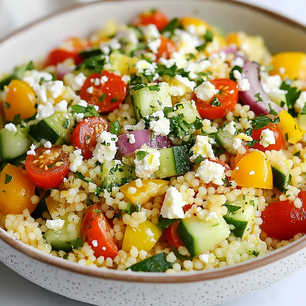- 1 cup couscous - 1 1/4 cups vegetable broth - 1 cup cherry tomatoes, halved - 1 cucumber, diced - 1/2 red bell pepper, diced - 1/4 red onion, finely chopped - 1/4 cup fresh parsley, chopped - 1/4 cup fresh mint, chopped - 1/4 cup feta cheese, crumbled Couscous is the star of this dish. It cooks quickly and absorbs flavor well. I love using vegetable broth instead of water for added taste. Fresh veggies like cherry tomatoes, cucumber, and red bell pepper give a crunchy texture. Red onion adds a nice bite. The herbs, parsley and mint, add freshness. Feta cheese brings a creamy finish that ties everything together. - 3 tablespoons olive oil - 2 tablespoons lemon juice - Salt and pepper to taste The dressing is simple yet full of flavor. Olive oil is rich and smooth, while lemon juice gives a bright kick. Salt and pepper enhance all the taste. I like to whisk these together to blend the flavors. Pour this over the salad just before serving for the best effect. - Calories per serving: About 230 - Macronutrients breakdown: - Protein: 6 grams - Carbohydrates: 30 grams - Fat: 10 grams This salad is not just tasty; it is also nutritious. Each serving packs around 230 calories, making it a light meal or side dish. It has a good amount of protein, thanks to couscous and feta. The balance of carbs and fats makes it a well-rounded choice. {{ingredient_image_1}} First, boil 1 1/4 cups of vegetable broth in a medium saucepan. This broth gives couscous great flavor. Once the broth is boiling, remove it from the heat. Add 1 cup of couscous to the broth and stir briefly. Cover the pot and let it sit for 5 minutes. This allows the couscous to soak up the broth. After 5 minutes, fluff the couscous with a fork. Let it cool to room temperature before using it in the salad. In a large mixing bowl, combine the cooled couscous with fresh veggies. Add 1 cup of halved cherry tomatoes, 1 diced cucumber, 1/2 diced red bell pepper, and 1/4 finely chopped red onion. These veggies add color and crunch to your salad. Next, toss in 1/4 cup of chopped parsley and 1/4 cup of chopped mint. Gently mix everything together. This will help all the flavors blend well. In a small bowl, whisk together 3 tablespoons of olive oil and 2 tablespoons of lemon juice. Add salt and pepper to taste. This dressing brings a zesty touch to the salad. Pour the dressing over the couscous salad. Toss everything gently to coat all the ingredients evenly. Finally, sprinkle 1/4 cup of crumbled feta cheese on top. Give it one last gentle toss before serving. Enjoy your fresh and flavorful salad! To make great couscous, start by fluffing it well. After it sits for five minutes, use a fork to gently separate the grains. This step is key. Avoid clumping by being light and careful. Next, let the couscous cool. Spread it out on a baking sheet. This helps it cool faster. Once cool, it will mix better with the veggies. Choosing the right herbs can lift your salad. Fresh parsley and mint work great. They add bright and fresh notes. You can also try dill or basil for a twist. Adding a splash of acidity is important too. Lemon juice brightens the flavors. Spice can add depth. A pinch of red pepper flakes or black pepper can make it lively. Plating your salad can be fun! Serve it in a large bowl for sharing. Or, you can use small bowls for individual servings. Sprinkle some feta on top for a nice touch. Pair this salad with grilled chicken or fish. It also goes well with pita bread or hummus. Enjoy it as a light lunch or a side dish. Pro Tips Use Fresh Herbs: Fresh herbs like parsley and mint can significantly enhance the flavor of your salad. Always opt for fresh instead of dried for the best taste. Chill Before Serving: Allow the salad to chill in the refrigerator for at least 30 minutes after mixing. This helps the flavors meld together beautifully. Customize Your Veggies: Feel free to add or substitute other vegetables based on your preference or seasonal availability, such as bell peppers, zucchini, or even avocado. Feta Cheese Alternatives: If you don't have feta cheese, try using goat cheese or even a dairy-free alternative for a similar creamy texture. {{image_2}} You can easily make this salad vegetarian. One great option is to add beans or legumes. Chickpeas or black beans work well. They boost protein and make the salad heartier. Another idea is to substitute feta cheese. Try using goat cheese or a creamy avocado instead. Both options add richness that complements the salad. For a vegan version, simply omit the dairy. Leave out the feta cheese, and you still have a fresh dish. You can also use alternative dressings. A simple mix of olive oil, lemon juice, and a splash of vinegar brightens the flavors without dairy. Get creative with your salad by adding different vegetables. Try bell peppers in various colors or roasted zucchini. You can also mix in nuts and seeds. Almonds or sunflower seeds add crunch and extra nutrition. These variations can make your salad unique and fun to eat. To keep your Lemon Herb Couscous Salad fresh, store it in an airtight container. This helps to seal in the flavors. Place it in the fridge right after serving. It can stay fresh for up to four days. If you want to freeze it, pack it in a freezer-safe bag. Remove as much air as possible before sealing. This helps prevent freezer burn. You can freeze it for up to three months. In the fridge, the salad lasts about four days. Look for any changes in color or smell. If the salad smells sour or has a slimy texture, it’s best to toss it out. Also, check the feta cheese. If it looks moldy, it’s time to discard it. You can enjoy this salad cold or warm. For a cold dish, just take it straight from the fridge. If you want it warm, use a microwave. Heat it in short bursts, around 30 seconds, stirring in between. This way, you warm it evenly without cooking it too much. Remember, warming the salad can change the texture of the vegetables. So, serve it according to your taste! To make couscous, you need to start with vegetable broth. Heat 1 1/4 cups of broth in a medium saucepan until it boils. Once boiling, add 1 cup of couscous. Stir it gently and cover the pot. Let it sit for 5 minutes. This lets the couscous soak up the broth. After 5 minutes, fluff it with a fork. This helps to separate the grains and keeps it light. Quick tips for beginners: - Always use broth for more flavor. - Cover the pot tightly to trap steam. - Fluff with a fork, not a spoon, for best texture. Yes, you can prepare this salad ahead of time. It tastes even better after the flavors mix. I suggest making it a few hours before serving. Just keep it in the fridge until you're ready to eat. If you make it too far in advance, the veggies might get soggy. Best timing for making ahead: - Make it 2-3 hours before serving. - Store it in an airtight container. If you want a different grain, there are great options. Try quinoa, bulgur, or even farro. These grains have similar textures and can soak up flavors well. Alternative grains and options: - Quinoa: Gluten-free and high in protein. - Bulgur: Quick-cooking and hearty. - Farro: Nutty flavor and chewy texture. This blog post detailed a simple couscous salad recipe. We explored the main ingredients, dressing, and their nutritional value. You learned step-by-step instructions for cooking couscous and preparing the salad. Tips and tricks helped enhance flavors and served as guides for variations. We also covered storage practices for leftovers and answered FAQs about couscous preparation. Embrace these ideas to make a fresh, tasty dish anytime. Enjoy experimenting with your favorite flavors!