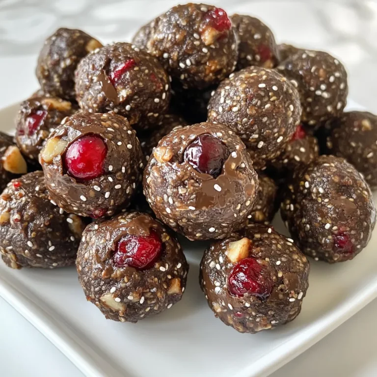 To make these tasty cranberry chocolate energy bites, gather these simple ingredients: - 1 cup rolled oats - 1/2 cup dried cranberries, chopped - 1/2 cup dark chocolate chips - 1/2 cup almond butter (or nut butter of choice) - 1/4 cup honey or maple syrup - 1/4 cup chia seeds - 1/2 teaspoon vanilla extract - Pinch of sea salt Each ingredient in these energy bites brings great health benefits. - Rolled oats are a good source of fiber. They help keep you full longer. - Dried cranberries add antioxidants. They may support heart health and boost immunity. - Dark chocolate chips provide a touch of sweetness. They also contain flavonoids that can support brain health. - Almond butter offers healthy fats and protein. It helps keep your energy up. - Honey or maple syrup gives natural sweetness and quick energy. - Chia seeds are packed with omega-3s and fiber. They support digestion and heart health. - Vanilla extract adds flavor with little calories. - Sea salt balances the sweetness and enhances flavors. You can easily swap some ingredients for different flavors or needs. - Use peanut butter if you prefer a stronger nut taste. - Substitute agave syrup for honey or maple syrup for a vegan option. - If you want a nut-free option, try sunflower seed butter. - Swap raisins or dried apricots for cranberries for a different twist. - Use mini chocolate chips instead of regular ones for a fun size. These tips help you make the energy bites your own while keeping them healthy and tasty! {{ingredient_image_1}} Making Cranberry Chocolate Energy Bites is simple and fun. It takes about 10 minutes to prep. You will need a large bowl for mixing. Gather all your ingredients before you start. This way, the process flows smoothly. 1. Mix Dry Ingredients: In a large bowl, combine the rolled oats, chopped dried cranberries, dark chocolate chips, chia seeds, and a pinch of sea salt. Stir well to mix. 2. Prepare Wet Ingredients: In a separate small bowl, mix the almond butter, honey (or maple syrup), and vanilla extract. Blend until smooth and creamy. 3. Combine Mixtures: Pour the wet mix into the dry ingredients. Stir until everything is well combined. Make sure no dry oats remain in the mix. 4. Shape the Bites: Use your hands or a small cookie scoop to portion the mixture. Roll it into small balls, about 1 inch in size. 5. Chill: Place the energy bites on a lined baking tray. Refrigerate for at least 30 minutes to firm up. 6. Store: After they set, store them in an airtight container. They can last up to a week in the fridge. - Use Clean Hands: This helps mix the ingredients well and forms perfect shapes. - Stickiness: If the mix is sticky, wet your hands slightly. This makes rolling easier. - Uniform Size: Try to make all bites the same size for even bites. A cookie scoop helps with this. - Add Flavor: Feel free to add a dash of cinnamon or nutmeg for extra flavor. You can change these energy bites to fit your taste. Try adding different nuts, seeds, or dried fruits. For a nut-free option, use sunbutter instead of almond butter. You can swap dark chocolate chips for white chocolate or even carob chips. If you want more crunch, add some chopped nuts. Make it fun and find your perfect mix! To keep your energy bites fresh, store them in an airtight container. Place them in the fridge, and they will last up to a week. For longer storage, you can freeze them. Just place the bites in a freezer-safe bag or container. They will stay good for up to three months. When you’re ready to eat, simply let them thaw at room temperature. Serve these bites in a cute mason jar for a fun look. Pair them with fresh fruit like apple slices or berries for added color. They make a great snack for kids and adults alike. You can also pack them for lunch or take them on a hike. Enjoy these bites as a quick energy boost anytime! Pro Tips Customize Your Sweetener: You can adjust the sweetness by adding more or less honey or maple syrup according to your taste preference. Mix-In Variations: Feel free to substitute or add other mix-ins like nuts, seeds, or different dried fruits for a unique flavor and texture. Storage Tips: For longer freshness, store the energy bites in the freezer, where they can last for up to three months. Perfect Portioning: Use a cookie scoop for even-sized bites, ensuring a consistent taste and texture in each energy ball. {{image_2}} You can change the flavor of your cranberry chocolate energy bites in fun ways. Try using different nuts, like cashews or walnuts. You can also swap out dried cranberries for dried cherries or apricots. Each choice adds a new twist. If you want more crunch, add some chopped almonds or pecans. Feel free to experiment with flavors to find what you love most! Making these bites fit your diet is easy. For a vegan version, use maple syrup instead of honey. You can also choose a nut butter that is dairy-free. To make them gluten-free, ensure you use certified gluten-free oats. These swaps help everyone enjoy these tasty bites without worry. You can swap ingredients for extra health perks. If you want more protein, use peanut butter instead of almond butter. For added fiber, try adding ground flaxseed in place of chia seeds. If you're watching sugar intake, use less honey or maple syrup. Each swap makes a difference, helping you create energy bites that suit your health goals. You can store your cranberry chocolate energy bites in an airtight container. This keeps them fresh and tasty. Place the container in the fridge for the best results. Avoid leaving them out at room temperature. They can dry out or spoil quickly without proper storage. These energy bites can last for up to a week in the fridge. You’ll want to check for any changes in smell or texture before eating them. If they smell off or feel sticky, it’s best to toss them. Keeping them in the fridge helps maintain their taste and nutrition. If you want to keep them longer, freezing is a great option. Place the energy bites in a single layer on a tray. Freeze them until firm, then transfer them to a freezer-safe bag or container. They can last up to three months in the freezer. When you are ready to eat, let them thaw in the fridge or at room temperature. Enjoy your tasty and healthy snack! Cranberry Chocolate Energy Bites last up to a week in the fridge. Store them in an airtight container to keep them fresh. This way, you can grab a bite whenever you need a quick snack. If you want them to last longer, consider freezing them. Frozen bites can stay good for about three months. Just let them thaw in the fridge before you eat. Yes, you can use other types of nut butter! Almond butter is great, but peanut, cashew, or sunflower seed butter also work well. Each nut butter adds its own flavor and texture. You can pick one based on what you like best or what you have on hand. This flexibility makes the recipe fun and allows you to change it up as you please. Yes, Cranberry Chocolate Energy Bites are quite healthy! They pack a good mix of nutrients. Rolled oats provide fiber, while chia seeds add omega-3 fatty acids. Dried cranberries offer antioxidants, and dark chocolate chips give a hint of sweetness. Almond butter adds protein and healthy fats. Together, these ingredients make a well-rounded snack that fuels your day without added junk. They are perfect for a quick pick-me-up between meals. Cranberry Chocolate Energy Bites are simple and healthy snacks. We covered ingredients, preparation steps, and storage tips. You can customize these bites with different flavors and diets. They are easy to make and good for many diets, like vegan and gluten-free. Store them well to keep them fresh. These bites last a long time, making them great for snacks or meals. Enjoy making your own variations and share them with family and friends.