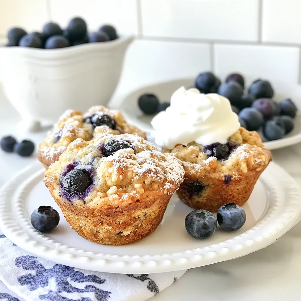 To make the best blueberry oatmeal muffins, you need these main ingredients: - 1 cup rolled oats - 1 cup milk (dairy or non-dairy) - 1/2 cup Greek yogurt (or applesauce for a vegan option) - 1/4 cup honey or maple syrup - 1/4 cup coconut oil, melted - 1 large egg (or flax egg for a vegan option) - 1 cup all-purpose flour (or whole wheat flour) - 1 teaspoon baking powder - 1/2 teaspoon baking soda - 1/2 teaspoon salt - 1 teaspoon cinnamon - 1 cup fresh or frozen blueberries - 1/2 teaspoon vanilla extract These ingredients work together for a soft, moist muffin full of flavor. You can easily swap ingredients to fit your taste. Here are some ideas: - Use applesauce instead of Greek yogurt for a lighter muffin. - Swap honey for agave syrup if you want a vegan option. - Try almond milk or oat milk for a dairy-free choice. - Use whole wheat flour for more fiber and nutrients. Feel free to get creative and make the recipe your own! When picking blueberries, fresh berries should be firm, plump, and deep blue. Look for: - No green or red spots. - A slight bloom, which shows ripeness. If you choose frozen blueberries, select ones with no added sugar. They are easy to use straight from the bag. Just fold them into the batter gently to avoid breaking them. Enjoy the burst of flavor in each bite! {{ingredient_image_1}} First, set your oven to 350°F (175°C). This temperature will help our muffins rise nicely. While the oven heats up, get your muffin tin ready. You can use paper liners or grease the cups lightly with oil. This step helps the muffins release easily after baking. In a medium bowl, add 1 cup of rolled oats and 1 cup of milk. Stir them together and let them soak for about 10 minutes. This softens the oats and makes the muffins chewy. In another large bowl, whisk 1/2 cup Greek yogurt, 1/4 cup honey, 1/4 cup melted coconut oil, and 1 large egg. If you prefer a vegan version, use applesauce and a flax egg. Don’t forget to add 1/2 teaspoon of vanilla extract for flavor. Now, let’s mix dry ingredients. In a separate bowl, whisk together 1 cup of all-purpose flour, 1 teaspoon baking powder, 1/2 teaspoon baking soda, 1/2 teaspoon salt, and 1 teaspoon cinnamon. Make sure everything is mixed well. Next, take the soaked oats and gently fold them into the wet mixture. Then, slowly add the dry ingredients. Mix until just combined. Be careful not to overmix; this keeps the muffins light and fluffy. Finally, fold in 1 cup of blueberries gently, so they stay whole. Now your batter is ready! To bake muffins just right, follow a few simple steps. First, preheat your oven to 350°F (175°C). This helps the muffins rise evenly. Next, use room temperature ingredients. Cold ingredients can affect the batter. When mixing, combine wet and dry ingredients gently. Overmixing can make muffins tough. Fill each muffin cup about two-thirds full. This allows space for rising. Lastly, check for doneness with a toothpick. If it comes out clean, your muffins are ready! To keep your muffins fresh, let them cool completely. Then, store them in an airtight container. Place parchment paper between layers to avoid sticking. If you have many muffins, freeze them. Wrap each muffin in plastic wrap and place them in a freezer-safe bag. They can last up to three months in the freezer. When you want one, just thaw it at room temperature or warm it in the oven. This keeps the flavor and texture nice. You can make blueberry oatmeal muffins even tastier! Try adding spices like nutmeg or ginger for warmth. You can also mix in chopped nuts for crunch. Walnuts or pecans work great. If you like a hint of citrus, add some lemon zest. This brightens the flavor. For a fun twist, swap blueberries for other fruits. Raspberries or chopped apples can work well too. These little changes make your muffins unique every time! Pro Tips Use Fresh Blueberries: For the best flavor and texture, opt for fresh blueberries when they are in season. If using frozen, do not thaw them to prevent them from becoming mushy. Don’t Overmix: When combining the dry and wet ingredients, mix until just combined. Overmixing can lead to dense muffins. Check for Doneness: Use a toothpick inserted into the center of a muffin to check for doneness. It should come out clean or with a few crumbs, but not wet batter. Cool Properly: Allow the muffins to cool in the tin for a few minutes before transferring them to a wire rack. This helps maintain their shape and prevents them from becoming soggy. {{image_2}} You can change the flavor of your muffins by adding different fruits. Try using raspberries, strawberries, or chopped apples instead of blueberries. Each fruit gives a new taste and texture. For example, strawberries add a sweet and juicy burst. Raspberries bring a nice tartness that balances the sweetness well. Just like with blueberries, be careful when folding the fruit in. You don’t want to mash them! Making vegan muffins is simple. Swap the egg for a flax egg. Mix one tablespoon of ground flaxseed with three tablespoons of water. Let it sit for five minutes. For the Greek yogurt, use applesauce. It keeps the muffins moist. To make them gluten-free, use almond flour or a gluten-free flour blend. Both options work great and still taste yummy. For a fun crunch, add nuts or seeds to your muffins. Chopped walnuts or pecans add a nice texture. Sunflower seeds or pumpkin seeds also work well. Add about 1/4 cup of your choice to the batter. Mix them in gently with the blueberries. This extra step not only boosts flavor but also adds healthy fats and protein. Enjoy your creative spin on these muffins! To keep your blueberry oatmeal muffins fresh, store them in an airtight container. This helps to lock in moisture and flavor. Place the muffins at room temperature for short-term storage. If you want to keep them longer, consider refrigeration. Just remember to bring them back to room temperature before enjoying. You can also wrap each muffin in plastic wrap for extra protection. When kept in an airtight container, blueberry oatmeal muffins last about 3 to 4 days at room temperature. In the fridge, they can last up to a week. If you notice any change in smell or appearance, it’s best to toss them out. Fresh muffins are always the tastiest! Freezing muffins is a great option for longer storage. Allow the muffins to cool completely. Then, wrap each muffin tightly in plastic wrap or aluminum foil. Place the wrapped muffins in a freezer-safe bag or container. They can last up to 3 months in the freezer. When you're ready to enjoy, simply thaw them at room temperature or warm them up in the oven for a few minutes. This way, you can savor those delicious flavors anytime! Yes, you can make these muffins without eggs. Use a flax egg instead. To make a flax egg, mix 1 tablespoon of ground flaxseed with 2.5 tablespoons of water. Let it sit for a few minutes until it thickens. This mix works well and binds the ingredients. If you need a substitute for Greek yogurt, use applesauce. It keeps the muffins moist and adds natural sweetness. Another option is any non-dairy yogurt, like almond or soy yogurt. These swaps work great and keep the recipe delicious. To check if the muffins are done, insert a toothpick into the center of one muffin. If it comes out clean or with a few crumbs, they're ready. You can also look for a golden-brown top and a firm texture. You can use instant oats, but the texture will change. Instant oats are finer and may make the muffins denser. For the best results, stick with rolled oats. They give the muffins a heartier texture and better flavor. In this article, we explored how to make delicious blueberry oatmeal muffins. We discussed key ingredients, including fresh blueberries and options for substitutes. I guided you through easy steps to prepare and bake your muffins. We also shared tips to store them and keep them fresh. Finally, I offered tasty variations to suit different diets and preferences. Enjoy baking these muffins, knowing you can create your own unique flavors!