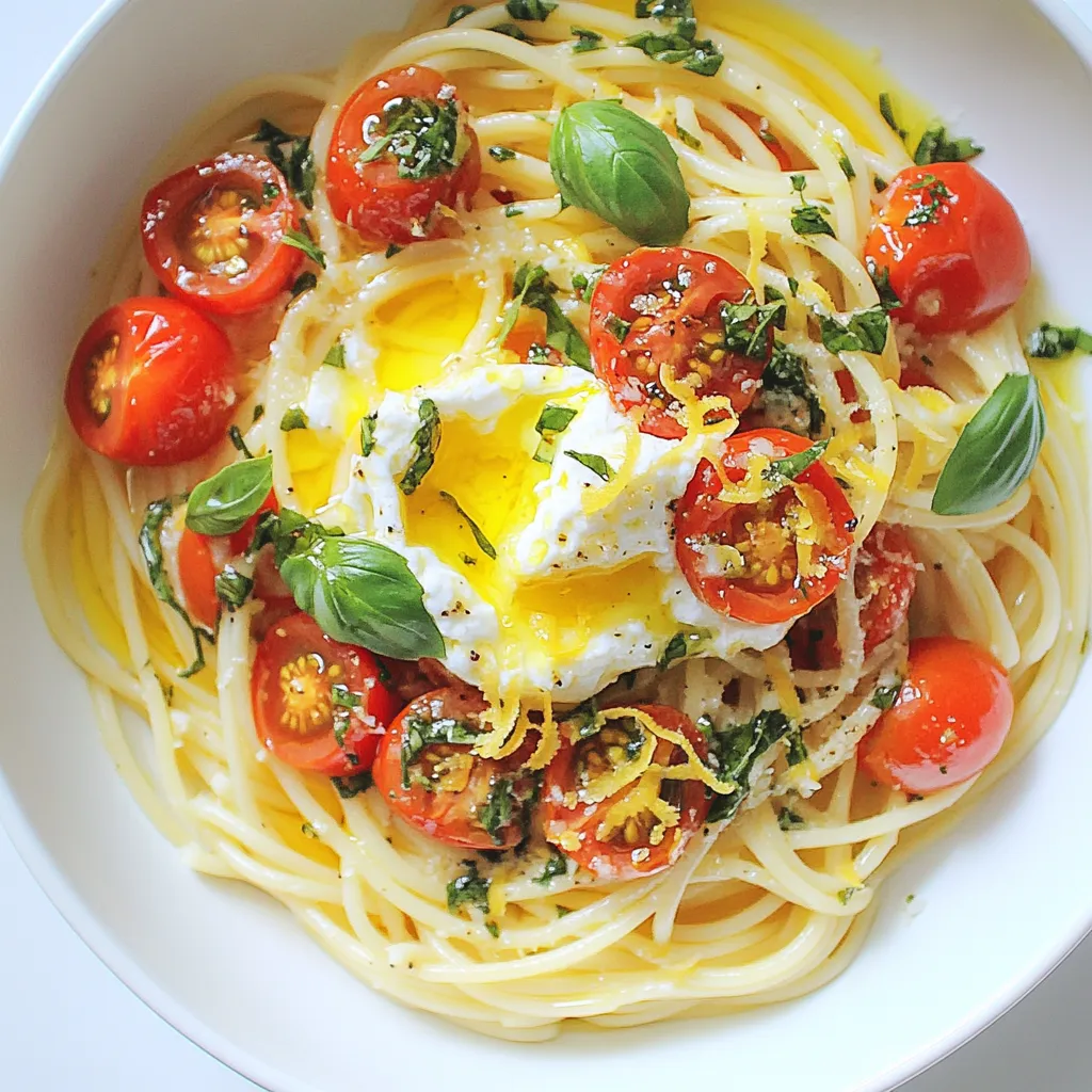 - 300g pasta (linguine or spaghetti) - 500g cherry tomatoes, halved - 250g fresh burrata cheese - 3 cloves garlic, minced - 3 tablespoons olive oil - 1 teaspoon red pepper flakes (adjust to taste) - Salt and pepper to taste - Fresh basil leaves, for garnish - Zest of 1 lemon When making Cherry Tomato Burrata Pasta, choose quality ingredients. Fresh cherry tomatoes burst with flavor and sweetness. Burrata adds a creamy touch that elevates the dish. I often use linguine, but spaghetti works well too. In the pantry, you need garlic, olive oil, and red pepper flakes. Garlic gives depth, while olive oil creates a nice base. Adjust red pepper flakes to your spice level; I like a little heat. Season your dish with salt and pepper. Fresh basil leaves brighten the plate, adding color and flavor. Lemon zest gives a fresh twist, making each bite pop. These ingredients come together to create a fresh and flavorful meal. {{ingredient_image_1}} - Boil a large pot of salted water. - Add the pasta and cook until al dente. - Reserve about 1 cup of pasta water, then drain the rest. - In a large skillet, heat olive oil over medium heat. - Add minced garlic and sauté until you smell its aroma. - Next, add halved cherry tomatoes. Season with salt, pepper, and red pepper flakes. - Cook for 5 to 7 minutes until the tomatoes soften and burst. - Toss the cooked pasta with the sautéed tomatoes in the skillet. - Add reserved pasta water little by little to create a sauce. - Cook for an extra 1 to 2 minutes until everything is hot. - Transfer the pasta to serving plates. Tear the burrata and place it on top. - Sprinkle lemon zest over the dish and add fresh basil for garnish. To know when pasta is al dente, bite a piece. It should be firm yet cooked. I suggest checking the package for timing. Remember, you can always cook it a bit longer if needed. When cooking, reserve about one cup of pasta water before draining. This water is starchy and can help your sauce stick to the pasta. Add it slowly to control the sauce's thickness. To adjust the spice level, use red pepper flakes. Start with a teaspoon. If you like more heat, you can add more. Taste as you go to find your perfect level. You can substitute ingredients for fresh ideas. Try using different tomatoes, like grape or heirloom. You can also swap burrata for mozzarella for a different flavor. Serve your pasta in shallow bowls. This makes it easy to enjoy. Place a generous piece of burrata right on top for a nice look. For garnish, sprinkle fresh basil leaves over the dish. You can also drizzle some olive oil to add shine. A touch of lemon zest brightens the dish and adds color. Pro Tips Use Quality Pasta: High-quality pasta will hold the sauce better and enhance the overall flavor of the dish. Don't Overcook the Tomatoes: Cook the cherry tomatoes just until they start to burst to preserve their sweetness and texture. Adjust Spice Level: Feel free to increase or decrease the red pepper flakes according to your heat preference for a personalized kick. Serve Immediately: This dish is best enjoyed fresh, so serve it right after plating for the best flavor and texture. {{image_2}} You can change the type of pasta for this dish. Try gluten-free pasta if needed. Brands like brown rice or quinoa pasta work well. These pasta types keep the meal tasty and light. If you want to swap out burrata, consider mozzarella or ricotta. Both add creaminess but give a different taste. Mozzarella melts nicely, while ricotta offers a fluffier texture. Want to add protein? Grilled chicken or shrimp makes a great addition. Simply cook them separately and mix them in at the end. This extra protein boosts flavor and makes the meal heartier. If you're vegetarian, try adding chickpeas. They add protein and a nice texture. Just toss them in when you mix the pasta and sauce. Make this dish more colorful with seasonal veggies. Spinach or zucchini blend well with the flavors. Add spinach during the last minute of cooking. For zucchini, slice it thin and sauté it with the tomatoes. This way, you keep the dish fresh for any season. You can also add other veggies based on what's in season. This keeps your meals exciting and tasty year-round. To keep your Cherry Tomato Burrata Pasta fresh, store leftovers in an airtight container. Use a container that fits the amount of pasta to limit air exposure. If you have extra burrata, store it separately. This keeps the cheese from getting soggy. Place the pasta in the fridge right away. It can last for up to three days. When it's time to enjoy leftovers, reheat gently. Use a skillet over low heat for the best results. Add a splash of olive oil or a bit of pasta water to keep it moist. Stir often to ensure even heating. This way, your pasta remains tasty and the burrata stays creamy. You can freeze Cherry Tomato Burrata Pasta, but it's best to freeze without the burrata. Pasta can lose texture when frozen with cheese. Place the cooled pasta in a freezer bag, removing excess air. To thaw, move it to the fridge overnight. Reheat in a skillet, adding fresh burrata just before serving for a delightful touch. To make this dish vegan, swap burrata with a plant-based cheese. You can also use cashew cream for a creamy texture. Replace olive oil with avocado oil if you prefer. Use vegetable broth instead of pasta water for added flavor. Fresh basil and lemon zest will still add brightness. Yes, you can use canned tomatoes! Choose high-quality whole or diced tomatoes. Drain excess liquid to avoid a watery sauce. Cook them in the same way as fresh tomatoes. This option is great if fresh tomatoes are out of season. Look for burrata that feels soft and plump. Check the packaging for a recent date. Fresh burrata has a creamy inside and a delicate outer shell. It should not be too dry or too runny. Smell for a fresh, milky scent. Many sides work well with this dish. A simple green salad adds crunch. Grilled vegetables bring a smoky flavor. Garlic bread is a great choice too. For a light option, try steamed asparagus or sautéed spinach. This blog post covered the tasty Cherry Tomato Burrata Pasta from ingredients to storage tips. You learned the main ingredients, how to cook and serve the dish, and even variations and storage options. This easy recipe is sure to impress. Try it with your favorite pasta and enjoy! Taste fun flavors, and don't forget to add your own twist. Cooking should be an adventure, so have fun with it!
