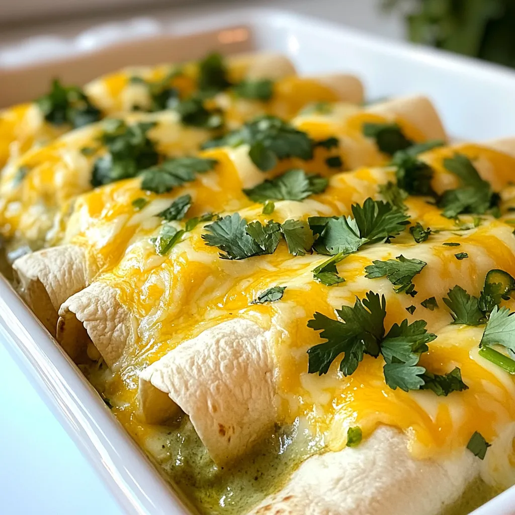 To make creamy white chicken enchiladas, gather these key ingredients: - 2 cups cooked chicken, shredded - 1 cup cream cheese, softened - 1 cup sour cream - 1 cup shredded Monterey Jack cheese - 1 can (10 oz) green enchilada sauce - 1/2 cup chopped green onions - 8 flour tortillas - 1 teaspoon garlic powder - 1 teaspoon onion powder - Salt and pepper to taste - Fresh cilantro, for garnish These ingredients blend nicely to create a rich and creamy filling. The chicken provides protein, while the cream cheese and sour cream add creaminess. The green enchilada sauce gives a zesty kick, making this dish delightful. You might want to swap some ingredients. Here are some common substitutes: - Use rotisserie chicken for quick prep. - Swap cream cheese with Greek yogurt for a lighter option. - Try different cheeses like cheddar or pepper jack for added flavor. - If you prefer, use corn tortillas instead of flour ones. These swaps can make the dish fit your taste or dietary needs while keeping it delicious. Choosing quality ingredients is key to great flavor. Here are some tips: - Look for fresh chicken without added preservatives. - Choose full-fat cream cheese and sour cream for richness. - Select good-quality cheese with a nice melt. - For green onions, pick firm stalks with bright green tops. Fresh ingredients help the flavors shine through in your enchiladas. Quality matters, so invest in your ingredients for the best results. {{ingredient_image_1}} Start by preheating your oven to 350°F (175°C). In a large bowl, mix the cooked chicken, cream cheese, and sour cream. Add half a cup of Monterey Jack cheese, chopped green onions, garlic powder, onion powder, salt, and pepper. Stir well until everything is nicely combined. This mixture gives the enchiladas a creamy and rich flavor. Grab a flour tortilla and place about 1/4 cup of the chicken mixture in the center. Roll it up tightly, making sure the filling stays inside. Place the rolled tortilla seam-side down in a greased 9x13 inch baking dish. Repeat this for all the tortillas. This step creates a beautiful layer of enchiladas that will be delicious when baked. Once all the tortillas are in the dish, pour the green enchilada sauce evenly over them. Then sprinkle the remaining Monterey Jack cheese on top. Cover the dish with aluminum foil and bake it for 20 minutes. After that, remove the foil and bake for another 10 minutes. The cheese should be bubbly and golden when done. Let the dish cool for a few minutes before serving. Enjoy your creamy white chicken enchiladas! For creamy enchiladas, Monterey Jack cheese is a great choice. It melts well and adds a mild flavor. You can also mix in some sharp cheddar for extra richness. Pepper Jack cheese gives a nice spicy kick if you like heat. Don't forget to sprinkle some cheese on top for a bubbly finish. To make your enchiladas pop, add spices like cumin or smoked paprika. These spices bring warmth and depth to the dish. Fresh herbs like cilantro or parsley can brighten up the flavor. You can also add lime juice for a zesty touch. Experiment with these to find your favorite blend. Make these enchiladas ahead of time for a quick dinner. You can prepare the filling and roll the tortillas a day in advance. Store them in the fridge until you’re ready to bake. If you want to freeze them, wrap the assembled enchiladas tightly. When ready to cook, just add a few extra minutes to the baking time. Pro Tips Use Rotisserie Chicken: For a quicker option, use store-bought rotisserie chicken. It saves time and adds great flavor. Customize Your Cheese: Feel free to mix different types of cheese, such as pepper jack for a spicy kick or cheddar for a sharper taste. Add Veggies: Incorporate vegetables like bell peppers or spinach into the chicken mixture for added nutrition and flavor. Make Ahead: Assemble the enchiladas in advance and refrigerate before baking. Just add a few extra minutes to the baking time. {{image_2}} You can easily make this dish vegetarian. Replace the chicken with veggies like zucchini, bell peppers, or mushrooms. Chop them into small pieces and sauté them until soft. Mix these veggies with cream cheese and sour cream for a creamy filling. This way, you keep the rich taste while making it meat-free. For those who enjoy heat, spice it up! Add sliced jalapeños to the filling or drizzle hot sauce on top. If you like a stronger kick, mix in some diced jalapeños into the chicken mixture. This will give your enchiladas a fun, fiery flavor that will excite your taste buds. While green enchilada sauce is tasty, try red sauce for a different flavor. You can also make your own sauce at home. Blend tomatoes, onions, garlic, and chili powder for a fresh taste. Pour this over your enchiladas before baking for a new twist on this classic dish. After enjoying your creamy white chicken enchiladas, store any leftovers. Place them in an airtight container. This will keep them fresh for up to three days. Make sure to let them cool before sealing. If you have extra sauce, keep it separate. When you reheat your enchiladas, keep them moist. Preheat your oven to 350°F (175°C). Place the enchiladas in a baking dish. Add a splash of water or extra sauce on top. Cover with foil to prevent drying. Heat for about 15-20 minutes until warm. You can freeze these enchiladas for later. Wrap each enchilada tightly in plastic wrap. Then, place them in a freezer bag. They can last for up to three months in the freezer. To thaw, place them in the fridge overnight. When ready to eat, reheat as described above. Yes, you can use corn tortillas. They add a nice flavor and texture. Just make sure to warm them up before rolling. This helps prevent tearing and makes them easier to handle. If you like a gluten-free option, corn tortillas are a great choice. To spice up your enchiladas, add jalapeños to the chicken mix. You can also mix in some hot sauce or chili powder. If you want extra heat, sprinkle cayenne pepper on top before baking. Taste as you go to find your perfect level of spice. Absolutely! You can assemble the enchiladas earlier in the day. Just cover them tightly and store in the fridge. When you’re ready to eat, pour on the sauce and bake. This makes it easy for busy nights or gatherings. A fresh salad pairs well with the enchiladas. You can also serve rice or beans on the side. For a crunchy touch, try tortilla chips with salsa. These sides balance the creaminess and add extra flavor to your meal. Creamy White Chicken Enchiladas are easy to make and delicious. We covered key ingredients, cooking steps, and helpful tips. I shared ideas for variations, like vegetarian options and spicy twists. Proper storage helps you enjoy leftovers without losing taste. Now, you can create your own enchiladas with confidence. Explore the flavors and make it your own. With these guidelines, your next meal will be a hit. Enjoy every bite!