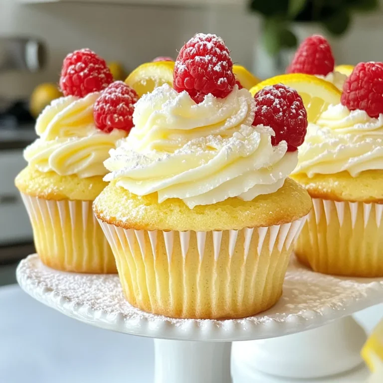 When making Raspberry Lemonade Cupcakes, quality ingredients make a big difference. Here’s what you need: - 1 cup all-purpose flour - 1 cup granulated sugar - 1/2 cup unsalted butter, softened - 2 large eggs - 1/2 cup buttermilk - 1/4 cup fresh lemon juice - Zest of 1 lemon - 1 teaspoon baking powder - 1/2 teaspoon baking soda - 1/4 teaspoon salt - 1 cup fresh raspberries (plus extra for garnish) - 1 teaspoon vanilla extract - Optional: Powdered sugar for dusting These ingredients blend to create a delightful cupcake. Each one plays a role. The flour gives structure. Sugar adds sweetness. Butter keeps the texture moist. Eggs help bind everything together. Buttermilk brings a nice tang. Fresh lemon juice and zest pack a punch of flavor. Baking powder and baking soda ensure the cupcakes rise. Salt balances the sweetness. Raspberries provide a burst of fruity goodness. Finally, vanilla extract rounds it all out with warmth. Using fresh ingredients will elevate your cupcakes. Choose ripe raspberries for the best taste. Fresh lemon juice and zest add brightness. Always measure carefully for the best results. Enjoy preparing your Raspberry Lemonade Cupcakes! {{ingredient_image_1}} 1. Preheat your oven to 350°F (175°C). This helps the cupcakes bake evenly. 2. Line a muffin tin with cupcake liners. This keeps them from sticking. 1. In a bowl, cream together 1/2 cup softened butter and 1 cup granulated sugar. Mix until light and fluffy, about 3-4 minutes. 2. Add in 2 large eggs, 1 teaspoon vanilla extract, 1/4 cup lemon juice, and the zest of 1 lemon. Mix well until everything is combined. 1. In another bowl, whisk together 1 cup all-purpose flour, 1 teaspoon baking powder, 1/2 teaspoon baking soda, and 1/4 teaspoon salt. 2. Gradually add the dry mix to the wet mix, alternating with 1/2 cup buttermilk. Start and end with the dry mix. Mix until just combined. 3. Gently fold in 1 cup of fresh raspberries. Be careful not to overmix. 1. Divide the batter evenly among the cupcake liners. Fill each about 2/3 full. 2. Bake in your preheated oven for 18-20 minutes. A toothpick should come out clean when done. 3. After baking, let the cupcakes cool in the pan for 5 minutes. Then, move them to a wire rack to cool completely. How to check for doneness To see if your cupcakes are ready, use a toothpick. Insert it into the center of a cupcake. If it comes out clean, they are done. If you see batter, bake them a little longer. Avoiding overmixing Mix your batter just until combined. Overmixing can make the cupcakes tough. When you add the raspberries, fold them in gently. This keeps the berries whole and the texture light. Suggestions for enhancing lemon flavor For a stronger lemon taste, add more lemon zest. You can also use lemon extract. A splash of lemon soda in the batter gives a fun twist too! Tips for using different berry varieties You can swap raspberries with other berries. Blueberries or strawberries work great. Just remember, if you use bigger berries, cut them into smaller pieces. Best frosting pairings Cream cheese frosting pairs well with these cupcakes. It adds a nice tang. You can also try a lemon buttercream for a sweeter touch. Presentation ideas For a pretty look, place a raspberry on top of each cupcake. Dust them lightly with powdered sugar before serving. This gives a nice finish and makes them eye-catching! Pro Tips Use Fresh Raspberries: For the best flavor, use fresh raspberries rather than frozen. They provide a burst of juicy flavor that complements the lemon beautifully. Check for Doneness: Oven temperatures can vary, so start checking your cupcakes a few minutes before the recommended baking time to ensure they don’t overbake. Alternate Mixing: When combining wet and dry ingredients, alternate adding them to the bowl. This helps to achieve a smoother batter without overmixing. Cool Completely: Make sure to let the cupcakes cool completely before frosting or adding powdered sugar, as heat can cause it to melt. {{image_2}} You can mix things up with raspberries and other fruits. Strawberries, blueberries, or blackberries work well. Each fruit adds its own taste. Try adding a splash of lime or orange juice for a different twist. This gives your cupcakes a fun, fruity vibe. If you need gluten-free options, use almond or coconut flour. These flours give a nice texture. For a vegan version, switch out butter for coconut oil. You can replace eggs with applesauce or flaxseed meal. These changes keep the cupcakes tasty and moist. Pair these cupcakes with lemon buttercream or cream cheese frosting. Both add a creamy touch. You can also turn this recipe into a cake. Just adjust the baking time. A round cake can be great for parties and gatherings. For short-term storage, keep your raspberry lemonade cupcakes in an airtight container. This method keeps them moist for about three days. Place them at room temperature away from direct sunlight. If you want to enjoy them later, freezing is a great option. Wrap each cupcake in plastic wrap, then place them in a freezer bag. They can last up to three months in the freezer. Just remember to label the bags with the date! These cupcakes last about three days at room temperature. If you keep them in the fridge, they can last up to a week. The cold can dry them out, so make sure they are sealed tightly. If you notice any signs of mold or an off smell, it’s best to throw them away. To revive your cupcakes, use the microwave. Heat them for about 10-15 seconds to warm them up. This method makes them soft again. If you want to keep the frosting intact, avoid microwaving them for too long. Enjoy your tasty creation with that fresh raspberry flavor! These Raspberry Lemonade Cupcakes stand out for their bright, zesty flavor. The sweet raspberries mix well with the tangy lemon juice. Each bite offers a refreshing taste, perfect for sunny days. The texture is light and fluffy, thanks to the creaming method used for the butter and sugar. This method creates air pockets, making the cupcakes rise beautifully. The fresh raspberries add bursts of flavor, making every cupcake a delightful treat. Yes, you can make these cupcakes ahead of time. I suggest baking them a day in advance. After baking, allow the cupcakes to cool completely. Store them in an airtight container at room temperature. For best results, frost them just before serving. This keeps the frosting fresh and the cupcakes moist. If you want to freeze them, wrap each cupcake in plastic wrap. They can last up to three months in the freezer. Sinking cupcakes often result from a few common mistakes. Overmixing the batter can create too much air, causing them to rise too quickly and then collapse. To avoid this, mix until just combined. Another cause is adding too many wet ingredients. Stick to the recipe to maintain the right balance. Lastly, check your baking powder and baking soda for freshness. Old leavening agents can lead to flat cupcakes. In this post, we explored how to make delicious lemon raspberry cupcakes. We discussed essential ingredients, step-by-step instructions, and helpful tips. You learned about flavor variations, storage, and how to keep your cupcakes fresh. Remember, baking is all about experimenting. Try different flavors and find what you love. Unique treats can brighten any day. Happy baking!