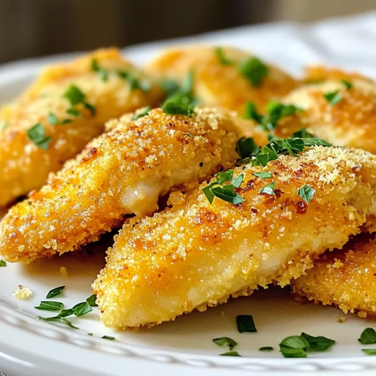 To make Garlic Parmesan Chicken Tenders, gather these ingredients: - 1 pound chicken tenders - 1 cup all-purpose flour - 2 large eggs - 1 cup breadcrumbs (panko works best) - 1 cup grated Parmesan cheese - 4 cloves garlic, minced - 1 teaspoon dried oregano - 1 teaspoon paprika - Salt and pepper to taste - 1/4 cup fresh parsley, chopped (for garnish) - 1/4 cup olive oil (for frying) You can swap ingredients based on what you have: - For gluten-free, use gluten-free flour and breadcrumbs. - Try other cheeses like mozzarella or cheddar if you prefer. - If you don't have fresh garlic, use garlic powder (1/2 teaspoon). - Instead of parsley, use basil or cilantro for a different flavor. Having the right tools makes cooking easier: - Three mixing bowls for the breading station. - A large skillet for frying the chicken. - Tongs for flipping the tenders. - A paper towel-lined plate to drain excess oil. - A whisk for beating the eggs. These tools help you make crispy, tasty chicken tenders with ease. Enjoy the process! {{ingredient_image_1}} Start by gathering your bowls. You need three. In the first bowl, add one cup of all-purpose flour. This flour gives your tenders a nice base. In the second bowl, crack two large eggs. Whisk them until they blend well. In the last bowl, mix one cup of breadcrumbs with one cup of grated Parmesan cheese. Add four minced garlic cloves, one teaspoon of dried oregano, one teaspoon of paprika, and salt and pepper. This mix will give your chicken a yummy flavor. Take one pound of chicken tenders and pat them dry with a paper towel. This helps the coating stick better. Lightly season the tenders with salt and pepper. Now, it’s time to coat them. First, dredge each tender in the flour. Shake off any extra flour. Next, dip it in the egg mix, making sure it’s fully coated. Finally, place it in the breadcrumb mixture. Press down gently to help the crumbs stick. Heat a large skillet over medium heat. Add one-fourth cup of olive oil. Wait until the oil is hot but not smoking. This step is key for crispy tenders. Add the breaded chicken tenders in batches. Be careful not to crowd the pan. Cook each side for about 4-5 minutes. You want them golden brown and cooked through. When done, use tongs to remove the tenders from the skillet. Place them on a paper towel-lined plate to soak up extra oil. Serve warm and garnish with chopped fresh parsley for a bright touch. To make your chicken tenders extra crunchy, use panko breadcrumbs. Panko is lighter and flakier than regular breadcrumbs. This gives you a crispier texture. You can also double coat your tenders. First, coat them in flour, dip in egg, and then coat again in breadcrumbs. This adds even more crunch! You can change the flavor of your chicken tenders easily. Try adding lemon zest for a bright taste. A pinch of cayenne pepper gives a spicy kick. You can also mix in different herbs. Basil or thyme would work well. Experiment to find your favorite! Always wash your hands before and after handling raw chicken. Use separate cutting boards for raw meat and veggies. This prevents cross-contamination. Make sure the chicken reaches an internal temperature of 165°F. Use a meat thermometer to check this. Finally, let the oil heat before adding the chicken. This helps it cook evenly and keeps it crispy. Pro Tips Tip Title: Use Panko Breadcrumbs: Panko breadcrumbs provide an extra crunch that regular breadcrumbs can’t match, making your chicken tenders even more delicious. Tip Title: Season Each Layer: Don’t skip seasoning the flour and egg mixture. This adds depth to the flavor of the chicken tenders at every layer of breading. Tip Title: Maintain Oil Temperature: Ensure the oil is hot enough before adding the chicken. If it’s not hot enough, the tenders will absorb too much oil and become greasy. Tip Title: Let Rest After Cooking: Allow the chicken tenders to rest on a paper towel-lined plate for a few minutes after frying. This helps to keep them crispy and reduces excess oil. {{image_2}} You can make a healthier version of garlic Parmesan chicken tenders by baking them. To do this, follow the same steps for breading the chicken. Instead of frying, place the chicken on a baking sheet lined with parchment paper. Spray the tenders lightly with olive oil. Bake in a preheated oven at 400°F (200°C) for about 20 minutes. This method gives you crunchy tenders with less oil. If you like heat, add spice to your chicken tenders. Mix in some cayenne pepper or crushed red pepper flakes with the breadcrumb mixture. You can also add a dash of hot sauce to the egg mixture. This variation brings a nice kick and pairs well with the garlic and Parmesan flavors. For a gluten-free option, swap the all-purpose flour and breadcrumbs. Use a gluten-free flour blend instead. For the breadcrumbs, try crushed gluten-free crackers or panko. The taste will still be amazing, and you won’t miss the gluten at all. Just follow the same steps as before, and you’ll have delicious gluten-free garlic Parmesan chicken tenders. To keep your garlic Parmesan chicken tenders fresh, place them in an airtight container. Let them cool to room temperature first. Then, store them in the fridge. They will stay good for about 3 to 4 days. Make sure to label the container with the date you made them. This way, you’ll know when to use them. When you're ready to enjoy your leftovers, reheating them right is key. Preheat your oven to 375°F (190°C). Place the chicken tenders on a baking sheet. Bake them for about 10 to 15 minutes. This will make them crispy again. If you’re in a hurry, you can use the microwave. Heat them on a plate for about 1 to 2 minutes. But, keep in mind they might not be as crispy. If you want to save some chicken tenders for later, freezing is a great option. First, let them cool completely. Then, place them in a freezer-safe bag or container. Try to remove as much air as possible to prevent freezer burn. They can last in the freezer for about 2 to 3 months. When you're ready to eat them, thaw them in the fridge overnight before reheating. Garlic Parmesan chicken tenders last about three to four days in the fridge. Make sure to store them in an airtight container. This keeps them fresh and tasty. If you want to keep them longer, freeze them. In the freezer, they can last for up to three months. Yes, you can use chicken breasts instead of tenders. Just cut the breasts into strips that are about the same size as tenders. This helps them cook evenly. Keep in mind that cooking times may change. Thicker pieces may need a bit more time in the skillet. You can serve garlic Parmesan chicken tenders with many sides. Some great options include: - French fries - Coleslaw - Salad - Garlic bread - Mashed potatoes These sides pair well and add variety to your meal. Enjoy mixing and matching to find your favorite combinations! You learned how to make delicious garlic Parmesan chicken tenders. We discussed the key ingredients and substitutions you can use. I provided easy steps for cooking and offered tips for extra crunch and flavor. We explored variations like baked and spicy tenders. Finally, we covered how to store and reheat your leftovers. Remember, with simple tweaks, you can make these tenders your own. Enjoy your cooking adventures and impress your family and friends!
