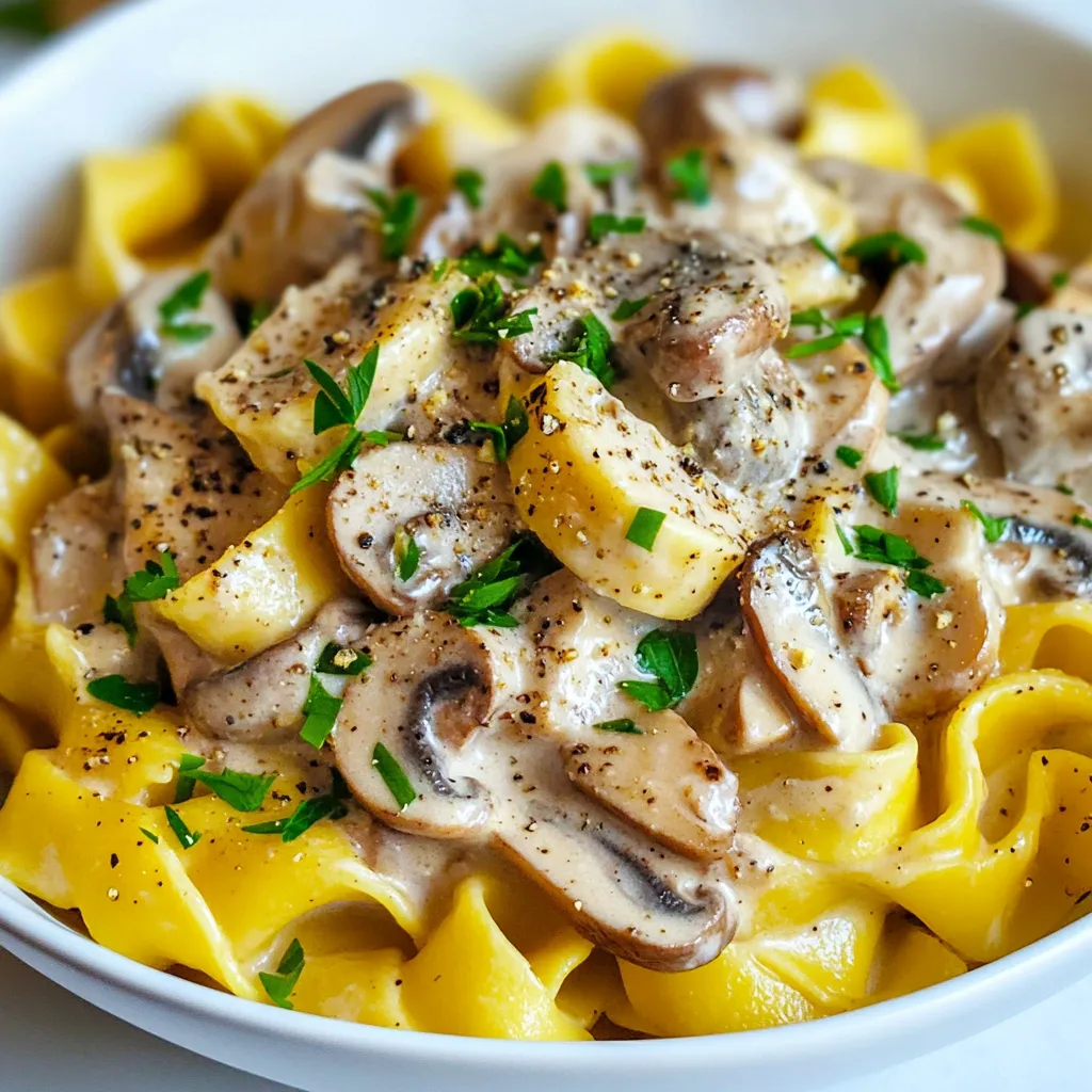 To make a tasty creamy mushroom stroganoff, you need a few simple ingredients. Here’s the list: - 12 oz wide egg noodles - 2 tablespoons olive oil - 1 medium onion - 4 garlic cloves - 16 oz mixed mushrooms (cremini, shiitake, button) - 1 tablespoon soy sauce - 1 teaspoon dried thyme - 1 cup vegetable broth - 1 cup sour cream (or non-dairy alternative) - 2 tablespoons all-purpose flour - Salt and pepper - Fresh parsley for garnish These ingredients create a rich and cozy dish. The wide egg noodles provide a perfect base. The mix of mushrooms adds great flavor and texture. Use fresh ingredients for the best taste. Make sure to have everything before you start cooking. This will help things move smoothly in the kitchen. {{ingredient_image_1}} To cook the egg noodles, fill a large pot with salted water. Bring it to a rolling boil. Add the noodles and cook according to the package instructions. Stir them often. This helps prevent sticking. You want the noodles to be al dente, firm but not hard. They should have a slight bite when you taste them. Once they are done, drain the noodles and set them aside. In a large skillet, heat two tablespoons of olive oil over medium heat. Add the finely chopped onion. Sauté for about three to four minutes until it turns soft and translucent. This step brings out the sweet flavors of the onion. Next, add the minced garlic and cook for one minute. You want the garlic to become fragrant but not brown. Now, add the sliced mushrooms to the skillet. Use a mix of cremini, shiitake, and button mushrooms for great flavor. Cook the mushrooms for five to seven minutes. They should release their moisture and turn a lovely golden brown. This caramelization adds depth to the dish. To check if they are done, look for a soft texture and a rich color. In a separate bowl, mix one cup of vegetable broth with two tablespoons of flour. Whisk until smooth. Slowly pour this mixture into the skillet, stirring constantly. This helps prevent lumps in your sauce. Bring the sauce to a simmer and let it cook for four to five minutes. It should thicken nicely. Once thickened, reduce the heat to low and stir in one cup of sour cream. This adds creaminess and richness to the sauce. Taste and adjust the seasoning with salt and pepper as needed. This step is key for enhancing the flavors of your stroganoff. Add the cooked egg noodles to the skillet, gently tossing them in the creamy mushroom sauce. Make sure all the noodles are well-coated. For a beautiful presentation, serve the stroganoff in shallow bowls. Top each dish with fresh parsley and a sprinkle of cracked black pepper for color and flavor. Enjoy this warm, cozy meal! - To avoid sticky noodles, cook them al dente. Drain them right away. - For sautéing mushrooms, use medium heat. This helps them brown nicely. Stir often to cook them evenly. - Add spices like paprika or cayenne for extra warmth. A dash of nutmeg can deepen the flavor too. - Fresh herbs, like parsley or thyme, provide bright flavor. Dried herbs work but may lack some freshness. - To streamline the cooking process, prep all ingredients first. Chop and measure them before starting. - You can prepare the onion, garlic, and mushrooms ahead of time. This saves you time when cooking. Pro Tips Use Fresh Mushrooms: Opt for a mix of fresh mushrooms for a deeper flavor profile and a variety of textures in your stroganoff. Thickening the Sauce: For a creamier sauce, allow the mixture to simmer longer after adding the flour and vegetable broth, stirring often to prevent sticking. Non-Dairy Alternatives: If using a non-dairy sour cream, make sure it's unsweetened to maintain the savory essence of the dish. Herb Variations: Experiment with fresh herbs like dill or chives for a burst of freshness and added complexity to the flavors. {{image_2}} You can easily add meat to your stroganoff. Chicken or beef works great. To add chicken, use diced pieces. Cook them in the skillet before adding the onions. If you choose beef, slice it thinly and cook until browned. This helps keep the meat tender. Adjust the cooking time based on the meat you use. Chicken will take about 10 minutes, while beef may need 5-7 minutes. Ensure it reaches a safe temperature before serving. Want a vegan twist? Swap the sour cream for a non-dairy version. Coconut cream or cashew cream makes a great substitute. You can also use vegan noodles. For gluten-free options, choose rice noodles or gluten-free pasta. Look for brands that offer a similar texture. This way, everyone can enjoy a tasty bowl of stroganoff. Using seasonal veggies can enhance your dish. Try adding spinach or kale for added color and nutrients. Chopped bell peppers can also bring a fresh crunch. When it comes to mushrooms, mix it up! Use seasonal types like oyster or portobello. These can add unique flavors. Experimenting with different ingredients keeps your stroganoff exciting and fresh. To keep your creamy mushroom stroganoff fresh, store it in an airtight container. This helps to lock in the flavors. Let it cool down first to avoid steam buildup. The stroganoff stays good for about three to four days in the fridge. Be careful not to let it sit out too long. Use glass or BPA-free plastic containers. These are safe and easy to clean. They also help you see the food inside. If you have smaller portions, use smaller containers to save space. To reheat your stroganoff, the stove is best. Use a pan on low heat. Stir often, so it heats evenly. This method keeps the texture creamy. If it looks dry, add a splash of vegetable broth or water. This will help bring back the creaminess. Avoid the microwave if you can, as it may change the texture. Yes, you can freeze creamy mushroom stroganoff! It holds up well in the freezer. Use a freezer-safe container, leaving some space at the top. The sauce can expand when it freezes. Label the container with the date, so you know when to use it. It stays good for up to two months. To thicken your stroganoff, use a few simple methods. First, add all-purpose flour to the vegetable broth before mixing it in. This will help create a thicker sauce. You can also let the sauce simmer longer. This will allow some liquid to cook off, making it thicker. If you want a creamier texture, add more sour cream at the end. Always remember to stir well to combine. For creamy mushroom stroganoff, I love using a mix of mushrooms. Cremini mushrooms add a rich flavor. Shiitake mushrooms bring a nice depth, while button mushrooms offer a classic taste. Mixing these types gives the dish a great texture and taste. You can try other mushrooms too, like portobello for a meatier feel. Yes, you can! While this recipe uses wide egg noodles, feel free to switch it up. You can use pasta like fettuccine, penne, or even gluten-free options. Just remember to adjust the cooking time based on the type of noodles you choose. Cook them until they are al dente for the best results. Creamy mushroom stroganoff can be made healthier with some easy swaps. Use whole wheat noodles for added fiber. You can also replace sour cream with a non-dairy yogurt for fewer calories. Adding more vegetables, like spinach or bell peppers, boosts nutrition. Always check portion sizes to keep it balanced. This creamy mushroom stroganoff recipe stands out with its rich flavors and simple steps. We covered each ingredient and provided easy-to-follow instructions. You can make it your own by adding meats or choosing vegan options. Don’t forget about the storage tips to enjoy leftovers later. This dish is versatile and satisfying, perfect for any meal. Dive in and start cooking, and enjoy every bite of your delicious creation!