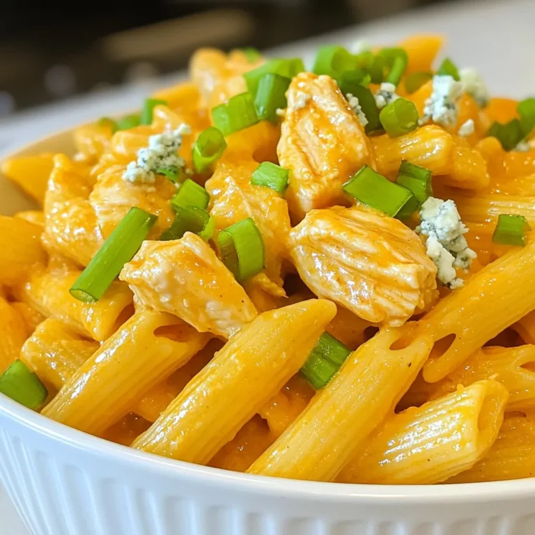To make Creamy Buffalo Chicken Pasta, you need a few simple ingredients. Each one plays a key role in creating a tasty dish. Here’s what you’ll need: - 8 oz penne pasta - 1 lb chicken breast, diced - 1 tablespoon olive oil - Salt and pepper to taste - 1 cup buffalo sauce - 1 cup heavy cream - 1 cup shredded cheddar cheese - 1/2 cup cream cheese, softened - 1/4 cup green onions, chopped (for garnish) - Crumbled blue cheese (optional, for garnish) These ingredients come together to create a creamy, spicy, and comforting meal. The penne pasta provides a great base, while the chicken adds protein and flavor. The buffalo sauce gives it a nice kick, and the creams and cheese make it rich and smooth. I love using fresh green onions for garnish. They add a nice crunch and color. If you enjoy blue cheese, sprinkle some on top for extra flavor. With these ingredients, you will create a dish that’s sure to please everyone at the table. {{ingredient_image_1}} Start by boiling a large pot of salted water. Add 8 ounces of penne pasta to the pot. Cook the pasta according to the package instructions, usually about 8-10 minutes. Stir it occasionally to prevent sticking. Once done, drain the pasta in a colander and set it aside. Remember, slightly undercooked pasta will absorb the sauce better later. Next, heat 1 tablespoon of olive oil in a large skillet over medium-high heat. While the oil heats, season 1 pound of diced chicken breast with salt and pepper. Add the chicken to the skillet and cook for about 6-8 minutes. Stir the chicken until it is browned and fully cooked. This step is key for juicy chicken. Once the chicken is cooked, pour in 1 cup of buffalo sauce. Stir it well and let it cook for 2-3 minutes until it’s heated through. Then, reduce the heat to medium-low. Add 1 cup of heavy cream, 1 cup of shredded cheddar cheese, and 1/2 cup of softened cream cheese to the skillet. Stir continuously until the cheese melts and the sauce becomes smooth and creamy. This sauce will bring everything together. Add the drained penne pasta to the skillet with the creamy sauce. Toss everything together gently to coat the pasta evenly. Make sure every piece of pasta gets wrapped in that delicious sauce. If it seems too thick, add a splash of pasta water to loosen it up. Taste your dish and adjust the seasoning. Add more salt, pepper, or buffalo sauce if you like it spicier. For garnishing, chop 1/4 cup of green onions and sprinkle them on top. You can also add crumbled blue cheese for extra flavor. Serve it warm, and enjoy this comforting meal! To get a smooth texture in your sauce, stir the heavy cream slowly. Mix it with the buffalo sauce and cheeses over low heat. This helps the cheese melt evenly. I recommend using sharp cheddar cheese. It adds a rich flavor that pairs well with the spices in buffalo sauce. To prevent mushy pasta, cook the penne until it is al dente. This means it should be firm when you bite into it. Be sure to drain the pasta well after cooking. Rinsing it briefly under cold water can help stop the cooking process and keep the pasta from sticking. You can substitute chicken breast with rotisserie chicken for a quicker option. If you want more heat, try adding cayenne pepper or red pepper flakes. These spices add a nice kick to the dish. You can also mix in different cheeses, like pepper jack, for a fun twist on flavor. Pro Tips Cook Pasta Al Dente: For the best texture, cook the penne pasta just until al dente. This way, it will hold up well when mixed with the sauce and not become mushy. Choose Your Buffalo Sauce Wisely: The flavor of the dish heavily depends on the buffalo sauce you use. Opt for a high-quality sauce for the best taste or make your own for a personalized kick! Stir Continuously: When adding the cheeses and cream to the skillet, stir continuously to ensure a smooth and creamy sauce without any lumps. Customize the Heat: If you prefer a milder dish, use less buffalo sauce or mix in some ranch dressing. For more heat, add extra sauce or include some red pepper flakes. {{image_2}} You can switch things up with chicken. Try using rotisserie chicken for quick meals. Just shred it and mix it into the sauce. You save time without losing flavor. If you're looking for a lighter option, turkey works great too. Simply replace the chicken breast with diced turkey. For a plant-based choice, tofu is an excellent substitute. Use firm tofu, press out the moisture, and sauté it in the skillet. Want a milder sauce? Just use less buffalo sauce. You can also mix in some ranch dressing for a creamy twist. If you love heat, add more spices like cayenne pepper or smoked paprika. These spices can enhance the flavor without changing the base of the dish. Try adding some garlic powder or onion powder for extra depth. If you need a gluten-free meal, use gluten-free penne pasta. It cooks well and has a nice texture. Whole grain pasta is another great choice. It adds fiber and nutrients to your dish. You can also try zoodles, which are zucchini noodles. They are low-carb and absorb the sauce nicely. Each option gives you a unique flavor and texture. To keep your creamy buffalo chicken pasta fresh, store leftovers in the fridge. Use airtight containers to prevent moisture loss. Glass containers work well as they do not absorb odors. Let the pasta cool before sealing it, and label the container with the date. This way, you can easily track how long it has been stored. You can freeze creamy buffalo chicken pasta if you want to save it for later. First, let it cool completely. Then, place portions in freezer-safe bags or containers. Remove as much air as possible to avoid freezer burn. When you are ready to eat, thaw it overnight in the fridge. Reheat it gently on the stove over low heat, adding a splash of cream or broth to restore its creaminess. In the fridge, creamy buffalo chicken pasta lasts about three to four days. If you freeze it, it can last for up to three months. Always check for signs of spoilage, such as an off smell or mold. If it looks or smells strange, it is best to throw it away. Yes, you can use other pasta types. I often use fusilli or rotini. These shapes hold sauce well. You could also try whole grain or gluten-free pasta. Just follow the package instructions for cooking time. This dish has a nice kick from the buffalo sauce. To make it milder, use less sauce. You can also mix in some cream or cheese to tone it down. If you love heat, add more buffalo sauce for a stronger flavor. Yes, you can make it ahead. Prepare the dish, then cool it down. Store it in the fridge for up to three days. When you’re ready to serve, reheat it in a skillet over low heat. Add a splash of cream if it seems dry. Many sides pair well with this dish. A simple green salad adds freshness. Garlic bread is another great choice. You can also serve it with steamed veggies for a healthy balance. You now have a complete guide to making creamy buffalo chicken pasta. We covered ingredients, step-by-step cooking, and tips for success. Remember, you can swap ingredients for your taste and dietary needs. This dish is great for meal prep and can be stored easily. I hope you enjoy making it as much as I enjoyed sharing these tips. Your creamy buffalo chicken pasta will surely impress a crowd!