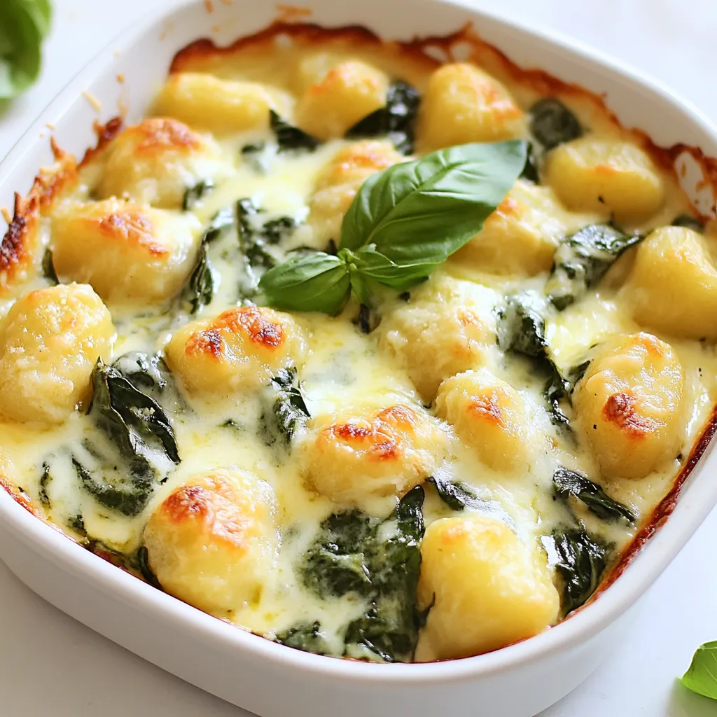 To make this creamy spinach gnocchi bake, gather these simple ingredients: - 1 pound potato gnocchi - 2 cups fresh spinach, chopped - 1 cup ricotta cheese - 1 cup mozzarella cheese, shredded - 1/2 cup grated Parmesan cheese - 1 cup heavy cream - 2 cloves garlic, minced - 1 tablespoon olive oil - Salt and pepper to taste - 1/4 teaspoon nutmeg - Fresh basil leaves for garnish These ingredients create a rich and tasty meal that everyone will love. The cheeses bring creaminess, while the spinach adds freshness. You can swap ingredients easily. If you do not have gnocchi, use pasta like penne or fusilli. For the ricotta cheese, cottage cheese works well, too. If you want a lighter option, use Greek yogurt in place of heavy cream. Want to keep it dairy-free? Use almond or coconut milk and vegan cheese options. Fresh spinach can be replaced with frozen spinach; just drain it well before using. Always choose fresh spinach for the best flavor. Look for bright green leaves without any brown spots. When using garlic, fresh cloves will give you a stronger taste than jarred. For the potatoes in gnocchi, choose starchy potatoes like Russets. This ensures a light and fluffy texture. Wash all your fresh ingredients well to remove dirt and grit. Use a sharp knife to chop your spinach finely, which helps it blend into the dish. By using fresh and high-quality ingredients, you can elevate this simple dish into something truly special. Enjoy your cooking! {{ingredient_image_1}} First, gather your ingredients. You will need: - 1 pound potato gnocchi - 2 cups fresh spinach, chopped - 1 cup ricotta cheese - 1 cup mozzarella cheese, shredded - 1/2 cup grated Parmesan cheese - 1 cup heavy cream - 2 cloves garlic, minced - 1 tablespoon olive oil - Salt and pepper to taste - 1/4 teaspoon nutmeg - Fresh basil leaves for garnish Next, preheat your oven to 375°F (190°C). This helps the dish cook evenly. Now, fill a large pot with salted water. Bring it to a boil. Once boiling, add the potato gnocchi. Cook them until they float to the top, about 2-3 minutes. This means they are done. Drain the gnocchi and set them aside for later. In a skillet, heat the olive oil over medium heat. Add the minced garlic and sauté for about 30 seconds. You want it fragrant but not burnt. Then, add the chopped spinach. Cook it until it wilts, about 2-3 minutes. Once done, remove it from the heat. In a large mixing bowl, combine the ricotta cheese, half of the mozzarella cheese, heavy cream, nutmeg, salt, and pepper. Mix well. Add the cooked gnocchi and the spinach mixture into the bowl. Stir until everything is coated nicely. Now, transfer the gnocchi mixture into a greased baking dish. Sprinkle the remaining mozzarella and all of the Parmesan cheese on top. It should look cheesy and delicious. Place the dish in the preheated oven. Bake for 20-25 minutes. You want the cheese to be bubbly and golden brown. After baking, let it cool for a few minutes. Garnish with fresh basil leaves before serving. Enjoy your meal! To make your Creamy Spinach Gnocchi Bake extra creamy, use full-fat ingredients. Opt for heavy cream and whole-milk ricotta. These will give you the rich texture you desire. Add a pinch of nutmeg for warmth and depth. It enhances the creaminess without overpowering the other flavors. Stir everything together well, so the gnocchi absorbs the sauce fully. Baking is key to a bubbly top. Preheat your oven to 375°F before you start. This way, the cheese melts evenly and gets golden brown. Use a greased baking dish to prevent sticking. Cover the dish with foil for the first half of baking. This helps keep moisture in. Remove the foil halfway to let the cheese brown nicely. Save time by using pre-made potato gnocchi. You can find it in most stores. Wash and chop the spinach in advance. This makes cooking quick and easy. You can also make the cheese mixture ahead of time and store it in the fridge. Just assemble everything when you're ready to bake. This way, you can enjoy a delicious meal without the rush. Pro Tips Use Fresh Spinach: Fresh spinach has a better flavor and texture compared to frozen. Be sure to wash and chop it just before using for the best results. Cheese Variations: Feel free to experiment with different cheeses like goat cheese or feta for a unique twist on the traditional flavor profile. Nutmeg Boost: A touch of nutmeg enhances the creaminess of the dish. Just a pinch can elevate the overall flavor, so don’t skip it! Rest Before Serving: Allow the dish to cool for a few minutes after baking. This helps the gnocchi set and makes serving easier. {{image_2}} You can easily add protein to this dish. Cooked chicken or turkey works well. Just shred or chop it into small pieces before mixing it in. Try adding cooked sausage for a richer flavor. If you want seafood, shrimp or crab can be delicious options too. They pair nicely with the creamy sauce. To make this dish vegetarian, simply skip the meat options. For a vegan version, swap the ricotta and mozzarella for plant-based cheeses. Cashew cheese or tofu can serve as great substitutes. Use coconut cream instead of heavy cream for a creamy texture. Don't forget to check that your gnocchi is egg-free! Play around with flavors to make it your own. Add sun-dried tomatoes or roasted red peppers for a new twist. A dash of lemon juice can brighten up the dish. Fresh herbs like thyme or oregano add depth as well. For spice, consider adding red pepper flakes for a kick. After your meal, let the Creamy Spinach Gnocchi Bake cool down. Place the leftovers in an airtight container. They stay fresh in the fridge for about three days. Label the container with the date. This way, you know when to eat them. To reheat, use the oven for the best results. Preheat it to 350°F (175°C). Place the gnocchi bake in an oven-safe dish. Cover it with foil to keep it moist. Heat for about 15-20 minutes. You can also use the microwave. Just warm it in short bursts. Stir to heat evenly, but it won't be as crispy. You can freeze the Creamy Spinach Gnocchi Bake for later. First, let it cool completely. Then, cut it into serving sizes. Wrap each piece tightly in plastic wrap. Place them in a freezer-safe bag. This way, you can enjoy it for up to three months. When ready to eat, thaw it in the fridge overnight. Reheat as mentioned before. Enjoy a quick homemade meal! You can use cottage cheese or cream cheese. Both have similar textures. If you want a lighter option, try Greek yogurt. This will add a nice tangy flavor. Each substitute will change the taste a bit. Experiment to find what you like best. Gnocchi cooks quickly. Watch for them to float. This usually takes about 2-3 minutes. When they float, they are ready. You can taste one to check if it's soft. Yes, you can prepare it the day before. Just follow all the steps and stop before baking. Cover the dish and store it in the fridge. When you're ready, bake it straight from the fridge. Just add a few extra minutes to the cooking time. Yes, you can freeze this dish. Make sure it cools fully before you freeze it. Place it in an airtight container or wrap it well. It can last up to three months in the freezer. To reheat, bake it from frozen for about 30-35 minutes. This blog post covered all you need for a delicious Creamy Spinach Gnocchi Bake. We explored the ingredients, offered cooking tips, and provided step-by-step instructions for success. You learned variations, storage tips, and answered common questions. Making this dish can be easy and fun. Now you have the tools to enjoy it your way. Try it out, get creative, and make it your own!