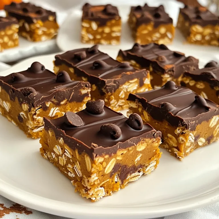 To make No Bake Pumpkin Chocolate Oat Bars, you will need these simple ingredients: - 1 cup rolled oats - 1/2 cup pumpkin puree - 1/4 cup almond butter (or any nut butter) - 1/4 cup honey or maple syrup - 1/3 cup dark chocolate chips - 1 teaspoon vanilla extract - 1 teaspoon pumpkin spice - 1/4 teaspoon salt - 1/4 cup chopped nuts (walnuts or pecans) (optional) These ingredients come together to create a tasty treat that is easy to make. You can swap some ingredients if needed. Here are my top picks: - Use peanut butter instead of almond butter for a different flavor. - Maple syrup can replace honey for a vegan option. - If you don’t have dark chocolate chips, try semi-sweet ones instead. - For a nut-free version, skip the nuts or use seeds like sunflower seeds. - Any milk alternative works well in place of almond butter. These changes let you customize your bars to your taste. Choose high-quality ingredients for the best flavor. - Fresh rolled oats give a nice texture and taste. - Use pumpkin puree that is 100% pumpkin for purity. - Raw honey offers the best flavor if used. - Dark chocolate should have at least 60% cocoa for richness. Good ingredients make a big difference in the final treat. You’ll taste the love in every bite! First, grab a large mixing bowl. Combine 1 cup of rolled oats, 1/2 cup of pumpkin puree, 1/4 cup of almond butter, and 1/4 cup of honey or maple syrup. Mix these well until they blend into a thick paste. Next, add 1 teaspoon of vanilla extract, 1 teaspoon of pumpkin spice, and 1/4 teaspoon of salt. Stir again until every part is fully mixed. This base will give the bars their great taste and texture. Now, it's time to add some fun! Fold in 1/3 cup of dark chocolate chips and 1/4 cup of chopped nuts if you like. This adds crunch and flavor. Then, line an 8x8 inch baking dish with parchment paper. This step helps with removing the bars later. Press the mixture evenly into the dish. Make sure it is compact; this helps the bars hold their shape when you cut them. Place the dish in the refrigerator. Let it chill for at least 2 hours. This waiting time makes the bars firm and easy to cut. Once they are set, remove them from the dish. Cut into square or rectangular bars. Enjoy your tasty No Bake Pumpkin Chocolate Oat Bars! They look great and taste even better. To get the best texture for your bars, make sure to use rolled oats. They give a chewy bite. If you want a finer texture, pulse the oats in a blender. This makes them smaller but still keeps the flavor. Press the mixture firmly in the dish. This step helps the bars hold together. Let them chill in the fridge for at least two hours. A longer chill time helps them firm up more. When mixing, start with the wet ingredients first. Combine pumpkin puree, almond butter, and honey or syrup. Mix them well before adding dry ingredients. This way, everything blends smoothly. Add vanilla extract, pumpkin spice, and salt next. Stir until combined. Finally, fold in chocolate chips and nuts gently. This keeps the chips intact. Make sure everything is evenly mixed for a balanced flavor. For serving, cut the bars into squares or rectangles. Use a sharp knife for clean cuts. Arrange them on a nice platter. Drizzle melted chocolate on top for a sweet touch. You can also sprinkle extra pumpkin spice for added flavor. For a festive look, place some fresh pumpkin on the side. This adds color and makes it fun! Enjoy your treats with friends or family for a tasty snack. {{image_2}} You can change the nut butter to fit your taste. Use peanut butter for a classic mix. Sunflower seed butter works for a nut-free option. If you want something creamier, try cashew butter. Each nut butter brings its own flavor and texture. This simple swap can make your bars unique and fun. Want a vegan version? Just swap honey for maple syrup. This keeps the bars plant-based and sweet. For a gluten-free option, make sure to use certified gluten-free oats. These small changes let everyone enjoy this tasty treat. Add more fun with mix-ins! You can use dried fruits, like cranberries or raisins. They add a nice chewiness. Seeds, like chia or sunflower, boost nutrition and add crunch. If you like coconut, try adding unsweetened flakes. These mix-ins help you customize your bars to your liking. To keep your No Bake Pumpkin Chocolate Oat Bars fresh, store them in the fridge. Use an airtight container for the best results. This method prevents the bars from drying out. If you stack them, place parchment paper between layers to avoid sticking. These bars last up to one week in the fridge. If you want to store them longer, freezing works well. Wrap each bar in plastic wrap, then place them in a freezer-safe bag. They can stay frozen for up to three months. Just thaw them in the fridge before eating. Choosing the right container matters. Use a glass or plastic container with a tight lid. This keeps moisture out and preserves flavor. Avoid metal containers, as they can alter the taste. If you plan to freeze, use freezer-safe bags or containers. Yes, you can use milk chocolate or semi-sweet chocolate. Both will work well in this recipe. Dark chocolate adds a rich taste, but milk chocolate will make the bars sweeter. Try using chocolate chunks for a fun texture. These bars last about one week in the fridge. Store them in an airtight container to keep them fresh. If you want to enjoy them longer, you can freeze them. They will stay good in the freezer for up to three months. Yes, you can use maple syrup or agave nectar as a sweetener. Both options will give a nice flavor. If you prefer a sugar substitute, try using stevia or monk fruit. Just adjust the amount to taste, as they are sweeter than honey. We covered how to make no-bake pumpkin chocolate oat bars from start to finish. You learned about key ingredients, step-by-step instructions, and useful tips for the best results. Variations allow you to change flavors and fit diets easily. Storing these bars well ensures they stay fresh longer. Remember, a few simple swaps or mix-ins can make a big difference. Enjoy making these bars, and share them with friends or family. Your next tasty treat is just a blend away!