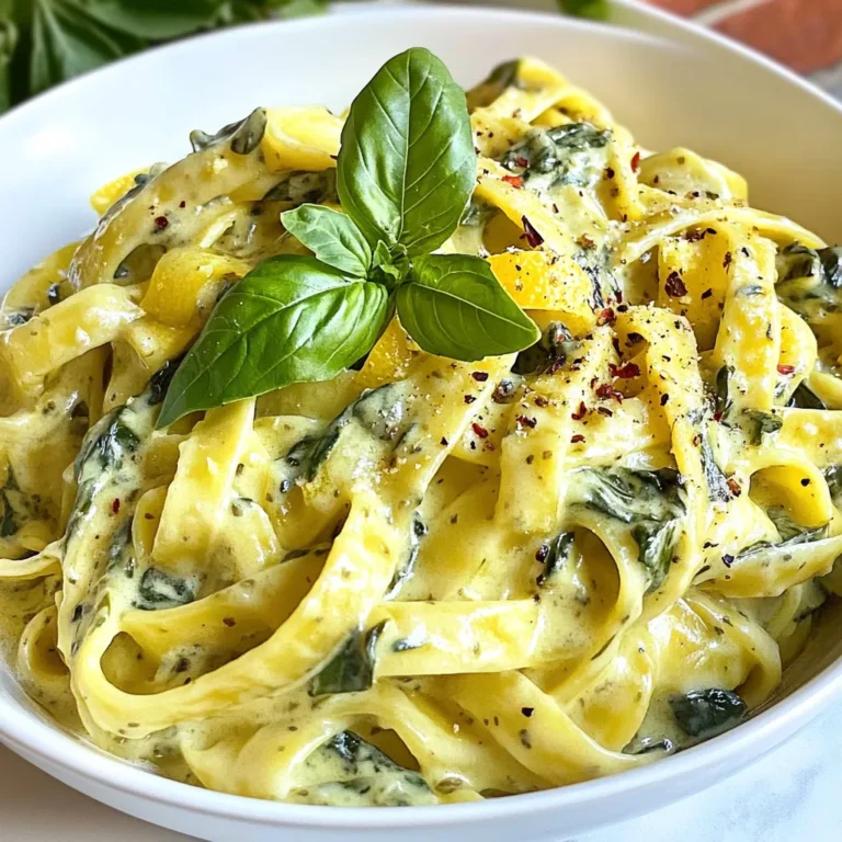 - 12 ounces fettuccine or pasta of choice - 2 tablespoons olive oil - 3 cloves garlic, minced - 5 cups fresh spinach, roughly chopped - 1 cup heavy cream - 1 cup grated Parmesan cheese - Zest of 1 lemon - 2 tablespoons lemon juice - Salt and pepper to taste - Red pepper flakes (optional, for heat) - Fresh basil leaves - Additional Parmesan for serving Gathering these ingredients makes this creamy lemon spinach pasta come alive. The fettuccine serves as a great base. You can pick your favorite pasta if you prefer something different. Olive oil and garlic are key for flavor. They give the dish a warm, inviting aroma. Fresh spinach adds a vibrant green color and healthy vitamins. Heavy cream brings the dish its creamy texture. The Parmesan cheese adds a salty depth, making each bite rich. Lemon zest and juice brighten the flavors. They cut through the creaminess with a fresh, zesty note. Seasoning with salt and pepper enhances all the flavors. If you enjoy a kick, add red pepper flakes for heat. Finally, fresh basil leaves and extra Parmesan serve as lovely garnishes. They make the dish look and taste amazing. Enjoy cooking this delightful recipe! {{ingredient_image_1}} First, fill a large pot with water. Add a good amount of salt and bring it to a boil. Once the water is bubbling, add 12 ounces of fettuccine or your favorite pasta. Cook it according to the package directions, usually about 8 to 10 minutes, until it is al dente. This means it should be firm but not hard. Before you drain the pasta, make sure to save 1 cup of that tasty pasta water. This water is great for later! Grab a large skillet and heat 2 tablespoons of olive oil over medium heat. Once it's warm, add 3 cloves of minced garlic. Sauté it for about 1 minute until it smells great but doesn’t burn. Now, toss in 5 cups of roughly chopped fresh spinach. Cook the spinach for about 3 to 4 minutes until it wilts down nicely. Lower the heat, then pour in 1 cup of heavy cream. Let it simmer for a couple of minutes. Add 1 cup of grated Parmesan cheese, the zest of 1 lemon, and 2 tablespoons of lemon juice. Stir until the cheese melts and the sauce becomes creamy. After the pasta is drained, add it to the skillet with the sauce. Toss everything together gently. If the sauce seems too thick, use that reserved pasta water a little at a time to get the creaminess just right. Now it's time to taste. Season with salt and pepper to your liking. If you want a little heat, add some red pepper flakes. Finally, serve your creamy lemon spinach pasta on plates and add some fresh basil leaves on top for a nice touch! To get the right creaminess in your sauce, pasta water is key. After cooking your pasta, save one cup of that starchy water. Add it slowly to your sauce, mixing well. This step will help you reach your desired texture. If the sauce seems too thick, just add more water until it’s smooth. Cooking your pasta al dente is crucial. Follow the package instructions but check a minute early. The pasta should be firm but not hard. This way, it will soak up the sauce better. Want to spice things up? You can add red pepper flakes to the sauce. This will give your dish a nice kick. If you don’t like heat, skip the flakes. For those with dietary needs, many options exist. You can use gluten-free pasta or dairy-free cream. Nutritional yeast can replace cheese for a vegan twist. Plating can make your dish pop! Use a shallow bowl for a nice look. After serving, add extra Parmesan and a twist of lemon zest on top. For extra flair, you can also sprinkle some fresh basil leaves. They add color and a fresh taste. Enjoy the compliments when you serve this beautiful dish! Pro Tips Use Fresh Spinach: Fresh spinach offers the best flavor and texture for this dish. Avoid using frozen spinach as it can make the sauce watery. Reserve Pasta Water: Always reserve some pasta water before draining. It helps to adjust the sauce's consistency and adds starch for better adherence to the pasta. Adjust Lemon Flavor: Feel free to adjust the amount of lemon zest and juice based on your taste preference. More lemon can brighten the dish, while less will create a creamier flavor. Garnish Creatively: Elevate your dish with garnishes like toasted pine nuts or a sprinkle of lemon zest for added texture and flavor. {{image_2}} You can add protein to your creamy lemon spinach pasta for a heartier meal. Chicken, shrimp, or tofu work great. - Chicken: Cook bite-sized pieces in the skillet before adding garlic. - Shrimp: Sauté shrimp until they turn pink before adding spinach. - Tofu: Use firm tofu, cubed and pan-fried for texture. For a vegetarian or vegan option, use tofu or skip the meat altogether. This makes the dish lighter and still tasty. Not a fan of fettuccine? You can use other pasta types! Whole wheat or gluten-free pasta are tasty swaps. - Whole Wheat: This option adds fiber and a nutty flavor. - Gluten-Free: Check cooking times on the package, as they can vary. Be mindful of cooking methods and timings. Always taste for doneness. Make your dish shine with seasonal veggies! In spring, add peas or asparagus. In summer, use zucchini or cherry tomatoes. - Spring Veggies: Peas bring sweetness, while asparagus adds crunch. - Summer Veggies: Zucchini gives a fresh taste, and tomatoes add color. You can also create a lighter version by using less cream in hot months. Just add more lemon juice for brightness! To keep your creamy lemon spinach pasta fresh, store it in an airtight container. Allow the dish to cool completely before sealing it. This helps avoid excess moisture, which can make the pasta soggy. When you want to eat it again, reheat gently. You can use the microwave or a skillet on low heat. Add a splash of water or extra cream to help keep it creamy. You can freeze creamy lemon spinach pasta, but it may change texture. To freeze, place the cooled pasta in a freezer-safe container. Leave some space at the top for expansion. When you're ready to eat, thaw it in the fridge overnight. Reheat it slowly, adding a bit of cream or pasta water to restore its creaminess. In the fridge, this dish stays good for about 3 to 4 days. After that, it may start to lose flavor and texture. Signs that the pasta has gone bad include a sour smell or mold. If you see either, it’s best to toss it out. Always trust your senses when it comes to food safety. Yes, you can prepare parts of this recipe ahead. Cook the pasta and make the sauce. Store them separately in the fridge. When ready to serve, combine them and heat gently. This keeps the pasta from getting soggy. You can use half-and-half or whole milk as a lighter option. Coconut cream is another great choice if you want a dairy-free alternative. These substitutes will still give you a creamy texture. To make this dish dairy-free, use coconut cream or cashew cream instead of heavy cream. Nutritional yeast can replace Parmesan cheese for a cheesy flavor. Check labels to ensure all ingredients are dairy-free. Yes, you can use frozen spinach. Thaw and drain it well before adding it to the skillet. This will keep your dish from becoming too watery. Absolutely! Creamy lemon spinach pasta is great for meal prep. Store it in airtight containers for quick lunches or dinners. Just reheat it on the stove or microwave. You can add cooked chicken, shrimp, or even chickpeas for a vegetarian option. Sauté them with the garlic for extra flavor. This will make the dish more filling and nutritious. Fettuccine is a classic choice, but you can use any pasta you like. Penne or rotini are great options, too. Just adjust the cooking time based on the pasta type. This blog post covered how to create a delicious creamy pasta dish. We explored key ingredients like fettuccine, olive oil, and fresh spinach. I showed you how to prepare a rich sauce and combine it with your pasta. We also discussed tips for perfect creaminess, variations with proteins, and storage options. Now you can enjoy this dish any way you like! Whether you're serving it at a dinner or enjoying it solo, these steps guarantee a tasty meal each time. Let's get cooking!